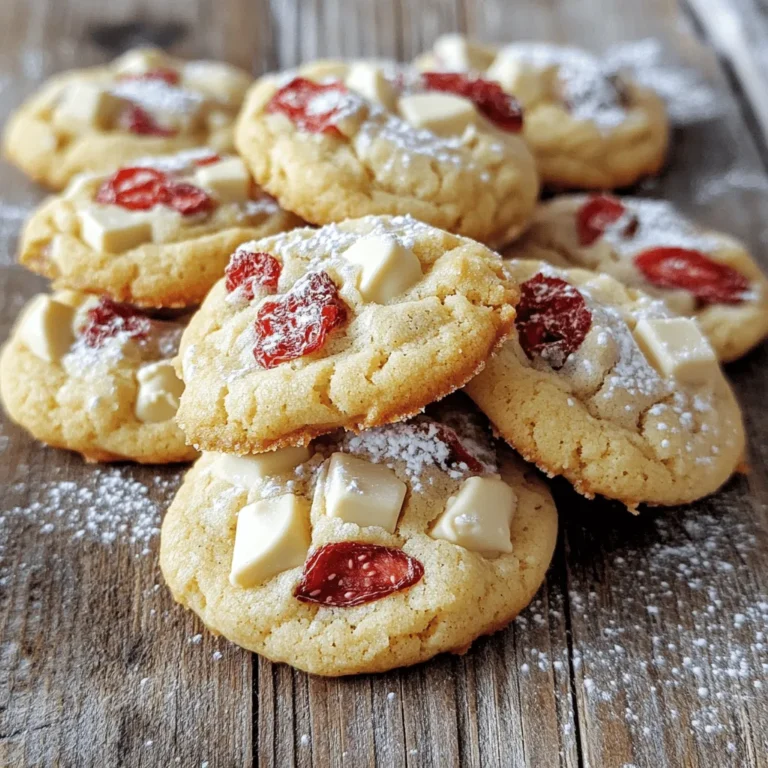 When making white chocolate strawberry cookies, quality ingredients matter. Here’s what you need: - 1 cup unsalted butter, softened - 1 cup brown sugar, packed - 1/2 cup white sugar - 2 large eggs - 2 teaspoons vanilla extract - 2 1/2 cups all-purpose flour - 1 teaspoon baking soda - 1/2 teaspoon salt - 1 cup dried strawberries, chopped - 1 cup white chocolate chips - Optional: powdered sugar for dusting Each ingredient plays a key role. The butter gives the cookies their rich flavor. Brown sugar adds moisture and a hint of caramel. The eggs bind everything together, while the flour builds the cookie's structure. Baking soda helps them rise, creating a soft texture. Dried strawberries add a burst of fruity flavor, and white chocolate chips provide sweetness and creaminess. If you want a fancy touch, sprinkle powdered sugar on top before serving. With these ingredients, you can create cookies that are simple yet delightful. Get ready to enjoy a sweet treat! For the complete steps, check out the Full Recipe. 1. Preheat and prepare the baking sheet: Start by setting your oven to 350°F (175°C). Line a baking sheet with parchment paper. This will help prevent sticking and make clean-up easy. 2. Cream the butter and sugars together: In a large bowl, add 1 cup of softened unsalted butter, 1 cup of brown sugar, and 1/2 cup of white sugar. Mix them together until you see a light and fluffy texture. This step adds air, which helps make the cookies soft. 3. Incorporate eggs and vanilla extract: Now, add 2 large eggs to the bowl, one at a time. Make sure to mix well after each egg. Then, stir in 2 teaspoons of vanilla extract. This adds great flavor to your cookies. 1. Combine dry ingredients separately: In another bowl, whisk together 2 1/2 cups of all-purpose flour, 1 teaspoon of baking soda, and 1/2 teaspoon of salt. Mixing these separately helps ensure even distribution in the dough. 2. Gradually mix dry ingredients into the wet mixture: Slowly add the dry mix to the wet ingredients. Stir just until combined. Don’t overmix, or your cookies may turn out tough. 3. Fold in strawberries and chocolate chips: Gently fold in 1 cup of chopped dried strawberries and 1 cup of white chocolate chips. Make sure they are spread evenly throughout the dough for tasty bites in every cookie. 1. Scoop and space the dough on the sheet: Use a cookie scoop or a tablespoon to drop rounded balls of dough onto the prepared baking sheet. Space them about 2 inches apart. This gives them room to spread while baking. 2. Baking time and visual cues for doneness: Bake your cookies in the preheated oven for about 10-12 minutes. Look for lightly golden edges and set centers. This means they are done! Let them cool on the baking sheet for 5 minutes before moving them to a wire rack to cool completely. These steps will guide you to the perfect batch of white chocolate strawberry cookies. For a detailed overview, check the Full Recipe. To get the right cookie texture, follow these tips: - Use softened butter. This helps create a light and fluffy dough. - Do not overmix. Mix the dough just enough to combine all ingredients. Overmixing makes the cookies tough. - Watch the baking time. Pull them out when the edges are golden, and the centers are set. Measuring flour correctly is key for perfect cookies. Here’s how to do it: - Fluff the flour. Stir it in the bag to aerate it. - Spoon and level. Use a spoon to fill your measuring cup, and then level it off with a knife. Don’t pack the flour down! You can add extra fun to your cookies. Here are some ideas: - Nuts. Chopped walnuts or almonds add great crunch. - Other flavors. Try adding a dash of almond extract for a twist. For recommended baking techniques, consider these tips: - Chill the dough. If your dough is too soft, chill it for 30 minutes. This helps the cookies hold their shape. - Use parchment paper. It prevents sticking and makes cleanup easy. Try these tips to make your white chocolate strawberry cookies even more delightful! If you want to explore the recipe fully, check the Full Recipe. {{image_2}} You can make these cookies even more fun! Try using fresh strawberries instead of dried ones. Fresh strawberries add a juicy burst of flavor. They also make the cookies a bit softer. Just chop the fresh strawberries into small pieces. Make sure to pat them dry to avoid too much moisture in the dough. Another option is to mix in different types of chocolate. You might like dark chocolate or milk chocolate along with the white chocolate. Each type brings its own taste and richness. You can also use a mix of chocolate chips for a delightful surprise in every bite. Want to make these cookies gluten-free? It’s easy! You can swap the all-purpose flour for a gluten-free blend. Just make sure your blend has a good mix of flours for the best texture. Also, check that other ingredients are gluten-free. If you follow a vegan diet, you can still enjoy these cookies. Replace the butter with vegan butter. Use flax eggs instead of regular eggs. To make a flax egg, mix one tablespoon of ground flaxseed with three tablespoons of water. Let it sit for a few minutes to thicken. Finally, use dairy-free white chocolate chips for a perfect treat. These variations keep your cookies exciting and allow everyone to enjoy them! For the full recipe, check the link above. To keep your white chocolate strawberry cookies fresh, follow a few simple steps. First, let the cookies cool completely. This helps prevent moisture build-up. Then, store them in an airtight container. This keeps them soft and chewy. Use a container made of glass or plastic. Avoid metal, as it can change the taste. Place a piece of bread in the container. This will help keep the cookies moist. If you want to save some cookies for later, freezing is a great option. To freeze cookie dough, scoop the dough into balls. Place them on a baking sheet lined with parchment. Freeze them for about an hour. Once they are firm, transfer the balls to a freezer bag. Be sure to label the bag with the date. To thaw baked cookies, just take them out of the freezer. Let them sit at room temperature for about 30 minutes. You can also warm them in the oven for a few minutes. This brings back their fresh-baked taste. Enjoy your cookies anytime with these easy storage tips! Can I use fresh strawberries instead of dried? Yes, you can use fresh strawberries. However, they add more moisture. This can change the cookie's texture. If you choose fresh, chop them small and reduce the butter slightly. How long do these cookies last? These cookies stay fresh for about a week at room temperature. Keep them in an airtight container. For longer storage, you can freeze them for up to three months. What can I substitute for white chocolate chips? You can use milk chocolate or dark chocolate chips. If you prefer, try butterscotch chips or even nuts for a different flavor. Can I make these cookies ahead of time? Absolutely! You can prepare the dough and chill it in the fridge. This helps the flavors blend. Bake them fresh when you are ready. Why are my cookies spreading too much? Too much butter or not enough flour can cause spreading. Ensure you measure your flour correctly. Also, chill the dough for 30 minutes before baking to help control the spread. How to fix dry or crumbly cookies If your cookies turn out dry, you likely used too much flour. Add a little milk or melted butter to the dough. Mix until it comes together but don't overdo it. For detailed guidance, check the [Full Recipe](#) for White Chocolate Strawberry Cookies. In this article, we covered ingredients, steps, tips, variations, and storage for perfect cookies. Each part plays a key role in creating tasty treats. Remember, you can swap in fresh strawberries or try gluten-free options. Keep your cookies fresh in a sealed container. With these insights, you’re set to bake amazing cookies. Enjoy the process and most importantly, enjoy the delicious results!