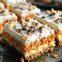 - 2 cups grated carrots - 1 cup all-purpose flour - 1 cup packed brown sugar - 1/2 cup granulated sugar The essential ingredients are the heart of the decadent carrot cake bars. Grated carrots add moisture and sweetness. The sugars create a rich flavor and help with browning. All-purpose flour gives structure to the bars, making them soft yet firm. - 1/2 cup chopped walnuts or pecans - 1/4 cup shredded coconut - 1/2 cup crushed pineapple Optional add-ins can make your carrot cake bars even better. Walnuts or pecans add crunch. Shredded coconut lends a tropical flair. Crushed pineapple brings extra moisture and sweetness. Feel free to mix and match these add-ins to suit your taste. - Cream cheese frosting (store-bought or homemade) Frosting adds a creamy finish to the bars. Cream cheese frosting is a classic choice. It balances the sweetness of the cake. You can buy it or make your own. A generous layer on top will impress everyone at your gathering. For the full recipe, check out the complete instructions on making these delightful treats! - Preheat the oven to 350°F (175°C) - Grease or line a baking pan Start by warming your oven to 350°F. This heat makes the cake bars rise and bake evenly. Use a 9x13-inch baking pan. Greasing it or lining it with parchment paper helps the bars come out easily. - Combine sugars and oil - Add eggs and vanilla - Stir in carrots, pineapple, and optional ingredients In a large bowl, mix brown sugar and granulated sugar with vegetable oil. Stir well until it looks smooth. Then, add in the eggs one by one. Pour in the vanilla extract for flavor. Next, fold in the grated carrots and crushed pineapple. If you like nuts or coconut, add those too. This mix gives your cake bars a great taste. - Prepare dry ingredients and combine - Mix wet and dry ingredients - Pour batter into the pan and bake In another bowl, whisk together flour, cinnamon, nutmeg, baking powder, baking soda, and salt. This is your dry mix. Gradually add this to your wet mixture. Stir gently until just combined. Be careful not to overmix; this keeps your bars soft. Finally, pour the batter into your prepared pan. Spread it evenly. Bake for 25-30 minutes, or until a toothpick comes out clean. After baking, let them cool before frosting. For the full recipe, refer to the entire cooking instructions above. To make your carrot cake bars moist, use fresh grated carrots. Fresh carrots hold more moisture than pre-packaged ones. Grate them right before you use them for the best taste. Adding crushed pineapple is another great way to boost moisture. Use well-drained pineapple to avoid extra liquid. Fold it gently into the batter for a sweet touch. Applying cream cheese frosting can be easy and fun. Ensure your cake bars are completely cool before frosting. This helps the frosting stay smooth and not melt. Use an offset spatula for a nice, even layer. For extra flavor, try mixing in some lemon zest or vanilla into the frosting. You can also add a dash of cinnamon for a nice twist. Let your carrot cake bars cool completely in the pan before cutting. This helps them set and keeps the bars from crumbling. Aim for about 30 minutes of cooling time. When serving, consider dusting with powdered sugar for a pretty touch. You can also garnish with extra chopped nuts. This adds both style and flavor to your presentation. For the full recipe, check the earlier section. {{image_2}} You can make your carrot cake bars a bit healthier with simple swaps. Try using whole wheat flour in place of all-purpose flour. Whole wheat adds fiber and nutrients. It makes your bars hearty without losing their taste. You can also reduce the sugar. Try using less brown and granulated sugar. You might start with half a cup of each. Use ripe bananas or applesauce for natural sweetness. This keeps your bars tasty while cutting calories. Want to amp up the flavor? Add spices like ginger, allspice, or cardamom. These spices bring warmth and depth. Just a pinch can transform your bars into a flavor dream. You can also incorporate dried fruits. Try raisins, cranberries, or apricots. Chopped nuts like almonds or pecans add crunch too. Mix and match to find your favorite combinations. Make your carrot cake bars fit the season. In the fall, use pumpkin spice to give your bars a cozy twist. Just add a teaspoon to your batter. It brings a lovely warmth perfect for autumn. For the winter holidays, add cranberries. They add a festive touch and a pop of color. They also balance the sweetness with their tartness. This makes your bars even more delightful. For the full recipe, check out the section above! To keep your carrot cake bars fresh, store them in an airtight container. This method helps prevent them from drying out. You can also use plastic wrap to cover the bars tightly. If you want to keep them in the pan, cover the pan with foil or plastic wrap. Make sure your bars cool completely before storing them. This step helps avoid excess moisture. You can freeze carrot cake bars easily. First, let them cool completely. Then, cut the bars into individual pieces. Wrap each piece in plastic wrap tightly. Place the wrapped bars in a freezer-safe bag or container. Make sure to label the bag with a date. When you're ready to enjoy them, thaw the bars in the fridge overnight. You can also leave them out at room temperature for a few hours. For the best taste, consume your carrot cake bars within 3 to 5 days. After this time, they may start to lose their flavor and moisture. Look for signs of spoilage, like mold or an off smell. If you notice any changes, it’s best to throw them away. These signs help ensure you enjoy only the freshest treats. For detailed instructions, refer to the Full Recipe. To make carrot cake bars, follow these simple steps: 1. Preheat your oven to 350°F (175°C). Grease or line a 9x13-inch pan. 2. Mix sugars and oil in a bowl. Whisk until smooth. 3. Add eggs one by one. Stir in vanilla extract. 4. Combine grated carrots, crushed pineapple, and any nuts or coconut. 5. In a separate bowl, mix flour, cinnamon, nutmeg, baking powder, baking soda, and salt. 6. Gradually add dry mix to the wet mix. Stir until just combined. 7. Fold in the carrot mix gently. Ensure it’s evenly distributed. 8. Pour batter into the prepared pan. Spread it evenly. 9. Bake for 25-30 minutes. Check with a toothpick for doneness. 10. Cool completely in the pan before frosting with cream cheese. These steps help you create moist and flavorful carrot cake bars. Yes, you can make carrot cake bars without eggs. Here are some good options: - Flaxseed meal: Mix 1 tablespoon of flaxseed with 2.5 tablespoons of water. Let it sit for 5 minutes. - Applesauce: Use 1/4 cup of unsweetened applesauce for each egg. - Mashed bananas: Use 1/4 cup of mashed banana as a substitute. These substitutes work well to bind the ingredients. They keep your bars moist and tasty. To keep your leftover carrot cake bars fresh, follow these tips: - Cool completely before storing. - Use an airtight container to prevent them from drying out. - Store in the fridge if you plan to keep them for more than a few days. - For longer storage, wrap them in plastic wrap and freeze. This method keeps your cake bars fresh for up to three months. Enjoy them later with ease! In this blog post, we covered how to make delicious carrot cake bars. We detailed essential ingredients like carrots and sugars. I shared step-by-step instructions for mixing and baking. Plus, we discussed storage tips and variations to switch things up. Carrot cake bars are simple and fun to make. With all the options offered, you can create your perfect treat. Enjoy baking and sharing these tasty bars with others!