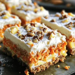 - 2 cups grated carrots - 1 cup all-purpose flour - 1 cup packed brown sugar - 1/2 cup granulated sugar The essential ingredients are the heart of the decadent carrot cake bars. Grated carrots add moisture and sweetness. The sugars create a rich flavor and help with browning. All-purpose flour gives structure to the bars, making them soft yet firm. - 1/2 cup chopped walnuts or pecans - 1/4 cup shredded coconut - 1/2 cup crushed pineapple Optional add-ins can make your carrot cake bars even better. Walnuts or pecans add crunch. Shredded coconut lends a tropical flair. Crushed pineapple brings extra moisture and sweetness. Feel free to mix and match these add-ins to suit your taste. - Cream cheese frosting (store-bought or homemade) Frosting adds a creamy finish to the bars. Cream cheese frosting is a classic choice. It balances the sweetness of the cake. You can buy it or make your own. A generous layer on top will impress everyone at your gathering. For the full recipe, check out the complete instructions on making these delightful treats! - Preheat the oven to 350°F (175°C) - Grease or line a baking pan Start by warming your oven to 350°F. This heat makes the cake bars rise and bake evenly. Use a 9x13-inch baking pan. Greasing it or lining it with parchment paper helps the bars come out easily. - Combine sugars and oil - Add eggs and vanilla - Stir in carrots, pineapple, and optional ingredients In a large bowl, mix brown sugar and granulated sugar with vegetable oil. Stir well until it looks smooth. Then, add in the eggs one by one. Pour in the vanilla extract for flavor. Next, fold in the grated carrots and crushed pineapple. If you like nuts or coconut, add those too. This mix gives your cake bars a great taste. - Prepare dry ingredients and combine - Mix wet and dry ingredients - Pour batter into the pan and bake In another bowl, whisk together flour, cinnamon, nutmeg, baking powder, baking soda, and salt. This is your dry mix. Gradually add this to your wet mixture. Stir gently until just combined. Be careful not to overmix; this keeps your bars soft. Finally, pour the batter into your prepared pan. Spread it evenly. Bake for 25-30 minutes, or until a toothpick comes out clean. After baking, let them cool before frosting. For the full recipe, refer to the entire cooking instructions above. To make your carrot cake bars moist, use fresh grated carrots. Fresh carrots hold more moisture than pre-packaged ones. Grate them right before you use them for the best taste. Adding crushed pineapple is another great way to boost moisture. Use well-drained pineapple to avoid extra liquid. Fold it gently into the batter for a sweet touch. Applying cream cheese frosting can be easy and fun. Ensure your cake bars are completely cool before frosting. This helps the frosting stay smooth and not melt. Use an offset spatula for a nice, even layer. For extra flavor, try mixing in some lemon zest or vanilla into the frosting. You can also add a dash of cinnamon for a nice twist. Let your carrot cake bars cool completely in the pan before cutting. This helps them set and keeps the bars from crumbling. Aim for about 30 minutes of cooling time. When serving, consider dusting with powdered sugar for a pretty touch. You can also garnish with extra chopped nuts. This adds both style and flavor to your presentation. For the full recipe, check the earlier section. {{image_2}} You can make your carrot cake bars a bit healthier with simple swaps. Try using whole wheat flour in place of all-purpose flour. Whole wheat adds fiber and nutrients. It makes your bars hearty without losing their taste. You can also reduce the sugar. Try using less brown and granulated sugar. You might start with half a cup of each. Use ripe bananas or applesauce for natural sweetness. This keeps your bars tasty while cutting calories. Want to amp up the flavor? Add spices like ginger, allspice, or cardamom. These spices bring warmth and depth. Just a pinch can transform your bars into a flavor dream. You can also incorporate dried fruits. Try raisins, cranberries, or apricots. Chopped nuts like almonds or pecans add crunch too. Mix and match to find your favorite combinations. Make your carrot cake bars fit the season. In the fall, use pumpkin spice to give your bars a cozy twist. Just add a teaspoon to your batter. It brings a lovely warmth perfect for autumn. For the winter holidays, add cranberries. They add a festive touch and a pop of color. They also balance the sweetness with their tartness. This makes your bars even more delightful. For the full recipe, check out the section above! To keep your carrot cake bars fresh, store them in an airtight container. This method helps prevent them from drying out. You can also use plastic wrap to cover the bars tightly. If you want to keep them in the pan, cover the pan with foil or plastic wrap. Make sure your bars cool completely before storing them. This step helps avoid excess moisture. You can freeze carrot cake bars easily. First, let them cool completely. Then, cut the bars into individual pieces. Wrap each piece in plastic wrap tightly. Place the wrapped bars in a freezer-safe bag or container. Make sure to label the bag with a date. When you're ready to enjoy them, thaw the bars in the fridge overnight. You can also leave them out at room temperature for a few hours. For the best taste, consume your carrot cake bars within 3 to 5 days. After this time, they may start to lose their flavor and moisture. Look for signs of spoilage, like mold or an off smell. If you notice any changes, it’s best to throw them away. These signs help ensure you enjoy only the freshest treats. For detailed instructions, refer to the Full Recipe. To make carrot cake bars, follow these simple steps: 1. Preheat your oven to 350°F (175°C). Grease or line a 9x13-inch pan. 2. Mix sugars and oil in a bowl. Whisk until smooth. 3. Add eggs one by one. Stir in vanilla extract. 4. Combine grated carrots, crushed pineapple, and any nuts or coconut. 5. In a separate bowl, mix flour, cinnamon, nutmeg, baking powder, baking soda, and salt. 6. Gradually add dry mix to the wet mix. Stir until just combined. 7. Fold in the carrot mix gently. Ensure it’s evenly distributed. 8. Pour batter into the prepared pan. Spread it evenly. 9. Bake for 25-30 minutes. Check with a toothpick for doneness. 10. Cool completely in the pan before frosting with cream cheese. These steps help you create moist and flavorful carrot cake bars. Yes, you can make carrot cake bars without eggs. Here are some good options: - Flaxseed meal: Mix 1 tablespoon of flaxseed with 2.5 tablespoons of water. Let it sit for 5 minutes. - Applesauce: Use 1/4 cup of unsweetened applesauce for each egg. - Mashed bananas: Use 1/4 cup of mashed banana as a substitute. These substitutes work well to bind the ingredients. They keep your bars moist and tasty. To keep your leftover carrot cake bars fresh, follow these tips: - Cool completely before storing. - Use an airtight container to prevent them from drying out. - Store in the fridge if you plan to keep them for more than a few days. - For longer storage, wrap them in plastic wrap and freeze. This method keeps your cake bars fresh for up to three months. Enjoy them later with ease! In this blog post, we covered how to make delicious carrot cake bars. We detailed essential ingredients like carrots and sugars. I shared step-by-step instructions for mixing and baking. Plus, we discussed storage tips and variations to switch things up. Carrot cake bars are simple and fun to make. With all the options offered, you can create your perfect treat. Enjoy baking and sharing these tasty bars with others!
