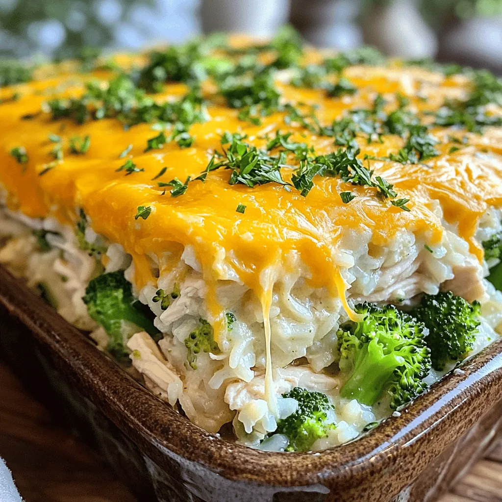 To make a tasty Easy Chicken and Rice Casserole, gather these ingredients: - 2 cups cooked rice (white or brown) - 2 cups cooked chicken, shredded or diced - 1 cup of broccoli florets (fresh or frozen) - 1 cup cheddar cheese, shredded - 1 cup cream of chicken soup (or homemade equivalent) - 1/2 cup milk - 1 teaspoon garlic powder - 1 teaspoon onion powder - 1/2 teaspoon paprika - Salt and pepper to taste - 1 tablespoon olive oil - Fresh parsley, chopped (for garnish) You can easily swap some ingredients in this recipe. Here are a few ideas: - Rice: You can use quinoa or cauliflower rice for a low-carb option. - Chicken: Swap chicken with turkey, or try cooked sausage for a different flavor. - Broccoli: Use other veggies like spinach, peas, or green beans if you prefer. - Cheese: Feel free to mix different cheeses like mozzarella or pepper jack. - Soup: If you want a healthier option, make a homemade cream sauce using chicken broth and flour. Each serving of this casserole offers a balance of nutrients. Here’s a quick look: - Calories: Approximately 400 - Protein: 30g - Carbohydrates: 35g - Fat: 15g - Fiber: 2g - Sodium: 600mg This dish serves six, so it’s a great meal for families or gatherings. Enjoy cooking this Easy Chicken and Rice Casserole! For the complete cooking details, check the Full Recipe. Start by gathering all your ingredients. You will need cooked rice, cooked chicken, broccoli, cheddar cheese, cream of chicken soup, milk, and some spices. Preheat your oven to 350°F (175°C). Grease a 9x13 inch baking dish with olive oil. In a large mixing bowl, combine the rice, chicken, and broccoli. Stir until everything mixes well. In another bowl, whisk together the cream of chicken soup, milk, garlic powder, onion powder, paprika, salt, and pepper. Pour this mixture over the rice and chicken. Stir until all is coated nicely. Transfer this mix into the greased baking dish and spread it out evenly. Top it with the shredded cheddar cheese. Cover the baking dish with aluminum foil. Place it in your preheated oven and bake for 25 minutes. This helps to heat everything through while keeping it moist. After 25 minutes, carefully remove the foil. Bake for another 10-15 minutes until the cheese is bubbly and slightly golden. This step adds a nice crust on top and enhances the flavor. To check if your casserole is done, look for the cheese to be melted and golden. You can also insert a fork into the center. If it feels hot and the mixture is bubbly, it's ready! Let it cool for a few minutes before serving. Garnish with chopped parsley for a fresh touch. Enjoy your Easy Chicken and Rice Casserole! For the complete recipe, click here [Full Recipe]. One common mistake is not cooking the rice fully. Use cooked rice for the best texture. Another mistake is adding too much liquid. The casserole should not be soupy. Lastly, don’t skip the cheese topping. It adds flavor and a nice crust. To boost flavors, try adding fresh herbs. Basil, thyme, or rosemary work well. You can also use dried herbs if fresh ones aren’t available. Garlic powder and onion powder are great too. They add depth without extra prep time. A pinch of red pepper flakes can add a kick if you like heat. A large mixing bowl is a must for combining ingredients. A whisk helps mix the soup and milk smoothly. Use a 9x13 inch baking dish to bake your casserole evenly. An aluminum foil sheet will keep the cheese from burning while it cooks. For easy serving, a spatula works wonders. Check out the Full Recipe for more details on tools and tips! {{image_2}} If you want a meatless meal, you can swap the chicken for hearty veggies. Use mushrooms, bell peppers, or zucchini to add great taste. You can also use lentils or chickpeas for protein. Replace the cream of chicken soup with a creamy mushroom soup or a homemade white sauce. This keeps the dish rich and satisfying without meat. You can easily switch the chicken with turkey or beef. Ground turkey works well and cooks quickly. Just brown it before mixing it in. For beef, use shredded or diced cooked beef. Adjust the seasonings to match your choice of meat. This way, the casserole stays flavorful and filling. Feel free to get creative with your veggies! Spinach, carrots, or green beans can add color and crunch. You can also mix different cheeses for a unique taste. Try mozzarella for a mild flavor or pepper jack for some spice. These swaps let you personalize the casserole to fit your taste. Check out the Full Recipe for more ideas! Once your Easy Chicken and Rice Casserole is done, let it cool. Store leftovers in an airtight container. This keeps the casserole fresh. Place it in the fridge for up to three days. If you have more leftovers, use a larger container. This prevents the casserole from drying out. To reheat, set your oven to 350°F (175°C). Place the casserole in an oven-safe dish. Cover it with foil to keep it moist. Heat for about 20 minutes. Check to see if it's warm all the way through. You can also reheat in the microwave. Use a microwave-safe dish and heat for about 3-5 minutes. Stir halfway to heat evenly. If you want to freeze the casserole, cool it completely first. Wrap it tightly in plastic wrap, then foil. This helps prevent freezer burn. It can last up to three months in the freezer. To reheat, thaw it in the fridge overnight. Then follow the reheating steps above. Enjoy your meal anytime with these simple steps! To make this recipe gluten-free, swap the cream of chicken soup for a gluten-free version. You can also use gluten-free rice or ensure your broth is gluten-free. Make sure to check all labels. Yes, you can use raw chicken. Just chop it into small pieces. Cook it in the casserole for about 40-45 minutes until it’s done. Make sure it reaches an internal temperature of 165°F. This casserole pairs well with a fresh salad or steamed veggies. You can also serve it with crusty bread or garlic bread for a complete meal. The casserole stays good in the fridge for about 3-4 days. Store it in an airtight container to keep it fresh. Yes, you can easily double the recipe. Just use a larger baking dish and adjust the cooking time as needed. Make sure to check for doneness before serving. This article covered everything you need for the Easy Chicken and Rice Casserole. You learned the ingredients, step-by-step instructions, and tips for success. I shared common mistakes and ways to boost flavors. The variations offered ideas for all diets. You also found storage tips to keep your leftovers fresh. Now, you can cook this dish with confidence. Enjoy creating a meal that your friends and family will love!