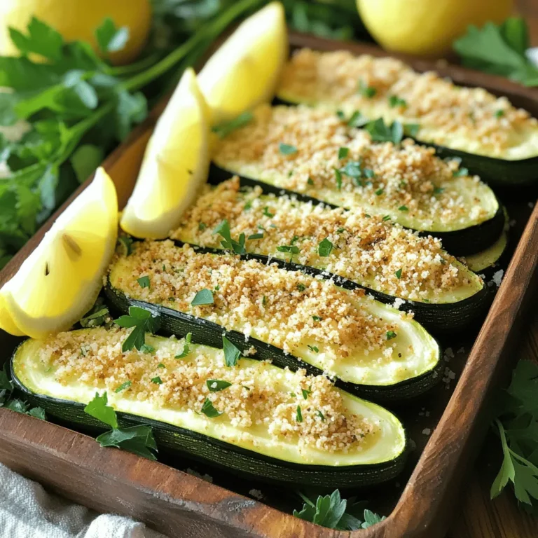 - 4 medium zucchinis, sliced into 1/4-inch rounds - 1 cup grated Parmesan cheese - 1 cup breadcrumbs (preferably whole wheat for added texture) - 2 teaspoons garlic powder - 1 teaspoon dried oregano - 1 teaspoon smoked paprika - 1/2 teaspoon salt - 1/2 teaspoon black pepper - 2 tablespoons fresh parsley, chopped (for garnish) - Olive oil spray (or 2 tablespoons olive oil) Zucchini is the star of this dish. It is low in calories and packed with nutrients. The Parmesan cheese adds a salty, rich flavor. It melts beautifully and creates a crisp topping. Whole wheat breadcrumbs give a nice texture and crunch. Garlic powder adds depth, while smoked paprika brings warmth and a hint of smokiness. Oregano adds an earthy note that ties everything together. You can swap zucchini for eggplant or yellow squash if you prefer. Use other cheeses like mozzarella or cheddar for different tastes. Gluten-free breadcrumbs work well for those avoiding gluten. If you do not have garlic powder, fresh minced garlic can be a great substitute. Fresh herbs like basil or thyme can replace oregano for a unique twist. First, gather all your ingredients. You will need four medium zucchinis, Parmesan cheese, breadcrumbs, garlic powder, dried oregano, smoked paprika, salt, pepper, parsley, and olive oil spray. Next, slice the zucchinis into 1/4-inch rounds. This size helps them cook evenly. Then, place the slices on a plate to remove excess moisture. This step is key for a crisp texture. In a large bowl, mix the grated Parmesan cheese, breadcrumbs, garlic powder, oregano, smoked paprika, salt, and black pepper. Stir until the mixture is well combined. Prepare your baking sheet by lining it with parchment paper. Lightly spray the sheet with olive oil. This step prevents the zucchini from sticking. Preheat your oven to 425°F (220°C). Once it's hot, it's time to coat the zucchini. Dip each slice into the cheese and breadcrumb mixture. Make sure each piece is covered well. Now, arrange the coated slices in a single layer on the baking sheet. If you’re using olive oil, drizzle it over the zucchini to help them crisp. Bake the zucchini in the oven for about 20-25 minutes. You want them tender, with golden brown tops. Keep an eye on them to avoid burning. To make the best Baked Parmesan Zucchini, make sure to slice the zucchini evenly. This ensures they cook at the same rate. Also, pressing out moisture is vital for a crisp finish. Experiment with different seasonings in the breadcrumb mix to find your favorite flavor. Fresh herbs can add a nice touch too. Serve your zucchini on a rustic platter for a beautiful presentation. Add lemon wedges and parsley for color. Enjoy! For the full recipe, check out the detailed instructions. One common mistake is not drying the zucchini well. Moist zucchini makes the coating soggy. Use paper towels to pat them dry. Another mistake is overcrowding the baking sheet. Give each slice space so they crisp up nicely. Also, don’t skip the olive oil spray! It helps the zucchini brown and adds flavor. To make your Baked Parmesan Zucchini even better, try adding more spices. You can use Italian seasoning, crushed red pepper, or even lemon zest. These add a nice zing. If you love garlic, fresh minced garlic can boost the taste. Mix it into the breadcrumb mix for extra flavor. Serve Baked Parmesan Zucchini hot from the oven. They taste best fresh. Try pairing them with a light dip like ranch or marinara. You can also serve them as a side with grilled chicken or fish. They’re great on a platter with lemon wedges and fresh parsley for a pop of color. For the full experience, check out the Full Recipe. {{image_2}} You can switch up the cheese in this dish. If you want a different taste, try using shredded mozzarella or gouda. These cheeses melt well and add creaminess. For a strong flavor, go for aged cheddar. Nutritional yeast is a great option if you're dairy-free. It gives a cheesy flavor without using cheese. Baked Parmesan Zucchini is very flexible. You can add other vegetables like eggplant, bell peppers, or even carrots. Just cut them to the same size as the zucchini. This way, they cook evenly. For added protein, include cooked chicken, turkey, or chickpeas. Just mix them in with the zucchini slices before coating them. If you're gluten-free, use gluten-free breadcrumbs. You can find these at most stores. For a vegan twist, replace the Parmesan with a vegan cheese or nutritional yeast. Make sure to check the labels for any hidden dairy. You can also skip the breadcrumbs entirely and just use spices for flavor. This gives you a lighter, yet still tasty, version of the dish. For more ideas, check the Full Recipe for Baked Parmesan Zucchini Surprise! After enjoying your Baked Parmesan Zucchini, you may have some leftovers. To store them, place the zucchini in an airtight container. Make sure to let them cool first. Proper storage helps keep them fresh. In the fridge, they will last for about 3 to 4 days. Always label your container with the date to track freshness. When you're ready to enjoy your leftovers, reheating is key. The best way to warm them up is in the oven. Preheat your oven to 350°F (175°C). Place the zucchini on a baking sheet and reheat for about 10-15 minutes. This keeps them crispy. Avoid using the microwave if you want to keep that crunch. If you go for the microwave, use a low setting. If you want to save your Baked Parmesan Zucchini for a longer time, freezing is a great option. First, let the zucchini cool completely. Place them in a single layer on a baking sheet. Freeze them for about 1-2 hours until they are firm. Then, transfer the zucchini to a freezer-safe bag. Remove as much air as possible before sealing. They will stay fresh for up to 2 months. When you're ready to eat, bake them straight from the freezer for about 25-30 minutes. Enjoy your delicious zucchini even later! Baked Parmesan Zucchini stays fresh for about 3 to 4 days in the fridge. Store it in an airtight container. This keeps it from drying out and helps maintain its flavor. Always let it cool to room temperature before storing. You can reheat it later for a tasty snack or side dish. Yes, you can prep Baked Parmesan Zucchini ahead of time. Slice the zucchini and coat it with the cheese and breadcrumb mix. Place the coated slices on the baking sheet but do not bake them right away. Cover the sheet with plastic wrap and keep it in the fridge. When you’re ready to eat, bake them straight from the fridge. This makes for a quick and easy meal. The standard recipe is not gluten-free due to the breadcrumbs. However, you can easily make it gluten-free. Just use gluten-free breadcrumbs instead of regular ones. This way, you still get that crunchy and tasty finish. Enjoy this dish without worry, and it will be just as delicious. For the full recipe, refer to the section above. We explored the key ingredients, preparation steps, and tips for baking. You learned how to enhance flavors, avoid mistakes, and serve Baked Parmesan Zucchini perfectly. I shared variations for different diets and provided detailed storage advice. In summary, this dish is versatile and easy. With the right techniques, you can enjoy it fresh. Don’t hesitate to experiment and find what you love. Happy cooking!