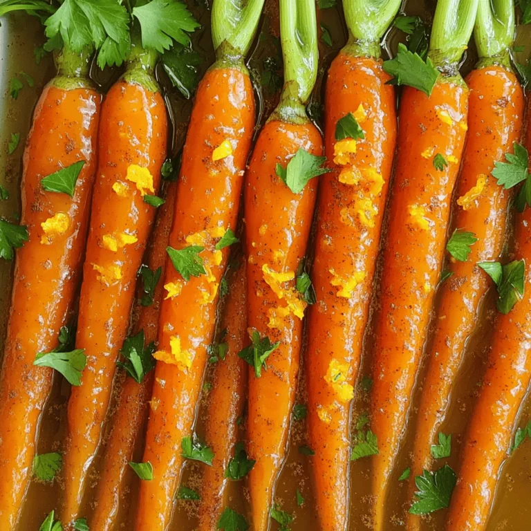 - 1 lb baby carrots - 1/2 cup freshly squeezed orange juice - 2 tablespoons honey or maple syrup - 2 tablespoons unsalted butter or coconut oil For the best orange glazed carrots, you need fresh and bright ingredients. I love using baby carrots because they are sweet and tender. If you can't find them, regular carrots work, too. Just peel and cut them into sticks. Fresh orange juice gives a bright flavor that pairs so well with the carrots. You can use honey or maple syrup for sweetness. The butter or coconut oil adds a rich flavor and helps the glaze stick. - 1 teaspoon orange zest - 1/2 teaspoon ground cinnamon - Salt and pepper to taste Adding orange zest brings out the citrus flavor, making the dish pop. A little ground cinnamon adds warmth and depth. Don't forget to season with salt and pepper to balance the sweetness and enhance the taste. - Fresh parsley or mint Garnishing with fresh herbs makes the dish look nice and adds a touch of freshness. You can use parsley for a mild flavor or mint for something a bit different. This adds color and makes your dish more appealing. For the full recipe, check out the details above! Start by washing your carrots. If you use baby carrots, they are ready to go. If you pick regular carrots, peel them first. Cut them into sticks that are 2-3 inches long. This size helps them cook evenly. Baby carrots stay sweet and tender, while regular carrots give a great crunch. Both options are tasty, so choose what you like best. Next, let’s get cooking! In a medium saucepan, melt the butter or coconut oil over medium heat. This will add rich flavor to our dish. Once melted, add the carrots to the pan. Sauté them for about 5 minutes. You want them to become slightly tender but not mushy yet. Now, pour in the freshly squeezed orange juice and honey or maple syrup. Mix it well to coat all the carrots. Add the orange zest and ground cinnamon. These ingredients will create a lovely glaze. Finally, season with salt and pepper to taste. Allow the mixture to simmer for 10-15 minutes. Stir occasionally to keep the glaze from sticking. You want the carrots to become tender and the glaze to thicken. Once cooked, remove the pan from heat. Transfer the carrots to a serving dish. For a pop of color, garnish with fresh parsley or mint. This step makes your dish look even better! For the full recipe, check out the complete guide above. To get the right glaze, aim for a syrupy texture. You want it to coat the carrots, not drown them. If your glaze is too runny, let it simmer longer to thicken. Adding more orange juice can help, but it may need extra time to cook down. For sweetness, adjust honey or maple syrup to your taste. Start with the amounts in the recipe and add more if you like. You can boost flavor with spices and herbs. Try adding a pinch of nutmeg or a dash of ginger for warmth. Fresh herbs like thyme or rosemary can also add depth. For extra zing, squeeze in more orange juice or add lemon juice. This will help balance sweetness with a bright acidity. Roasting is a great alternative to sautéing. It gives a nice caramelization to the carrots. Just toss them in oil, salt, and pepper before roasting. Use a different variety of carrots, like rainbow or purple ones, for a colorful twist. Each variety adds its own unique taste and texture. Enjoy experimenting with different methods and flavors. For the full recipe, check the earlier section. {{image_2}} You can switch up sweeteners to fit your taste. Brown sugar adds a rich flavor. Agave syrup is a great substitute too. For a fruitier touch, try using apple or pineapple juice. These options will change the taste while keeping it sweet. Spice things up by adding ginger or nutmeg. They give warmth and depth. If you want a savory twist, add a bit of minced garlic. This will balance the sweetness of the glaze. Experimenting with these flavors can lead to new favorites. If you want a vegan dish, swap butter for coconut oil. Use maple syrup instead of honey to keep it plant-based. This recipe is also gluten-free. All the ingredients are naturally gluten-free, making it a great choice for everyone. To keep your orange glazed carrots fresh, use airtight containers. Glass or plastic containers work well. Let the carrots cool before sealing. This helps avoid steam build-up, which can lead to sogginess. You can reheat your carrots in the oven or microwave. For the oven, place them in a baking dish. Heat at 350°F until warm, about 10 minutes. This method keeps the glaze thick. If using a microwave, place carrots in a bowl. Heat for 1-2 minutes, stirring halfway. It’s quick, but may make them a bit softer. To freeze, let the carrots cool completely. Pack them in freezer bags, removing as much air as possible. Label the bags with the date. When ready to eat, thaw overnight in the fridge. Reheat using the oven or microwave to restore their flavor. Yes, you can use frozen carrots. They are easy and quick to use. However, fresh carrots taste better. Fresh carrots have a nice crunch and bright flavor. Frozen carrots can be softer and lose some taste. If you use frozen, thaw them first. Then, cook them just like fresh carrots. The orange glaze will still be tasty. Orange glazed carrots pair well with many main dishes. Try serving them with roasted chicken or grilled fish. They also go great with pork chops or steak. The sweet flavor of the carrots balances well with savory meats. You can even enjoy them with a grain dish like quinoa or rice. They add color and flavor to any plate. If you find the glaze too sweet, there are simple ways to fix this. First, cut back on the honey or maple syrup. You can also add a splash of vinegar or lemon juice. This will add acidity and balance the sweetness. Another option is to add more salt. A pinch of salt can help tone down the sweet flavor. Taste as you go to find the right balance for you. Orange glazed carrots can last up to four days in the fridge. Make sure to store them in an airtight container. This helps keep them fresh and tasty. When you're ready to eat them, reheat gently. You can use the microwave or a pan on low heat. This keeps them tender and flavorful. For the full recipe, check here: [Full Recipe]. You learned how to make orange glazed carrots with simple ingredients. We covered prep and cooking steps to get tender, sweet carrots. I shared tips for perfect glazing and fun variations for everyone. Remember, cooking should be enjoyable and easy. Feel free to adjust flavors to match your taste. With these tips, you can create a colorful and tasty side dish that impresses. Enjoy your cooking journey!