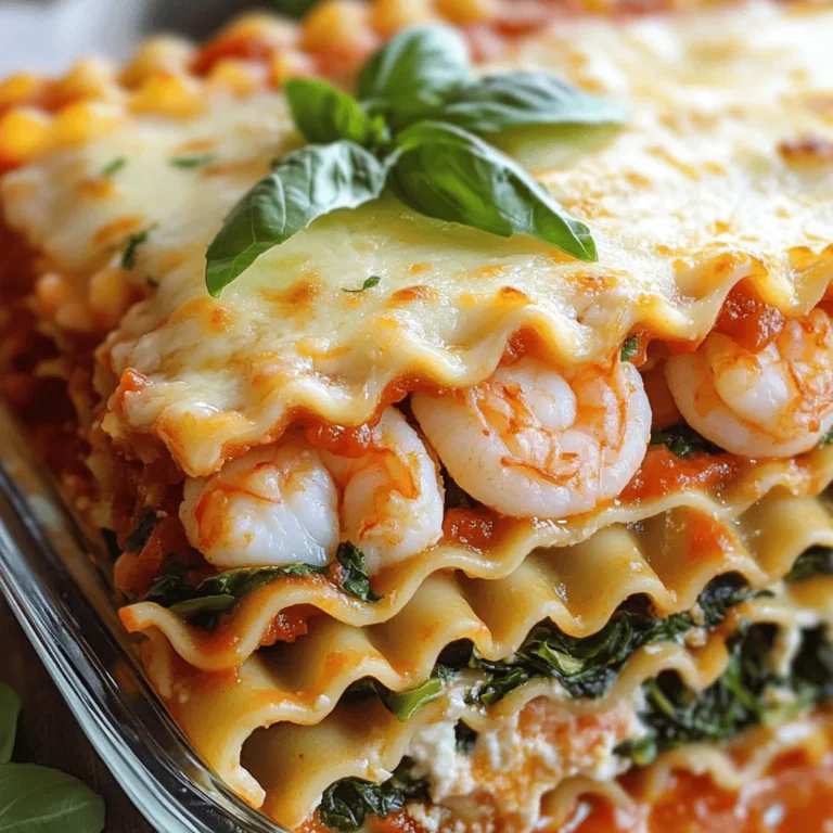For a great seafood lasagna, you need key seafood. Shrimp and scallops shine in this dish. They bring rich flavors and a lovely texture. For the base, use lasagna noodles. These hold the layers together. You also need creamy cheeses like ricotta and mozzarella. Ricotta adds a soft texture, while mozzarella gives a nice stretch. Marinara sauce adds moisture and tang. Want to make your lasagna even more special? Try adding crab or lobster. These seafood options add luxury and depth. You can also toss in extra vegetables. Zucchini adds freshness, while mushrooms add earthiness. These add-ins make your dish even more colorful and tasty. Seasoning is key for great flavor. Use oregano, salt, and pepper to enhance your seafood. These spices bring out the best in your ingredients. Don’t forget about fresh basil! It adds a bright finish and lovely aroma. Garnishing with basil makes your lasagna look beautiful and appetizing. For the full recipe, check out the details above! First, let’s prep the seafood and vegetables. Start by peeling and deveining the shrimp. Rinse them under cold water. For the scallops, just rinse them too. Next, chop the fresh spinach. This adds a nice flavor and color. Now, boil the lasagna noodles. Bring a large pot of salted water to a boil. Add the noodles and cook them until they are al dente. This usually takes about 8 to 10 minutes. Once done, drain the noodles and set them aside. Be careful not to overcook them; we want them firm enough to hold layers. Now comes the fun part—layering! Start with a thin layer of marinara sauce at the bottom of your baking dish. Place 3 lasagna noodles over the sauce. It’s okay if they overlap a bit; just make sure they cover the sauce well. Next, spread half of the ricotta mixture over the noodles. Then, add half of the seafood mix. Sprinkle some mozzarella cheese on top. Repeat this step: add noodles, the rest of the ricotta, the rest of the seafood, and more mozzarella. Finally, top with the last layer of noodles. Spread the rest of the marinara sauce over this layer. Finish by adding the remaining mozzarella and sprinkle Parmesan cheese on top. Cover your lasagna with aluminum foil. This helps it cook evenly. Bake it in the preheated oven for 25 minutes. After that, carefully remove the foil and bake for another 15 minutes. This will give your cheese that beautiful golden color. To check for doneness, look for bubbly cheese on top. Let it cool for about 10 minutes before slicing. This resting time helps it hold its shape. Garnish with fresh basil before serving. Enjoy your seafood lasagna delight! For the complete recipe, see the Full Recipe section. To avoid soggy lasagna, cook your noodles al dente. This way, they hold their shape. Drain them well and let them cool slightly before layering. You can also use less sauce in each layer. This will help keep everything firm. For even cooking of seafood, make sure to chop your shrimp and scallops into similar sizes. This ensures they cook at the same rate. Sauté them briefly before adding to the lasagna. This step reduces moisture and enhances flavor. A great cheese blend makes your lasagna shine. I love mixing ricotta, mozzarella, and Parmesan. This blend gives a rich taste and creamy texture. Add cheese in layers. Start with some in the middle and top off with more. This helps it melt evenly and gives you a nice, golden crust. First-time cooks often overcook seafood. Keep an eye on it while cooking. It should be opaque but not rubbery. Taste as you go! Adjust salt and pepper based on your preference. If you want more flavor, add herbs like basil or thyme. Don’t be afraid to get creative! {{image_2}} You can change the seafood in this dish for different tastes. Try using crab or lobster for a richer flavor. If you prefer fish, white fish like cod or halibut works well too. Mix and match your seafood to create your perfect dish. For those who need gluten-free options, use gluten-free lasagna noodles. These can still provide a tasty base for your layers. If you want a vegetarian version, you can easily swap seafood for plant-based protein. Use tofu or tempeh for a great texture. You can also try chickpeas for added protein. For vegetable combinations, consider spinach, zucchini, and mushrooms. These will add great flavor and nutrition to your dish. To make your seafood lasagna even more fun, think about unique sauces. Adding pesto can give a fresh twist, while Alfredo sauce brings creaminess. You can experiment with different herbs and spices too. Basil, thyme, or even a hint of lemon zest can elevate your dish. Don’t be afraid to think outside the box and try new flavors! To keep your seafood lasagna fresh, store it in an airtight container. This helps avoid drying out and keeps flavors intact. You can also wrap it tightly in plastic wrap. Your seafood lasagna will last about 3 to 4 days in the fridge. Make sure to let it cool completely before storing. This step prevents condensation, which can make the lasagna soggy. Freezing seafood lasagna is a great way to save leftovers. First, let it cool completely. Then, cut it into portions for easy reheating. Wrap each piece tightly in plastic wrap, then place them in a freezer-safe bag or container. This helps preserve the taste and texture. Your seafood lasagna can last up to 3 months in the freezer. When you’re ready to eat, thaw it overnight in the fridge. Reheat in the oven at 375°F (190°C) until hot throughout. This helps keep the cheese gooey and the seafood tender. Avoid microwaving, as it can make the texture rubbery. Enjoy your delicious seafood lasagna, even days after making it! For the complete recipe, check out the Full Recipe. Seafood lasagna lasts about 3 to 4 days in the fridge. Make sure to store it in an airtight container. This keeps the flavors fresh and safe to eat. If you want to keep it longer, consider freezing it. Yes, you can prepare seafood lasagna ahead of time. Make the layers and assemble the dish. Cover it well and store it in the fridge for up to 24 hours. When you are ready, just bake it as directed. This saves time and makes dinner easier. For seafood lasagna, I recommend shrimp and scallops for their great taste and texture. You can also try crab or lobster for a special touch. These options add richness and depth to your dish. In this post, we explored the essential ingredients and steps for making seafood lasagna. We discussed key components like shrimp and cheeses, optional add-ins, and important seasonings to enhance flavor. I shared tips on perfect layering, baking, and tricks to avoid common mistakes. Remember, you can mix and match seafood or try vegetarian options for unique dishes. With the right care, your seafood lasagna will impress everyone. Enjoy creating your delicious meal!