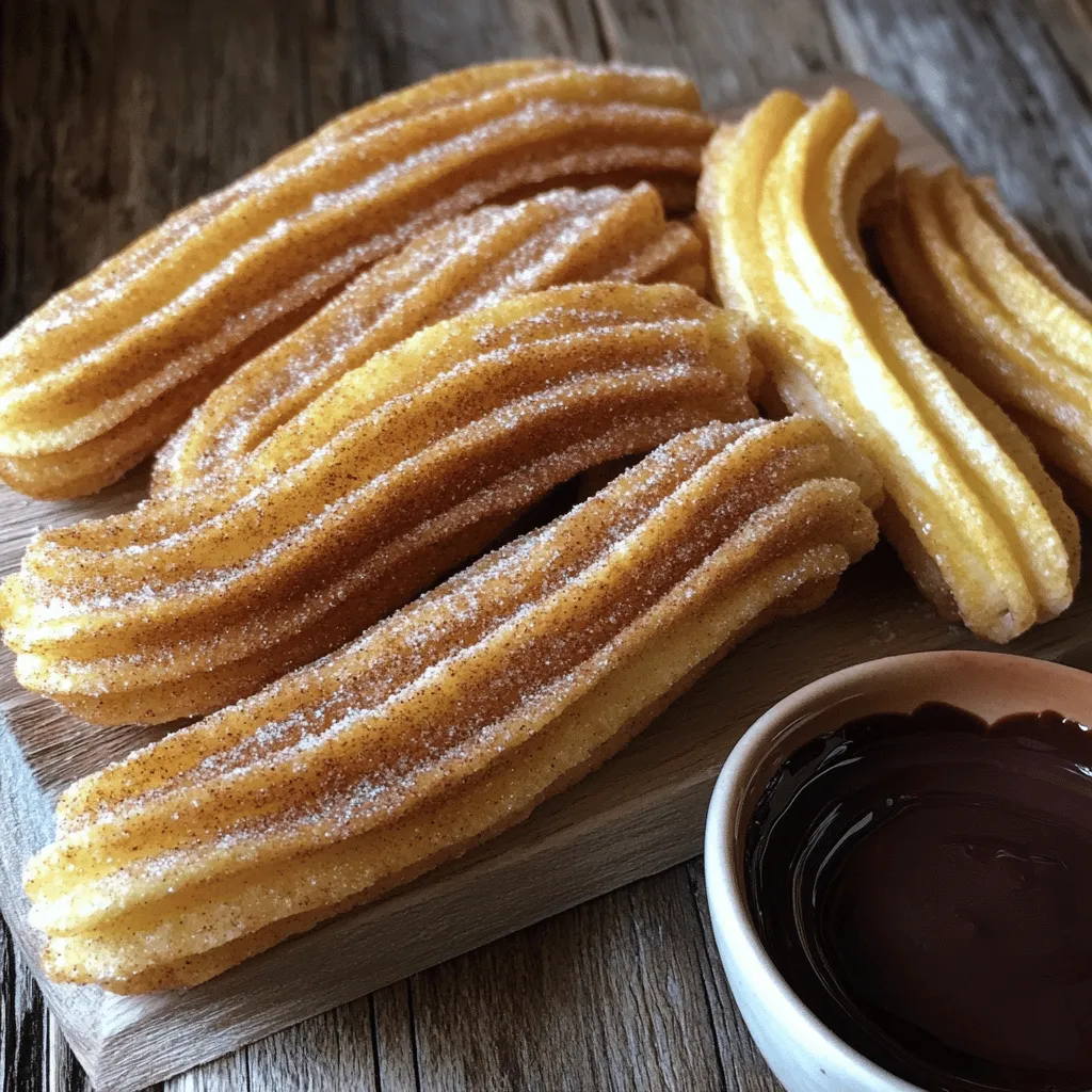 To make delicious cinnamon sugar churros, you need a few simple ingredients. Here’s what you need: - 1 cup water - 1/2 cup unsalted butter - 1 tablespoon sugar - 1/4 teaspoon salt - 1 cup all-purpose flour - 2 large eggs - 1 teaspoon vanilla extract - 1 tablespoon ground cinnamon - 1/2 cup sugar (for coating) - Vegetable oil (for frying) Each ingredient plays a key role. The water and butter create a rich dough. Sugar adds sweetness, while salt enhances all the flavors. All-purpose flour gives the churros their structure. Eggs add richness and help the churros puff up when frying. Vanilla extract adds a lovely aroma, and cinnamon gives the churros that classic flavor. Lastly, the sugar for coating adds a delightful crunch. You can find the full recipe to guide you through the steps. This will help you create the perfect churros every time. To start, you need to combine these items in a saucepan: - 1 cup water - 1/2 cup unsalted butter - 1 tablespoon sugar - 1/4 teaspoon salt Put the saucepan on medium heat. Bring the mixture to a boil. Once it boils, take it off the heat. Now, stir in 1 cup of all-purpose flour. You want to mix until a ball of dough forms. Let the dough cool for about five minutes. This step is key, as it helps to avoid cooking the eggs. Once cool, add two large eggs one at a time. Mix well after each addition. Stir in 1 teaspoon of vanilla extract until the dough looks smooth and glossy. Next, you need to heat the oil for frying. Fill a deep saucepan with vegetable oil about 2 inches deep. Heat the oil to 350°F (175°C). Now, take the churro dough and fill a piping bag fitted with a large star tip. Carefully squeeze out strips of dough, about 4-6 inches long, into the hot oil. Use scissors to cut the dough. Fry the churros until they turn golden brown, which takes about 2-3 minutes per side. Use tongs to remove them and let them drain on paper towels. While the churros are still warm, roll them in a cinnamon-sugar mixture. For this, you mix 1/2 cup sugar with 1 tablespoon of ground cinnamon. This step makes them extra tasty! You can serve them warm with chocolate sauce or dulce de leche for dipping. For the complete details, check out the Full Recipe. To fry churros well, keep the oil at 350°F (175°C). Use a thermometer to check the heat. If the oil is too cold, the churros will soak up oil and become greasy. If it’s too hot, they will burn on the outside but stay raw inside. Choose a piping bag with a large star tip. This tip gives churros their signature ridged shape. If you don’t have a piping bag, a zip-top bag with the corner cut off works too. For the best churros, focus on the dough. It should be thick but still smooth. Mix until there are no lumps. After adding the eggs, the dough should look glossy and hold its shape. Let the dough cool for about five minutes before you add the eggs. This cooling time makes sure the eggs don’t cook too fast. If you skip this step, your churros might not puff up well. Roll the warm churros in your cinnamon-sugar mix right after frying. Make sure they get fully coated for the best flavor. For dipping, melt chocolate or use dulce de leche. Both add a creamy contrast to the crunchy churros. These dips enhance your treat and make it even more special. Check out the Full Recipe for more details on making these delightful churros! {{image_2}} You can take your churros to the next level by adding a filling. Some popular choices are chocolate, custard, or dulce de leche. To make chocolate-filled churros, prepare a rich chocolate ganache. Just heat heavy cream and pour it over chopped chocolate until it melts. Fill the churros with this ganache using a piping bag. For custard-filled churros, use a classic pastry cream recipe. Cook milk, sugar, eggs, and cornstarch until thick. Let it cool before filling. Dulce de leche is another sweet treat that pairs well with churros. You can either buy it or make it by simmering sweetened condensed milk. If you want to make gluten-free churros, you can easily swap the all-purpose flour. Use a gluten-free flour blend that works for frying. Some great options are almond flour or coconut flour. You may need to adjust the liquid slightly since these flours behave a bit differently. Always check the blend's instructions. This way, you can enjoy churros without gluten while still keeping the taste and texture you love. Spicing up your churros can add a fun twist. Try adding nutmeg or cardamom to the dough for a unique flavor. A pinch of nutmeg gives a warm, cozy taste. Cardamom adds a floral note that brightens the dish. You can mix these spices directly into the dough or even sprinkle them on top after rolling them in cinnamon sugar. This small change can make your churros stand out at any gathering. To keep your churros fresh, store them in a sealed container. You can place parchment paper between layers to avoid sticking. The best way is to refrigerate them if you won’t eat them right away. This method keeps them safe and prevents spoilage. For crispiness, you can reheat them in the oven. Preheat the oven to 350°F (175°C) and place the churros on a baking sheet. Bake for about 5 to 10 minutes until they are warm and crispy again. When reheating churros, the oven is your best friend. Avoid the microwave, as it can make them soggy. Instead, place them in a preheated oven. This method helps restore their crunch. You can also use an air fryer for a quick option. Set it to 350°F (175°C) and heat for about 3 to 5 minutes. Homemade churros last about two days in the fridge. If you want to keep them longer, you can freeze them. Wrap each churro in plastic wrap and place them in a freezer bag. They should stay fresh for up to three months. When you’re ready to enjoy them, just reheat as mentioned above. Enjoy your delicious churros anytime! Churros are made from simple ingredients that create a tasty treat. The main ingredients are: - Water: This hydrates the flour and helps create dough. - Unsalted butter: It adds richness and flavor. - Sugar: A small amount sweetens the dough. - Salt: This enhances the other flavors. - All-purpose flour: This forms the base of the dough. - Eggs: They provide structure and keep churros light. - Vanilla extract: This adds a lovely aroma and taste. - Ground cinnamon and sugar: These create the sweet coating. Each ingredient plays a role in making churros fluffy on the inside and crisp on the outside. Yes, you can make churros without eggs. You have some options to replace eggs in the dough: - Flaxseed meal: Mix 1 tablespoon of flaxseed meal with 2.5 tablespoons of water. Let it sit until it thickens. - Chia seeds: Use the same method as flaxseed meal. - Applesauce: Replace each egg with 1/4 cup of unsweetened applesauce for moisture. - Silken tofu: Blend 1/4 cup of silken tofu until smooth and use it as a substitute. These options keep the churros tasty and fluffy! To find the best churros, look for popular churro shops and eateries in your area. Here are some recommendations: - Food trucks: Many food trucks serve fresh churros with fun flavors. - Local fairs and festivals: You often find churros at these events, made fresh on the spot. - Specialty dessert shops: Look for shops that focus on sweets; they often have great churros. Ask friends or search online for the best places near you! To tell when churros are done frying, watch for these signs: - Color: They should be golden brown on all sides. - Timing: Fry each churro for about 2-3 minutes per side. - Texture: They should puff up and feel firm to the touch. You can also test one by breaking it open. It should be light and airy inside. Enjoy the crispy goodness! You learned how to make delicious churros from scratch. We covered the ingredients, step-by-step cooking, and essential tips for frying. You also discovered variations and storage methods to enjoy churros later. Remember, perfecting churros takes practice, but with patience, you can create a tasty treat. Experiment with flavors and fillings to make them your own. Enjoy every crispy bite and share these fun recipes with friends!