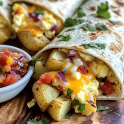 - 4 large eggs - 2 medium-sized potatoes, peeled and diced - 1 small red onion, finely chopped - 1 red bell pepper, diced - 1 cup shredded cheese (cheddar or pepper jack) - 4 large flour tortillas - 1 tablespoon olive oil - 1 teaspoon cumin - 1 teaspoon paprika - Salt and pepper to taste - Fresh cilantro, chopped (for garnish) - Salsa or hot sauce (for serving) When you cook, keep your measurements simple. Use large eggs for fluffiness. Two medium potatoes give good texture. One small onion adds the right amount of flavor. One red bell pepper brings sweetness. One cup of cheese makes it cheesy. Four large tortillas wrap it all up nicely. You need one tablespoon of olive oil for cooking. Use one teaspoon of cumin and one teaspoon of paprika for spice. Adjust salt and pepper to your taste. Feel free to add other ingredients for fun. Diced tomatoes can add freshness. Cooked bacon or sausage gives a meaty touch. Avocado slices add creaminess. Black beans can boost protein and fiber. You might also try different cheeses like feta or gouda. The options are endless! Start by peeling and dicing two medium-sized potatoes. Place them in a medium pot. Add salted water and bring it to a boil. Cook the potatoes until tender, which takes about ten minutes. Once they are soft, drain the water. Set the potatoes aside to cool slightly. Next, heat one tablespoon of olive oil in a large skillet over medium heat. Add one small chopped red onion and one diced red bell pepper. Sauté the vegetables for three to four minutes until they soften. This step adds great flavor and texture to your burrito. In a mixing bowl, whisk together four large eggs. Add one teaspoon of cumin, one teaspoon of paprika, and a pinch of salt and pepper. Pour this egg mixture into the skillet with the sautéed vegetables. Stir gently and cook the eggs until they are scrambled and just set. Now it’s time to add the potatoes. Gently mix the drained potatoes into the skillet with the eggs and vegetables. Stir everything together until heated through. To make it even better, sprinkle in half of one cup of shredded cheese. Let it melt into the warm mixture. Lay a large flour tortilla flat on a clean surface. Spoon an appropriate amount of the egg and potato mix into the center. Top it with some of the remaining cheese. Fold in the sides of the tortilla, then roll it up tightly from the bottom. Repeat this process for the other tortillas and filling. Wipe the skillet clean and heat it over medium-high heat. Place the burritos seam-side down in the skillet. Toast them for two to three minutes on each side. This step gives the burritos a golden brown and crispy exterior. Now you have a delicious breakfast burrito ready to enjoy! For the complete recipe, check out the Full Recipe. To keep your burritos from getting soggy, use dry fillings. After cooking the potatoes, let them cool. This helps remove extra moisture. When you cook the eggs, avoid overcooking them. This keeps the eggs fluffy and not watery. Also, don’t overfill your tortillas. A little filling goes a long way. If you expect leftovers, wrap them well for storage. For perfect scrambled eggs, whisk them well before cooking. This adds air and makes them fluffy. Use medium heat when cooking. High heat can make the eggs tough. Stir gently while cooking to keep them soft. Remove them from heat just before they are fully set. They will continue to cook from the heat left in the pan. Flour tortillas are the best choice for breakfast burritos. They are soft and hold up well. You can also try whole wheat tortillas for a healthier option. Corn tortillas are another choice, but they may break easier. Choose a size that fits your filling. Typically, large tortillas work best for this recipe. You want enough room to fold and roll them tightly. For the full recipe, refer to the instructions above. {{image_2}} You can make your breakfast burrito vegetarian by skipping the eggs. Instead, use tofu. Firm tofu works best. Crumble it and sauté it with the onions and peppers. Add some spices for flavor. You can also add black beans for extra protein. This keeps your burrito filling and nutritious. If you love heat, add jalapeños to your mix. Diced fresh jalapeños give a nice kick. You can also try adding a few dashes of hot sauce while cooking the eggs. For more heat, sprinkle in cayenne pepper. This makes each bite exciting and full of flavor. Cheese can change the taste of your burrito. If you want a dairy-free option, use nutritional yeast. It gives a cheesy flavor and packs in nutrients. Another great substitute is vegan cheese. It melts nicely and adds creaminess. You can experiment with different types to find your favorite. If you want more ideas, check the Full Recipe for Breakfast Burritos with Potatoes and Eggs. To keep your breakfast burritos fresh, wrap each burrito tightly in plastic wrap. This helps prevent air from getting in. Place the wrapped burritos in an airtight container or a heavy-duty freezer bag. Store them in the fridge if you plan to eat them within a few days. They should stay good for about 3 to 4 days. Freezing your breakfast burritos is a great idea for meal prep. After wrapping them, place the burritos in the freezer. They can last up to 3 months when frozen. To freeze, make sure they are sealed well to avoid freezer burn. Label each burrito with the date you froze it, so you know when to use them. When you're ready to eat your burritos, there are a few ways to reheat them. You can use the microwave for quick heating. Just unwrap the burrito and place it on a microwave-safe plate. Heat for about 1 to 2 minutes, checking to make sure it’s warm throughout. If you prefer a crispy texture, use a skillet. Heat a bit of oil in the skillet over medium heat, then add the burrito. Cook for about 3 to 5 minutes, flipping to ensure even heating. This method gives a nice crunch to the outside. For the best results, avoid reheating multiple times. It’s best to heat just what you plan to eat. For the full recipe, check the earlier sections of this article. Yes, you can make breakfast burritos in advance. Prepare the filling and let it cool. Then, wrap each burrito tightly in foil or plastic wrap. Store them in the fridge for up to three days. When you are ready to eat, just reheat them in the oven or microwave. This way, you save time in the morning and enjoy a tasty meal. Breakfast burritos pair well with many sides. Try fresh fruit like berries or sliced oranges. You can also serve them with a green salad or some crispy hash browns. Salsa or hot sauce adds a nice kick. If you enjoy some crunch, tortilla chips work great too. These sides can complete your breakfast experience. To make this recipe healthier, swap regular potatoes for sweet potatoes. Sweet potatoes are lower in calories and higher in nutrients. You can also use whole wheat tortillas instead of regular flour ones. Reduce the amount of cheese or use a lower-fat option. Adding more veggies, like spinach or zucchini, boosts fiber and vitamins. For this recipe, Yukon Gold or Russet potatoes work best. Yukon Gold potatoes are creamy and flavorful. Russets are fluffy and absorb spices well. Both types cook well and add great texture to your burrito. Avoid waxy potatoes, as they won’t give the same results. You can find the full recipe for breakfast burritos with potatoes and eggs in my detailed recipe section. It includes all the steps and tips to create a delicious meal. You learned how to make tasty breakfast burritos with potatoes and eggs. We covered ingredients, steps, tips, and variations. You can try different add-ins like veggies or spices. Remember to store leftovers well so they stay fresh. You can even make these burritos in advance. Whether for breakfast or brunch, these burritos are easy and satisfying. Enjoy exploring new flavors and making them your own!
