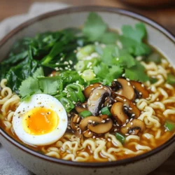 Here is what you need for a delicious bowl of Asian Mushroom Ramen: - 200g ramen noodles - 200g mixed mushrooms (shiitake, portobello, and enoki) - 1 tablespoon sesame oil - 3 garlic cloves - 1 inch ginger - 4 cups vegetable broth - 2 tablespoons soy sauce - 1 tablespoon miso paste - 1 teaspoon chili paste - 1 cup baby spinach - 2 green onions - 1 boiled egg - Sesame seeds - Fresh cilantro These ingredients create a rich, flavorful dish. The mix of mushrooms adds depth. The garlic and ginger bring warmth. Sesame oil enhances the dish with a nutty taste. Miso paste gives a savory kick. Spinach brightens the bowl with color and nutrition. For the complete cooking process, check the Full Recipe. This dish is simple yet satisfying. You can easily adjust the flavors to what you like best. Enjoy your cooking adventure! To cook the ramen noodles, follow the package instructions. Usually, this means boiling them in water for just a few minutes. Once cooked, drain the noodles and rinse them under cold water. Rinsing stops the cooking process. This step helps keep the noodles firm and prevents them from sticking together. Next, heat sesame oil in a large pot over medium heat. Add minced garlic and grated ginger. Sauté these for about 1-2 minutes until they release a strong aroma. This adds depth to your dish. After that, add the sliced mixed mushrooms. Cook them until they soften, which takes about 5-7 minutes. This step enhances the umami flavor in your ramen. Now, it’s time to mix the broth ingredients. Pour in vegetable broth, soy sauce, miso paste, and chili paste. Stir everything well. Bring this mix to a boil, then reduce the heat to a simmer. Let it cook for about 10 minutes. This time allows the flavors to meld and deepen. Once the broth is ready, add baby spinach and the cooked ramen noodles to the pot. Stir gently to mix everything well. Heat this for an additional 3-4 minutes. This step warms the spinach and noodles while keeping their texture. When ready to serve, ladle the ramen into bowls. Top each bowl with a halved boiled egg and sliced green onions. Add a sprinkle of sesame seeds for crunch. Finally, garnish with fresh cilantro for extra flavor. This makes your ramen not just tasty but also visually appealing. For the complete recipe, check out the Full Recipe! - To cook perfect noodles, follow the package directions. - Rinse the noodles with cold water to stop cooking. - Use a large pot to prevent sticking. - Stir occasionally while cooking to ensure even cooking. To enhance the umami flavor, add soy sauce and miso paste early. These ingredients build a rich taste as they cook. You can also try adding dried shiitake mushrooms for extra depth. For a complete meal, pair your ramen with a side salad. A simple cucumber salad adds a crunchy texture. You can also serve it with gyoza for a delightful combo. You can switch up toppings for variety. Try adding roasted corn, sliced bell peppers, or even tofu for extra protein. Fresh herbs like basil or mint can add a refreshing twist. To make this dish vegan, swap the boiled egg with extra tofu or avocado. You can also use vegetable broth to keep it plant-based. To maintain flavor, use high-quality vegetable broth. Adding a splash of lime juice can brighten the dish. If you miss the richness, try a vegan egg substitute or nutritional yeast. For the full recipe, check the earlier section. Enjoy your cooking journey! {{image_2}} You can easily make your Asian mushroom ramen spicy. To adjust heat levels, start with less chili paste. Taste the broth and add more if you want it hotter. For extra spice, consider adding these ingredients: - 1 tablespoon sriracha - 1 teaspoon crushed red pepper flakes - Fresh sliced jalapeños Adding proteins can make your ramen heartier. You can use chicken, beef, shrimp, or tofu. For chicken, cook for about 10 minutes. Beef can take up to 15 minutes, while shrimp cooks in just 3-5 minutes. Tofu needs about 5-7 minutes to warm through. For a vegetarian twist, think of adding more vegetables. You can include: - Bell peppers - Carrots - Broccoli - Snap peas Adding these veggies boosts nutrition and flavor. You may want to adjust the broth to keep it balanced. Adding more vegetable broth can help if you add lots of veggies. To store leftover ramen, place it in an airtight container. Keep the broth and noodles separate. This way, the noodles stay firm and do not get mushy. You can refrigerate leftovers for up to three days. When you’re ready to eat, reheat the broth first. Reheating broth helps revive the flavors. Use a pot on medium heat and stir often. For noodles, add them to the boiling broth for about one minute. This method keeps your dish fresh and tasty. If you want to freeze ramen, prepare the broth and noodles separately. Let them cool completely. Pour the broth into freezer-safe bags or containers. Label them with the date. You can freeze the broth for up to three months. To freeze noodles, place them in a bag and remove the air. When you’re ready to eat, thaw the broth overnight in the fridge. For noodles, place them in hot water for a few minutes. This method helps maintain the texture. You can enjoy your Asian mushroom ramen again, just like the first time! For ramen, you want noodles that are springy and chewy. The best options are: - Fresh ramen noodles - Dried ramen noodles - Instant ramen noodles Fresh noodles are often the best choice. They cook quickly and add a great texture. If you can't find fresh, dried noodles work well too. Instant ramen is easy but usually lacks that authentic bite. Yes, you can! Here are some great gluten-free options: - Rice noodles - Gluten-free ramen noodles Rice noodles are a good substitute. They have a nice texture and hold up well. Gluten-free ramen noodles are now more available and can mimic the original taste. Just be mindful of the cooking times, as they may vary. You can change flavors in many ways. Here are some ideas: - Add more garlic or ginger for a bolder taste. - Experiment with different mushrooms for unique flavors. - Use different broths like chicken or beef for variety. - Spice it up with more chili paste or hot sauce. Each choice alters the dish. Think of it as a fun way to make your bowl special! This blog post covered how to make delicious ramen from scratch. We discussed ingredients, step-by-step cooking instructions, tips for success, and variations to suit your taste. Always remember to rinse your noodles and sauté your aromatics for the best flavor. You can adapt this recipe to be vegan or add your favorite proteins. Enjoying ramen is all about personal touches. With the right techniques, you can create a bowl that warms your soul. Happy cooking!