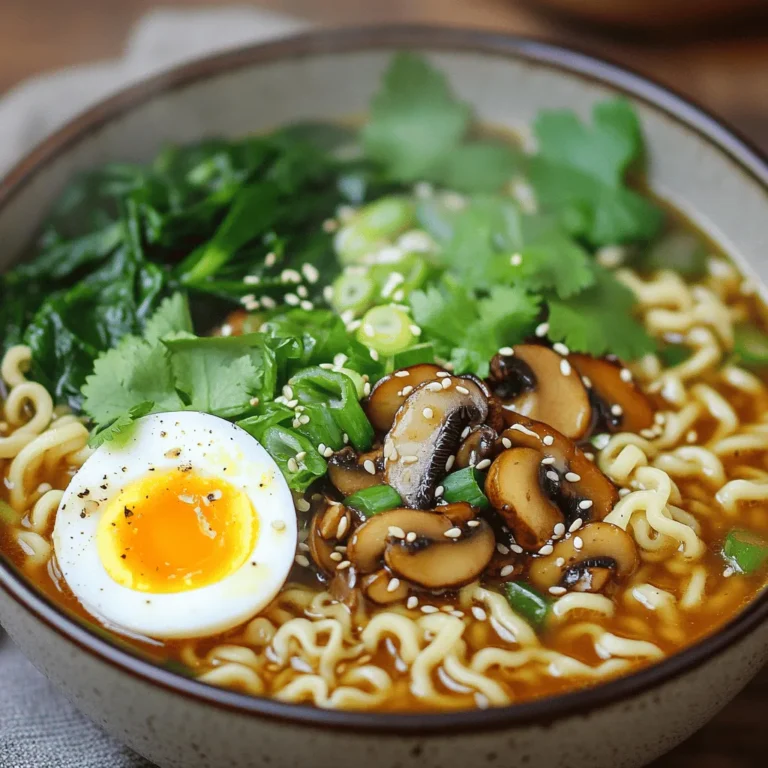 Here is what you need for a delicious bowl of Asian Mushroom Ramen: - 200g ramen noodles - 200g mixed mushrooms (shiitake, portobello, and enoki) - 1 tablespoon sesame oil - 3 garlic cloves - 1 inch ginger - 4 cups vegetable broth - 2 tablespoons soy sauce - 1 tablespoon miso paste - 1 teaspoon chili paste - 1 cup baby spinach - 2 green onions - 1 boiled egg - Sesame seeds - Fresh cilantro These ingredients create a rich, flavorful dish. The mix of mushrooms adds depth. The garlic and ginger bring warmth. Sesame oil enhances the dish with a nutty taste. Miso paste gives a savory kick. Spinach brightens the bowl with color and nutrition. For the complete cooking process, check the Full Recipe. This dish is simple yet satisfying. You can easily adjust the flavors to what you like best. Enjoy your cooking adventure! To cook the ramen noodles, follow the package instructions. Usually, this means boiling them in water for just a few minutes. Once cooked, drain the noodles and rinse them under cold water. Rinsing stops the cooking process. This step helps keep the noodles firm and prevents them from sticking together. Next, heat sesame oil in a large pot over medium heat. Add minced garlic and grated ginger. Sauté these for about 1-2 minutes until they release a strong aroma. This adds depth to your dish. After that, add the sliced mixed mushrooms. Cook them until they soften, which takes about 5-7 minutes. This step enhances the umami flavor in your ramen. Now, it’s time to mix the broth ingredients. Pour in vegetable broth, soy sauce, miso paste, and chili paste. Stir everything well. Bring this mix to a boil, then reduce the heat to a simmer. Let it cook for about 10 minutes. This time allows the flavors to meld and deepen. Once the broth is ready, add baby spinach and the cooked ramen noodles to the pot. Stir gently to mix everything well. Heat this for an additional 3-4 minutes. This step warms the spinach and noodles while keeping their texture. When ready to serve, ladle the ramen into bowls. Top each bowl with a halved boiled egg and sliced green onions. Add a sprinkle of sesame seeds for crunch. Finally, garnish with fresh cilantro for extra flavor. This makes your ramen not just tasty but also visually appealing. For the complete recipe, check out the Full Recipe! - To cook perfect noodles, follow the package directions. - Rinse the noodles with cold water to stop cooking. - Use a large pot to prevent sticking. - Stir occasionally while cooking to ensure even cooking. To enhance the umami flavor, add soy sauce and miso paste early. These ingredients build a rich taste as they cook. You can also try adding dried shiitake mushrooms for extra depth. For a complete meal, pair your ramen with a side salad. A simple cucumber salad adds a crunchy texture. You can also serve it with gyoza for a delightful combo. You can switch up toppings for variety. Try adding roasted corn, sliced bell peppers, or even tofu for extra protein. Fresh herbs like basil or mint can add a refreshing twist. To make this dish vegan, swap the boiled egg with extra tofu or avocado. You can also use vegetable broth to keep it plant-based. To maintain flavor, use high-quality vegetable broth. Adding a splash of lime juice can brighten the dish. If you miss the richness, try a vegan egg substitute or nutritional yeast. For the full recipe, check the earlier section. Enjoy your cooking journey! {{image_2}} You can easily make your Asian mushroom ramen spicy. To adjust heat levels, start with less chili paste. Taste the broth and add more if you want it hotter. For extra spice, consider adding these ingredients: - 1 tablespoon sriracha - 1 teaspoon crushed red pepper flakes - Fresh sliced jalapeños Adding proteins can make your ramen heartier. You can use chicken, beef, shrimp, or tofu. For chicken, cook for about 10 minutes. Beef can take up to 15 minutes, while shrimp cooks in just 3-5 minutes. Tofu needs about 5-7 minutes to warm through. For a vegetarian twist, think of adding more vegetables. You can include: - Bell peppers - Carrots - Broccoli - Snap peas Adding these veggies boosts nutrition and flavor. You may want to adjust the broth to keep it balanced. Adding more vegetable broth can help if you add lots of veggies. To store leftover ramen, place it in an airtight container. Keep the broth and noodles separate. This way, the noodles stay firm and do not get mushy. You can refrigerate leftovers for up to three days. When you’re ready to eat, reheat the broth first. Reheating broth helps revive the flavors. Use a pot on medium heat and stir often. For noodles, add them to the boiling broth for about one minute. This method keeps your dish fresh and tasty. If you want to freeze ramen, prepare the broth and noodles separately. Let them cool completely. Pour the broth into freezer-safe bags or containers. Label them with the date. You can freeze the broth for up to three months. To freeze noodles, place them in a bag and remove the air. When you’re ready to eat, thaw the broth overnight in the fridge. For noodles, place them in hot water for a few minutes. This method helps maintain the texture. You can enjoy your Asian mushroom ramen again, just like the first time! For ramen, you want noodles that are springy and chewy. The best options are: - Fresh ramen noodles - Dried ramen noodles - Instant ramen noodles Fresh noodles are often the best choice. They cook quickly and add a great texture. If you can't find fresh, dried noodles work well too. Instant ramen is easy but usually lacks that authentic bite. Yes, you can! Here are some great gluten-free options: - Rice noodles - Gluten-free ramen noodles Rice noodles are a good substitute. They have a nice texture and hold up well. Gluten-free ramen noodles are now more available and can mimic the original taste. Just be mindful of the cooking times, as they may vary. You can change flavors in many ways. Here are some ideas: - Add more garlic or ginger for a bolder taste. - Experiment with different mushrooms for unique flavors. - Use different broths like chicken or beef for variety. - Spice it up with more chili paste or hot sauce. Each choice alters the dish. Think of it as a fun way to make your bowl special! This blog post covered how to make delicious ramen from scratch. We discussed ingredients, step-by-step cooking instructions, tips for success, and variations to suit your taste. Always remember to rinse your noodles and sauté your aromatics for the best flavor. You can adapt this recipe to be vegan or add your favorite proteins. Enjoying ramen is all about personal touches. With the right techniques, you can create a bowl that warms your soul. Happy cooking!