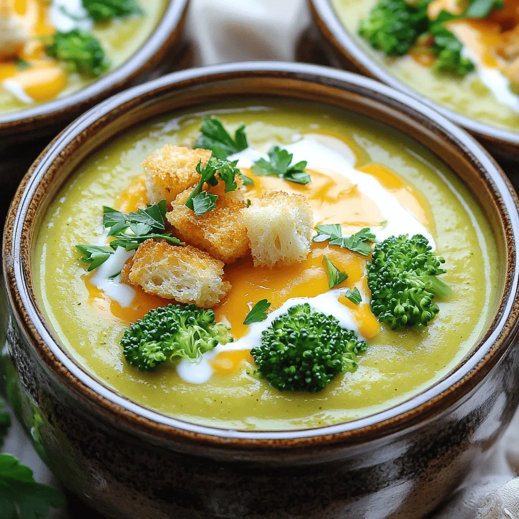 - 6 cups of fresh broccoli florets - 1 medium onion, diced - 2 cloves garlic, minced - 4 cups vegetable broth - 1 cup heavy cream - 2 cups shredded sharp cheddar cheese - 1 teaspoon paprika - 1 teaspoon salt - ½ teaspoon black pepper - ½ teaspoon nutmeg - 2 tablespoons olive oil - Optional: Croutons and fresh parsley for garnish Gathering the right ingredients makes all the difference in your soup. Start with fresh broccoli florets for a vibrant color and crisp taste. Dicing a medium onion adds sweet notes and depth to your soup, while minced garlic introduces a punch of flavor. Next, liquid is key. Vegetable broth gives a rich base, while heavy cream brings creaminess that makes the soup delightful. For seasonings, shredded sharp cheddar cheese provides that melty goodness we crave. Paprika adds warmth, while salt and black pepper enhance all the flavors. A hint of nutmeg rounds it out with a subtle sweetness. Using olive oil to sauté your onion and garlic adds a layer of flavor and helps the ingredients mix well. If you want to elevate your presentation, consider adding croutons and fresh parsley on top when serving. This simple touch makes your dish pop! For the complete recipe, check out the Full Recipe. - Sauté the onion in olive oil until translucent. - Add minced garlic and stir for aroma. Start by heating olive oil in a skillet over medium heat. Add your diced onion. Sauté it for about five minutes. You want the onion to become soft and clear. Then, toss in the minced garlic. Stir for a minute or two until the garlic smells great. This step builds a strong base for your soup. - Combine broccoli, sautéed onions, and garlic in the slow cooker. - Add vegetable broth and seasonings, then stir. Next, grab your slow cooker. Place six cups of fresh broccoli florets inside. Add the onion and garlic mix. Now, pour in four cups of vegetable broth. Sprinkle in your seasonings: one teaspoon of paprika, one teaspoon of salt, half a teaspoon of black pepper, and half a teaspoon of nutmeg. Stir everything gently. Cover the slow cooker and cook on low for four to five hours. If you’re short on time, you can cook on high for two to three hours. The broccoli should become tender. - Puree the soup once cooking is complete. - Stir in heavy cream and cheddar cheese and cook for extra flavor. When cooking is done, use an immersion blender to puree the soup until smooth. If you don't have one, carefully transfer the soup to a blender in batches. Once smooth, return it to the slow cooker. Now, stir in one cup of heavy cream and two cups of shredded sharp cheddar cheese. Mix well until the cheese melts completely. Taste and adjust the seasoning if needed. Let the soup cook for an extra 30 minutes on low. This step enhances the flavors. For a lovely finish, serve the soup warm and consider garnishing it with croutons and fresh parsley. Enjoy your savory slow cooker broccoli cheese soup delight! For the full recipe, check it out [here](Full Recipe). To make your slow cooker broccoli cheese soup even better, adjust the seasoning to your taste. Start with the basic amounts, then add more salt or pepper if needed. You can also add herbs or spices for a unique twist. Try fresh thyme or rosemary for a fresh taste. A pinch of cayenne can bring heat if you like spice. If you want a chunkier soup, save some broccoli before blending. This allows you to add texture back into the soup. You can also experiment with different cheese types. While sharp cheddar gives great flavor, a mix of gouda and mozzarella can make it creamy and rich. Don’t be afraid to try new combinations to find your perfect blend. {{image_2}} You can easily make this soup dairy-free. First, substitute heavy cream with coconut milk. This keeps the soup creamy while adding a light coconut flavor. Next, use nutritional yeast instead of cheese. Nutritional yeast gives a cheesy taste without dairy. This option is great for those with lactose issues. You can add more to your soup for extra flavor. Incorporate protein like cooked chicken or ham. This turns the soup into a hearty meal. You can also mix in other vegetables, such as carrots or cauliflower. This adds color and nutrition to the dish. Be creative and have fun with your choices! For the full recipe, check the detailed instructions above. To store leftovers in the fridge, let the soup cool first. Pour the soup into airtight containers. I recommend using glass or BPA-free plastic containers. Seal them tightly to keep out air. The soup can last for up to three days in the fridge. To freeze the soup, follow these steps: 1. Allow the soup to cool completely. 2. Pour it into freezer-safe bags or containers. 3. Remove as much air as possible to avoid freezer burn. 4. Label the bags or containers with the date. For thawing, move the soup to the fridge overnight. To reheat, warm it on the stove over low heat. Stir it often to ensure it heats evenly. You can also use a microwave, but check to avoid hot spots. Enjoy your creamy goodness anytime! You can keep the soup in the fridge for about 3 to 5 days. Make sure to store it in an airtight container. This helps keep the flavors fresh. When you reheat it, stir well and check if it needs more seasoning. Yes, you can use frozen broccoli! It works great in this recipe. Just add it straight to the slow cooker. There’s no need to thaw it first. The cooking time may be a bit shorter, so check for tenderness. Absolutely! This soup is perfect for meal prep. You can make it a day or two in advance. Let it cool completely before storing it in the fridge. Just reheat on the stove or microwave when you’re ready to enjoy. I love serving this soup with warm, crusty bread. It also pairs well with a fresh salad. For extra crunch, top with croutons. You can also sprinkle some fresh parsley for color. Want to spice it up? A dash of hot sauce adds a nice kick! For the full recipe, check out the details above. You learned how to make Slow Cooker Broccoli Cheese Soup with fresh ingredients. We walked through preparing the base, cooking, and blending for a smooth finish. Remember to experiment with flavors and textures to suit your taste. Whether you stick to the original recipe or try variations, this soup is tasty and filling. Lastly, proper storage ensures you enjoy it later. Enjoy making this warm comfort food at home!