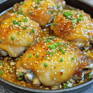 To make honey garlic chicken thighs, gather these ingredients: - 4 bone-in, skin-on chicken thighs - 1/4 cup honey - 4 cloves garlic, minced - 2 tablespoons soy sauce - 1 tablespoon apple cider vinegar - 1 teaspoon grated ginger - Salt and pepper to taste - 2 tablespoons olive oil - 1 teaspoon sesame seeds (for garnish) - Chopped green onions (for garnish) When measuring honey, use a liquid measuring cup. It helps to coat the cup for easy pouring. For minced garlic, use fresh cloves for the best taste. If you don't have ginger, use ground ginger as a substitute. Make sure you taste the marinade before adding it to the chicken. Adjust salt and pepper to your liking. You can swap chicken thighs for drumsticks or breasts. Both work well with the same marinade. Instead of honey, use maple syrup for a different flavor. If you want a gluten-free option, use tamari instead of soy sauce. You can omit apple cider vinegar if you prefer a sweeter dish. Fresh herbs can replace green onions for garnish, adding a nice touch. For the full recipe, check the details above. Start by gathering your ingredients for honey garlic chicken thighs. You will need: - 4 bone-in, skin-on chicken thighs - 1/4 cup honey - 4 cloves garlic, minced - 2 tablespoons soy sauce - 1 tablespoon apple cider vinegar - 1 teaspoon grated ginger - Salt and pepper to taste - 2 tablespoons olive oil - 1 teaspoon sesame seeds (for garnish) - Chopped green onions (for garnish) First, preheat your oven to 400°F (200°C). This helps the chicken cook evenly. Next, mix the marinade. In a bowl, whisk together honey, minced garlic, soy sauce, apple cider vinegar, ginger, salt, and pepper. This mix will give the chicken its sweet and savory flavor. Rinse the chicken thighs under cold water. Pat them dry with paper towels. This step is key for a crispy skin. Season both sides well with salt and pepper. In a large ovenproof skillet, heat olive oil over medium-high heat. Once hot, add the chicken thighs skin-side down. Sear them for about 5-7 minutes. You want the skin to be golden brown and crispy. After searing, carefully flip the chicken thighs over so the skin is facing up. Pour the marinade over them. Make sure each thigh is well-coated. This will enhance the flavor during baking. Now, transfer the skillet to your preheated oven. Bake the chicken for 25-30 minutes. You can check if it is done when the internal temperature hits 165°F (75°C). For extra caramelization, switch to broil for the last 2-3 minutes. Just keep an eye on it to prevent burning. Once cooked, remove the skillet from the oven. Let the chicken rest for 5 minutes before serving. This helps keep the juices inside. To ensure your chicken thighs turn out perfect, follow these tips: - Always use a meat thermometer to check the internal temperature. - Let the chicken rest after cooking. This keeps it juicy. - If you want more flavor, let the chicken marinate for a few hours or overnight. - For even cooking, try to use thighs of similar size. These steps will help you create a meal that is simple and tasty. You can find the full recipe for honey garlic chicken thighs in the earlier sections. Enjoy your cooking! When making honey garlic chicken thighs, some mistakes can ruin your meal. Here are a few to watch for: - Not drying the chicken: Wet chicken won't crisp up well. Use paper towels to pat it dry. - Skipping the marinade time: Letting the chicken soak in the marinade gives it more flavor. Aim for at least 30 minutes. - Overcooking the chicken: Use a meat thermometer. Chicken should reach 165°F (75°C) for safety. To cook chicken thighs right, follow these techniques: - Searing: Start by searing the chicken skin-side down in a hot skillet. This makes the skin crispy. - Oven baking: After searing, bake the chicken in the oven. This keeps it juicy and cooks it evenly. - Broiling: For extra caramelization, broil the chicken for a few minutes at the end. Keep a close eye on it to avoid burning. To make your honey garlic chicken thighs even tastier, consider these tips: - Add herbs: Fresh herbs like thyme or rosemary add a nice touch. Sprinkle them in the marinade. - Use quality honey: A good honey can make a huge difference. Look for pure honey, not syrup. - Experiment with spices: Try adding a pinch of red pepper flakes for some heat or smoked paprika for depth. For a full recipe, check out the section above. Enjoy your cooking adventure! {{image_2}} You can easily swap chicken thighs for other proteins. Try chicken breasts if you want a leaner cut. Pork chops work well too, adding a different flavor. Even tofu can replace chicken for a plant-based option. Adjust the cooking time based on the protein you choose. Adding veggies makes this dish more colorful and nutritious. Broccoli and bell peppers pair nicely with honey garlic sauce. Cut them into bite-sized pieces and add them to your skillet. You can toss them in with the chicken during the last 15 minutes of cooking. This method keeps them crisp and bright. Mix up the sauce for a new twist. Try using maple syrup instead of honey for a richer taste. You could also add chili paste for some heat. A splash of orange juice can brighten the flavor too. Experimenting with sauces keeps the dish exciting and fresh. For the full recipe, check out the Honey Garlic Chicken Thighs section. To keep your honey garlic chicken thighs fresh, let them cool first. Place the thighs in an airtight container. You can store them in the fridge for up to three days. If you want to extend their life, freezing is a great option. When you're ready to enjoy leftovers, preheat your oven to 350°F (175°C). Place the chicken thighs on a baking sheet. Cover them with foil to keep them moist. Heat for about 15-20 minutes until they are warm. You can also use a microwave, but this may dry them out. If you choose the microwave, heat in 30-second bursts until warm. To freeze, wrap each thigh tightly in plastic wrap or foil. Then, place them in a freezer bag. Be sure to label the bag with the date. These can last up to three months in the freezer. When you're ready to eat, thaw them in the fridge overnight. Then, reheat as mentioned above. This method keeps the flavor intact and makes meal prep easy! Cooking honey garlic chicken thighs takes about 45 minutes in total. This includes 10 minutes of prep time and 25-30 minutes of baking in the oven. To ensure they are done, check that the chicken reaches an internal temperature of 165°F (75°C). This will keep the meat juicy and safe to eat. Yes, you can use boneless chicken thighs. They will cook faster than bone-in thighs. You should reduce the baking time to about 20-25 minutes. The key is to still check the internal temperature to make sure it reaches 165°F (75°C). Boneless thighs can be just as tasty and tender! Honey garlic chicken thighs pair well with many sides. Here are some ideas: - Steamed rice - Roasted vegetables - Mashed potatoes - A fresh green salad - Noodles with stir-fried veggies These sides will complement the sweet and savory flavors of the chicken. You can mix and match based on your taste! For the full recipe, check out the full recipe section above. This blog post covered all you need for honey garlic chicken thighs. We explored ingredients, step-by-step cooking, and useful tips. You learned how to avoid common mistakes and enhance flavors. I shared different variations and storage info, ensuring your meals stay fresh. Remember, great chicken thighs can be made by anyone. Follow these steps, and you will impress your friends and family every time. Happy cooking!