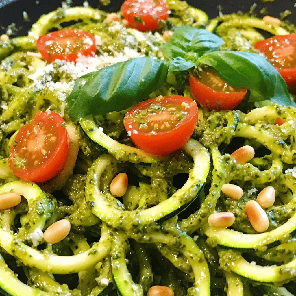 - 3 medium zucchinis - 1 cup fresh basil leaves - 1/2 cup pine nuts (toasted if desired) - 2 cloves garlic - 1/2 cup grated Parmesan cheese (or nutritional yeast for vegan) - 1/3 cup extra virgin olive oil - Salt and pepper to taste - 1 cup cherry tomatoes, halved - 1/4 teaspoon red pepper flakes (optional) Zucchini noodles shine as a fresh base for this dish. You’ll need three medium zucchinis for a good serving. Fresh basil leaves bring a burst of flavor. One cup is perfect. Pine nuts add crunch; half a cup works well. Two cloves of garlic give the pesto depth. For a cheesy taste, use half a cup of grated Parmesan cheese. If you want a vegan option, nutritional yeast is a great substitute. Don't forget about the extra virgin olive oil. This adds smoothness and richness. You can adjust the salt and pepper to your taste. Cherry tomatoes add a pop of color and sweetness. Halve one cup and toss them in. For those who like a kick, add a sprinkle of red pepper flakes. This dish is all about fresh ingredients and simple flavors. You can find the full recipe for more details. To start, use a spiralizer to make zucchini noodles. This tool helps create long, thin strands. If you don’t have a spiralizer, a simple peeler works too. Just peel the zucchini into flat ribbons. Both methods work well and taste great. Next, it's time to make the pesto. Gather your ingredients: basil leaves, pine nuts, garlic, and Parmesan cheese. Place these in a food processor. Blend them until finely chopped. This step brings out the flavors. To get the right texture, slowly drizzle in olive oil while the processor runs. Keep blending until it’s smooth. Taste and adjust the seasoning as needed. Now, combine the cooked zucchini noodles with the pesto. Toss them in a large bowl until well-coated. The noodles should shine with the green sauce. Add halved cherry tomatoes for a pop of color and flavor. If you like a bit of heat, sprinkle in red pepper flakes. Toss again and mix well. The dish is now ready to serve. Enjoy your fresh, flavorful meal! To get the best zucchini noodles, start with fresh zucchinis. Look for firm ones with smooth skin. Cut off the ends before spiralizing. When using a spiralizer, press gently to avoid mushy noodles. If you don’t have a spiralizer, a vegetable peeler can work as well. Just make thin, long ribbons. Aim for noodles that feel firm and have slight bite. This will keep them enjoyable in your dish. For tools, a spiralizer is ideal. It creates perfect noodles quickly. A good peeler works too, but you may need more time. Always remember to keep your kitchen tools clean and sharp. This will help you achieve the best results. To make your pesto shine, fresh herbs are key. Use basil, but try adding parsley or spinach too. These can add depth to the flavor. If you like a nutty taste, consider adding walnuts or sunflower seeds. This gives a nice twist to your pesto. You can also try adding a squeeze of lemon juice for brightness. Adjust the seasoning as you blend. Taste your pesto, and if it needs more salt, add a pinch. If it’s too strong, add more olive oil to balance it. Finding the right flavor is all about personal taste. When plating, make your dish look great! Twirl the zucchini noodles into a nest shape. This makes it fun to eat. Top with a sprinkle of Parmesan cheese and some whole basil leaves. This adds color and freshness. For a complete meal, pair your zucchini noodles with grilled chicken or shrimp. This adds protein and makes your meal more filling. You can also serve it with a side salad. Fresh greens work well to balance the flavors. Enjoy your fresh, tasty dish! {{image_2}} For a vegan twist, you can skip the cheese. Instead of Parmesan, use nutritional yeast. This gives a cheesy flavor without dairy. You can also add a little avocado for creaminess. If you want to switch up the nuts, try cashews or walnuts. Both can blend smoothly into the pesto. Zucchini noodles work well with many veggies. Try adding bell peppers or spinach for more color and flavor. You can also mix in some carrots for a bit of sweetness. Seasoning can change your dish too. A sprinkle of lemon zest or a squeeze of lime adds a bright note. To keep this meal low-carb, focus on the veggies. Zucchini is great for this! If you want more sauce options, consider using avocado sauce or a creamy tahini mix. These alternatives add great taste without the carbs. They keep your dish light and fresh. To keep your zucchini noodles with pesto fresh, use airtight containers. Glass containers work best, but plastic ones are fine too. This helps keep moisture out. Store the leftovers in the fridge for up to three days. After that, the noodles may become too soggy. When reheating, avoid the microwave if possible. It can make the noodles mushy. Instead, warm them in a skillet over low heat. Stir gently to keep the noodles intact. For serving, add a sprinkle of fresh basil or extra cheese. This enhances the flavor and looks great! Yes, you can freeze zucchini noodles and pesto! To freeze, place the noodles and pesto in separate bags. Remove as much air as you can before sealing. Store the bags flat in the freezer for easier stacking. They will keep well for up to three months. When ready to enjoy, thaw in the fridge overnight. Then, reheat as mentioned above for a tasty meal. For the full recipe, check out the earlier section. To cook zucchini noodles, keep it simple. You want them tender but not mushy. Aim for 3 to 5 minutes of cooking in a pan. Stir them gently to avoid breaking. If you see water pooling in the pan, that means they are overcooked. You want a slight crunch. This keeps the flavor fresh and bright. Yes, you can make pesto ahead of time! Store it in an airtight container in the fridge. It stays fresh for up to a week. To keep the color bright, drizzle a thin layer of olive oil on top. This helps prevent browning. You can also freeze pesto. Just place it in ice cube trays. This way, you can use it later in small portions. Avoid overcooking the zucchini noodles. They should be crisp. Don't skip salting the zucchini before cooking. This helps draw out moisture. Also, watch the seasoning. Taste your pesto as you go. Adding too much garlic can overpower the dish. Lastly, serve it right after mixing. This keeps everything fresh and vibrant. Zucchini noodles with pesto are simple and tasty. We covered main ingredients, like zucchini and basil, and how to make perfect noodles. You can enhance your dish with great tips and add flavors with variations. Remember to store leftovers properly for later enjoyment. Cooking should be fun and a chance to be creative. I hope you try this dish and make it your own! Enjoy your delicious meal made with fresh, bright flavors.