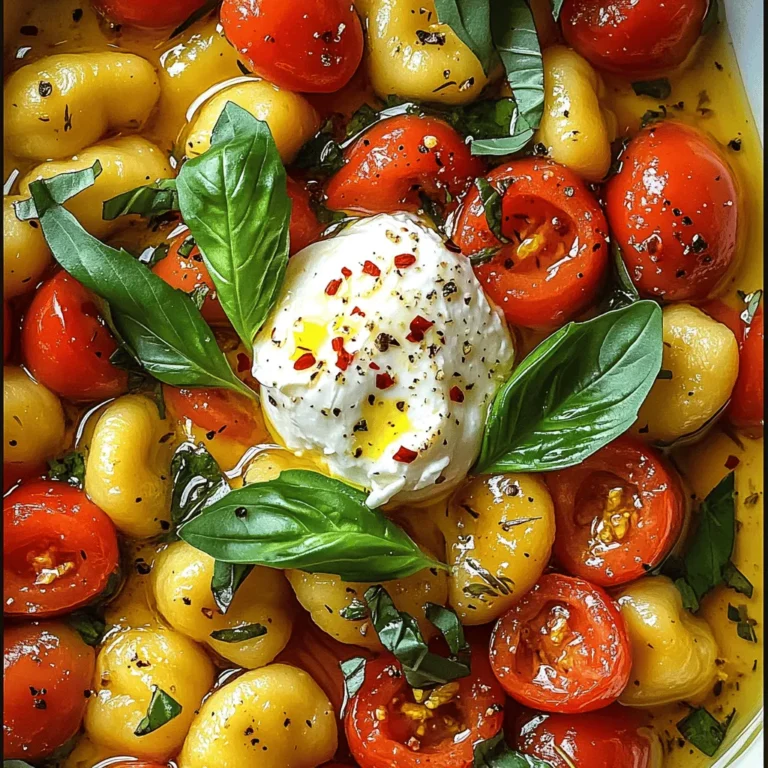 To make this tasty tomato gnocchi with burrata, you need a few key items. Each ingredient adds to the flavor and texture. Here’s the list of ingredients you will use: - 1 package (16 oz) store-bought gnocchi - 2 cups cherry tomatoes, halved - 2 tablespoons olive oil - 2 cloves garlic, minced - 1 teaspoon dried basil - 1 teaspoon dried oregano - Salt and pepper to taste - 8 oz burrata cheese - Fresh basil leaves for garnish - Crushed red pepper flakes (optional) Each ingredient plays a role. The gnocchi gives a soft and chewy base. The cherry tomatoes burst with sweetness. Olive oil adds richness, while garlic brings a savory note. Dried basil and oregano add warmth and depth. The burrata cheese melts beautifully, creating a creamy finish. Fresh basil leaves brighten the dish. If you like spice, crushed red pepper flakes offer a nice kick. For the full recipe, check out the complete instructions to create this dish. Enjoy cooking! Start by boiling water in a large pot. Add a generous amount of salt. This helps flavor the gnocchi. Once the water is boiling, add the gnocchi. Cook them for about 2-3 minutes. Watch for them to float to the top. This means they are done. Drain the gnocchi and set them aside. Grab a large skillet and heat the olive oil over medium heat. Add minced garlic to the hot oil and cook for about 30 seconds. You want to smell the garlic but not burn it. Next, toss in the halved cherry tomatoes. Add dried basil, oregano, salt, and pepper. Stir everything together. Cook for about 5-7 minutes. The tomatoes should soften and start to burst. This creates a flavorful sauce. Now it’s time to add the cooked gnocchi to the skillet. Gently toss the gnocchi with the tomatoes. Make sure each gnocchi is coated in the sauce. Let everything cook together for another 2 minutes. This helps the flavors blend nicely. Once done, remove the skillet from the heat. Make a small well in the center of the gnocchi. Place the burrata cheese right in the center. The heat will help it melt a bit. This adds a creamy texture. Finally, sprinkle fresh basil leaves on top. If you like heat, add crushed red pepper flakes for a kick. Enjoy your meal! For the full recipe, check out the details above. For this dish, I suggest using store-bought gnocchi. It saves time and effort. Look for fresh gnocchi in the refrigerated section. They usually taste better than dried ones. If you prefer, frozen gnocchi works too. Just follow the cooking time on the package. Fresh herbs can bring your dish to life. I love using fresh basil. It adds a bright taste that pairs well with tomatoes. You can also try parsley or even thyme. Just chop them finely and sprinkle them on top before serving. This gives your dish a fresh look and flavor burst. Burrata cheese is creamy and rich. To get the best flavor, let it sit at room temperature for a few minutes before using. This helps it soften. When you add it to the hot gnocchi, it melts beautifully. Make a little well in the gnocchi to hold the burrata. It will create a wonderful, creamy sauce. For a kick, add crushed red pepper flakes. They balance the creaminess and add extra zest. For the full recipe, check the details above. {{image_2}} You can easily add protein to this dish. Chicken, shrimp, or sausage make great choices. Cook your protein in the same skillet after the garlic. This way, you infuse the dish with more flavor. For chicken, use bite-sized pieces and cook until golden. For shrimp, add them until pink and opaque. Sausage can be sliced and browned. Each option brings its own tasty twist. If you want a vegan option, swap out the burrata. Use tofu or cashew cream instead. Tofu can mimic the texture of burrata when crumbled. Cashew cream adds a rich, creamy touch. You can make cashew cream by blending soaked cashews with lemon juice and salt. For a fresh taste, add lemon zest to brighten the dish. While the tomato sauce is fantastic, you can try other sauces too. A creamy Alfredo or pesto sauce works well with gnocchi. For a fresh twist, mix in a bit of lemon juice. You can also make a simple brown butter sauce by browning butter and adding sage. This gives the dish a nutty flavor. Each sauce brings out new flavors in your gnocchi. For the [Full Recipe], check the earlier section. Each variation opens a world of taste, making your meal more exciting! After you enjoy your meal, let the dish cool. Transfer any leftovers into an airtight container. Store it in the fridge. Leftovers will stay fresh for up to three days. Avoid mixing the burrata in until you reheat. To reheat, use a skillet on medium heat. Add a splash of olive oil to keep it moist. Stir gently until heated through. This helps keep the gnocchi soft. You can also use the microwave. Heat in short bursts, stirring in between, to avoid hot spots. If you want to freeze your meal, do it before adding the burrata. Place the cooled gnocchi and tomato mix in a freezer-safe bag. Squeeze out as much air as possible. You can freeze it for up to two months. To serve, thaw overnight in the fridge. Reheat as mentioned above for the best taste. It takes just 30 minutes to make this dish. You can prep and cook in no time. This makes it perfect for busy nights or quick meals. Yes, you can use homemade gnocchi! Fresh gnocchi adds great flavor and texture. Just cook it the same way as store-bought gnocchi. Adjust the cooking time as needed, as fresh gnocchi may cook faster. If you can’t find burrata, try fresh mozzarella. Ricotta cheese is another good choice. Both will give a creamy texture, but burrata has a unique, rich flavor that’s hard to beat. To make more servings, simply double or triple the ingredients. Keep the cooking steps the same. Just make sure your pan is large enough to fit all the gnocchi and sauce. You can find the full recipe here for guidance on scaling up! This recipe makes a simple and tasty dish with gnocchi, tomatoes, and burrata. We covered the ingredients, step-by-step cooking, and useful tips. You can even switch things up with protein or vegan options. Don’t forget how to store leftovers properly. Get ready to impress with a meal that’s easy to make and full of flavor. Enjoy cooking and sharing this dish with friends and family!