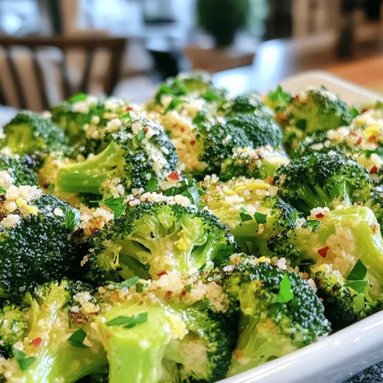 - 2 large heads of broccoli - 4 cloves garlic, minced - 3 tablespoons olive oil - 1/2 cup grated Parmesan cheese - 1 teaspoon lemon zest - 1/2 teaspoon red pepper flakes (optional) - Salt and freshly ground black pepper - Fresh parsley, chopped for garnish To make Garlic Parmesan Roasted Broccoli, gather your main ingredients first. Broccoli is the star here. Use two large heads, cut into florets. This ensures even cooking and easy eating. Next, chop four cloves of garlic. Fresh garlic adds a punch of flavor. Don’t forget the olive oil! You need three tablespoons for roasting. For extra flavor, we add some seasonings. Grate half a cup of Parmesan cheese. The cheese melts beautifully and creates a savory crust. Grate some lemon zest too; it brightens the dish. If you like a little heat, add red pepper flakes. Finally, for garnishing, use salt and freshly ground black pepper to taste. Chopped fresh parsley adds color and freshness to your dish. You can find the full recipe in the article. It’s a simple way to create a tasty side that shines at any meal. - Preheat your oven to 425°F (220°C). This heat helps the broccoli roast well. - Cut the broccoli into small florets. Make sure they are all about the same size. This helps them cook evenly. - In a large mixing bowl, add the broccoli florets, minced garlic, and olive oil. Toss them together until the broccoli is fully coated. This step adds flavor. - Sprinkle in salt, freshly ground black pepper, and red pepper flakes if you like a kick. Toss again to mix everything well. - Spread the broccoli mixture on a large baking sheet. Make sure it is in one layer. This helps it roast, not steam. - Roast in the preheated oven for 15 minutes. Halfway through, stir the broccoli to ensure even cooking. - After 15 minutes, take the baking sheet out. Sprinkle the grated Parmesan cheese and lemon zest over the broccoli. - Pop the baking sheet back in the oven for an extra 5 to 7 minutes. Look for the cheese to melt and turn golden. - Once done, remove it from the oven. Let it cool for a bit before serving. Adjust seasoning to taste. For a full recipe, check the detailed section above. Oven temperature plays a big role in roasting broccoli. I always set my oven to 425°F (220°C). This temperature lets the broccoli cook fast and get crispy. If the oven is too cool, the veggies can turn mushy. Stirring the broccoli halfway through cooking is key. It helps the florets cook evenly and prevents burning. I recommend using a spatula to toss the broccoli gently. This small step makes a big difference. Want to add more zest? You can try a few optional ingredients. A teaspoon of lemon zest brightens the dish. If you like heat, sprinkle in red pepper flakes. They add a nice kick without overpowering the garlic. Choosing quality Parmesan cheese is also important. Freshly grated cheese melts better than pre-packaged. A good Parmesan has a rich, nutty flavor that enhances the broccoli. It is worth the extra effort. Knowing when your broccoli is done is simple. Look for vibrant green color and a slight char. The florets should be tender yet still crisp. Check the cheese for the right melt. It should be bubbly and slightly golden. If the cheese browns too much, it can become hard. Keep an eye on it during the last few minutes of roasting. For the full details on making this delicious dish, check out the Full Recipe. {{image_2}} You can switch up the cheese in this dish for a new taste. Asiago adds a nutty flavor. Pecorino brings a salty kick. Both work great with broccoli. If you're vegan, you can use plant-based cheese. Look for brands that melt well. This way, you keep the creamy texture while keeping it dairy-free. Feel free to add more veggies. Carrots give a sweet crunch. Bell peppers add a pop of color. You can even mix in cauliflower. It roasts well and tastes great with garlic. Just cut all veggies to the same size for even cooking. This makes your dish colorful and more nutritious. For a quick twist, use garlic powder instead of fresh garlic. It still gives you that garlic flavor. You can also try adding spices like cumin or paprika. These spices add warmth and depth. Just a pinch can change the whole dish. Experiment and find what you love best! For the complete recipe, check out the Full Recipe. To keep Garlic Parmesan Roasted Broccoli fresh, store it in the fridge. Place the broccoli in an airtight container. This helps it stay crisp and tasty. You can also wrap it tightly in plastic wrap. It will last for about 3 to 4 days this way. When reheating, the oven is best to keep the texture. Preheat your oven to 350°F (175°C). Then, place the broccoli on a baking sheet and heat for about 10 minutes. Stir it halfway through. If you're in a hurry, you can use a microwave. Just heat it for 30 seconds at a time until warm. But know that it may lose some crunch. You can freeze Garlic Parmesan Roasted Broccoli for later use. First, let it cool completely. Then, place it in a freezer-safe bag. Remove as much air as you can. It will stay good for about 2 to 3 months. When you're ready to eat it, thaw the broccoli in the fridge overnight. Reheat it in the oven for the best results. Garlic Parmesan Roasted Broccoli can last about 3 to 4 days in the fridge. To store it, put it in an airtight container. This keeps it fresh and tasty, ready for your next meal. If you notice any moisture, pat it dry with a towel before sealing. This helps avoid sogginess. Yes, you can make this recipe ahead of time! To do this, prepare the broccoli and season it as directed. Instead of roasting it right away, cover the bowl and place it in the fridge. You can keep it there for up to 24 hours. When you are ready, roast the broccoli as usual. This saves time and lets the flavors soak in. Absolutely! To make Garlic Parmesan Roasted Broccoli vegan, simply swap the Parmesan cheese for a vegan cheese alternative. Nutritional yeast is a great option too. It gives a cheesy flavor without dairy. You can also use a bit more lemon zest for added flavor. These swaps keep the dish tasty while fitting a vegan diet. In this post, we covered how to make Garlic Parmesan Roasted Broccoli. We looked at key ingredients like broccoli and garlic, plus the best seasonings. I provided step-by-step instructions for prep, mixing, and roasting. You learned tips for making this dish perfect and ways to add your twist. We also discussed how to store leftovers and answered common questions. This delicious dish is simple and can fit any meal. Enjoy trying it out!