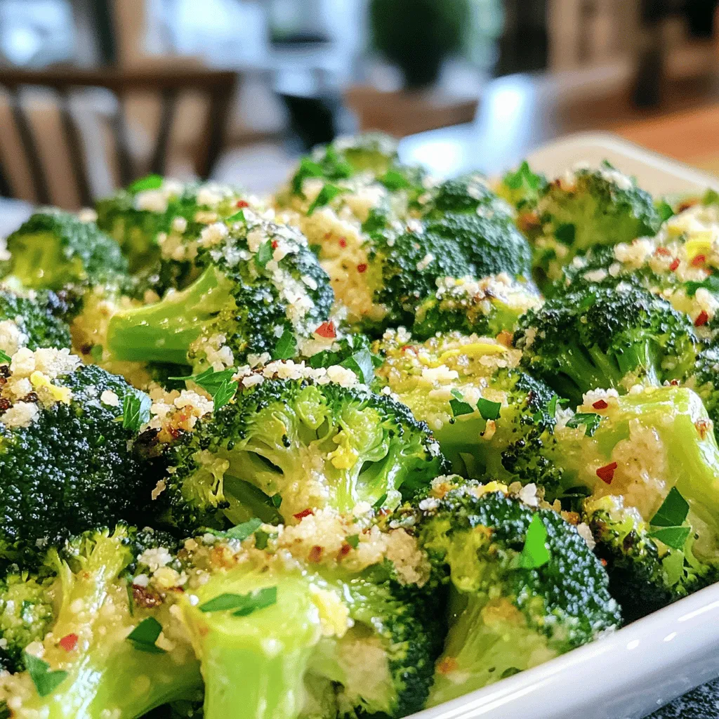 - 2 large heads of broccoli - 4 cloves garlic, minced - 3 tablespoons olive oil - 1/2 cup grated Parmesan cheese - 1 teaspoon lemon zest - 1/2 teaspoon red pepper flakes (optional) - Salt and freshly ground black pepper - Fresh parsley, chopped for garnish To make Garlic Parmesan Roasted Broccoli, gather your main ingredients first. Broccoli is the star here. Use two large heads, cut into florets. This ensures even cooking and easy eating. Next, chop four cloves of garlic. Fresh garlic adds a punch of flavor. Don’t forget the olive oil! You need three tablespoons for roasting. For extra flavor, we add some seasonings. Grate half a cup of Parmesan cheese. The cheese melts beautifully and creates a savory crust. Grate some lemon zest too; it brightens the dish. If you like a little heat, add red pepper flakes. Finally, for garnishing, use salt and freshly ground black pepper to taste. Chopped fresh parsley adds color and freshness to your dish. You can find the full recipe in the article. It’s a simple way to create a tasty side that shines at any meal. - Preheat your oven to 425°F (220°C). This heat helps the broccoli roast well. - Cut the broccoli into small florets. Make sure they are all about the same size. This helps them cook evenly. - In a large mixing bowl, add the broccoli florets, minced garlic, and olive oil. Toss them together until the broccoli is fully coated. This step adds flavor. - Sprinkle in salt, freshly ground black pepper, and red pepper flakes if you like a kick. Toss again to mix everything well. - Spread the broccoli mixture on a large baking sheet. Make sure it is in one layer. This helps it roast, not steam. - Roast in the preheated oven for 15 minutes. Halfway through, stir the broccoli to ensure even cooking. - After 15 minutes, take the baking sheet out. Sprinkle the grated Parmesan cheese and lemon zest over the broccoli. - Pop the baking sheet back in the oven for an extra 5 to 7 minutes. Look for the cheese to melt and turn golden. - Once done, remove it from the oven. Let it cool for a bit before serving. Adjust seasoning to taste. For a full recipe, check the detailed section above. Oven temperature plays a big role in roasting broccoli. I always set my oven to 425°F (220°C). This temperature lets the broccoli cook fast and get crispy. If the oven is too cool, the veggies can turn mushy. Stirring the broccoli halfway through cooking is key. It helps the florets cook evenly and prevents burning. I recommend using a spatula to toss the broccoli gently. This small step makes a big difference. Want to add more zest? You can try a few optional ingredients. A teaspoon of lemon zest brightens the dish. If you like heat, sprinkle in red pepper flakes. They add a nice kick without overpowering the garlic. Choosing quality Parmesan cheese is also important. Freshly grated cheese melts better than pre-packaged. A good Parmesan has a rich, nutty flavor that enhances the broccoli. It is worth the extra effort. Knowing when your broccoli is done is simple. Look for vibrant green color and a slight char. The florets should be tender yet still crisp. Check the cheese for the right melt. It should be bubbly and slightly golden. If the cheese browns too much, it can become hard. Keep an eye on it during the last few minutes of roasting. For the full details on making this delicious dish, check out the Full Recipe. {{image_2}} You can switch up the cheese in this dish for a new taste. Asiago adds a nutty flavor. Pecorino brings a salty kick. Both work great with broccoli. If you're vegan, you can use plant-based cheese. Look for brands that melt well. This way, you keep the creamy texture while keeping it dairy-free. Feel free to add more veggies. Carrots give a sweet crunch. Bell peppers add a pop of color. You can even mix in cauliflower. It roasts well and tastes great with garlic. Just cut all veggies to the same size for even cooking. This makes your dish colorful and more nutritious. For a quick twist, use garlic powder instead of fresh garlic. It still gives you that garlic flavor. You can also try adding spices like cumin or paprika. These spices add warmth and depth. Just a pinch can change the whole dish. Experiment and find what you love best! For the complete recipe, check out the Full Recipe. To keep Garlic Parmesan Roasted Broccoli fresh, store it in the fridge. Place the broccoli in an airtight container. This helps it stay crisp and tasty. You can also wrap it tightly in plastic wrap. It will last for about 3 to 4 days this way. When reheating, the oven is best to keep the texture. Preheat your oven to 350°F (175°C). Then, place the broccoli on a baking sheet and heat for about 10 minutes. Stir it halfway through. If you're in a hurry, you can use a microwave. Just heat it for 30 seconds at a time until warm. But know that it may lose some crunch. You can freeze Garlic Parmesan Roasted Broccoli for later use. First, let it cool completely. Then, place it in a freezer-safe bag. Remove as much air as you can. It will stay good for about 2 to 3 months. When you're ready to eat it, thaw the broccoli in the fridge overnight. Reheat it in the oven for the best results. Garlic Parmesan Roasted Broccoli can last about 3 to 4 days in the fridge. To store it, put it in an airtight container. This keeps it fresh and tasty, ready for your next meal. If you notice any moisture, pat it dry with a towel before sealing. This helps avoid sogginess. Yes, you can make this recipe ahead of time! To do this, prepare the broccoli and season it as directed. Instead of roasting it right away, cover the bowl and place it in the fridge. You can keep it there for up to 24 hours. When you are ready, roast the broccoli as usual. This saves time and lets the flavors soak in. Absolutely! To make Garlic Parmesan Roasted Broccoli vegan, simply swap the Parmesan cheese for a vegan cheese alternative. Nutritional yeast is a great option too. It gives a cheesy flavor without dairy. You can also use a bit more lemon zest for added flavor. These swaps keep the dish tasty while fitting a vegan diet. In this post, we covered how to make Garlic Parmesan Roasted Broccoli. We looked at key ingredients like broccoli and garlic, plus the best seasonings. I provided step-by-step instructions for prep, mixing, and roasting. You learned tips for making this dish perfect and ways to add your twist. We also discussed how to store leftovers and answered common questions. This delicious dish is simple and can fit any meal. Enjoy trying it out!