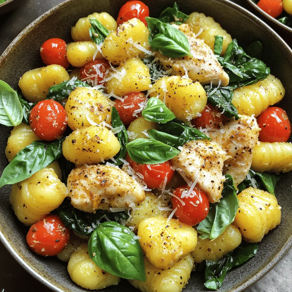 - 1 pound chicken breast, diced - 1 pound potato gnocchi - 4 cloves garlic, minced - 2 cups spinach leaves - 1 cup cherry tomatoes, halved - 1 teaspoon Italian seasoning - 1/2 teaspoon red pepper flakes (optional) - 2 tablespoons olive oil - Salt and pepper to taste - 1/2 cup grated parmesan cheese - Fresh basil leaves for garnish - Large skillet - Cooking utensils - Measuring spoons and cups To make a great Garlic Chicken Gnocchi Skillet, you need fresh, quality ingredients. The chicken brings protein and flavor, while the gnocchi adds a soft, pillowy texture. Garlic is key here; it gives the dish its signature aroma and taste. Spinach and cherry tomatoes add color and nutrition. Use a large skillet for even cooking. This helps all the flavors blend nicely. I recommend using a sturdy spatula for stirring. Measuring spoons and cups are essential for accuracy. When you gather your ingredients, the fun begins! This recipe is quick and easy. You can whip it up in about 25 minutes. Make sure to check out the Full Recipe for all the cooking steps. To start, season the chicken breast. Use salt, pepper, and Italian seasoning. This mix boosts flavor. Next, heat 1 tablespoon of olive oil in a large skillet over medium heat. Add the chicken to the skillet. Cook for 5-7 minutes until golden. Make sure it’s cooked through. Remove the chicken and set it aside. Now, let’s sauté the garlic and tomatoes. In the same skillet, add another tablespoon of olive oil. Toss in the minced garlic and optional red pepper flakes. Sauté for about 1 minute. You want it fragrant, but not burnt. Next, add the halved cherry tomatoes to the skillet. Cook for 3-4 minutes. They should start to soften and burst. For the gnocchi, you can use fresh or shelf-stable. If using fresh gnocchi, cook it in the skillet. It usually takes 2-3 minutes until it floats. For shelf-stable gnocchi, prepare it in a separate pot and drain before adding it. Once the gnocchi is ready, combine it with the garlic and tomatoes. Now, mix in the spinach and cooked chicken. Stir gently. Cook until the spinach wilts, about 1-2 minutes. Finally, sprinkle the grated parmesan cheese over the dish. Toss everything to combine. Taste and adjust seasoning if needed. Let it sit for a couple of minutes for the cheese to melt. For the full recipe, check the detailed steps provided above. To cook gnocchi just right, timing is key. Fresh gnocchi cooks fast. When they float, they are done. This usually takes about 2 to 3 minutes. If you use shelf-stable gnocchi, cook them in a pot first. Drain them well before adding to the skillet. This helps keep the dish light and fluffy. You can make this dish your own by adding extra veggies or proteins. Consider bell peppers, zucchini, or mushrooms. You can also swap the chicken for shrimp or tofu for a fun twist. Try adding a handful of peas or asparagus for color and flavor. The options are endless! To boost the flavor, use fresh herbs like parsley or thyme. You can also try adding lemon zest for a bright touch. For a spicier kick, increase the red pepper flakes. A dash of smoked paprika can add depth too. Experiment with different seasonings to find what you love most. For full recipe details, check out the complete guide! {{image_2}} You can easily make this dish vegetarian. Instead of chicken, try using mushrooms or zucchini. These veggies add great texture and flavor. You can also add extra spinach or kale for more greens. When you replace chicken, cook the veggies until they are soft. This will give you a tasty, hearty meal. If you need a gluten-free version, look for gluten-free gnocchi. Many brands offer great options made from rice or potato. Check the packaging to make sure it fits your needs. Cooking times may vary, so follow the instructions on the package. This way, you can enjoy the same great taste without the gluten. Want to add more flavor? Try different cheeses like feta or mozzarella. You can also add spices like smoked paprika or fresh herbs. These simple changes can make your meal feel new and exciting. You can mix and match flavors to suit your taste. Don't be afraid to experiment! For the full recipe, check out the detailed steps to create this delightful dish. Store leftover garlic chicken gnocchi in an airtight container. This helps keep it fresh and tasty. Make sure to cool it first before sealing. It will last in the fridge for 3 to 4 days. When you reheat it, add a splash of water or broth. This keeps it from drying out. To freeze the dish, let it cool completely. Then, place it in a freezer-safe container. You can also use a freezer bag. Squeeze out the air before sealing. It can stay frozen for up to 3 months. When you’re ready to eat, thaw it in the fridge overnight. Reheat it on the stove or in the microwave until warm. Garlic chicken gnocchi stays fresh in the fridge for about 4 days. If frozen, it can last up to 3 months. Always check for any off smells or changes in color before eating. If in doubt, throw it out! Yes, you can use frozen gnocchi. Frozen gnocchi cooks quickly and tastes great. Just add them directly to the skillet without thawing. Make sure to cook them until they float. This usually takes around 2-3 minutes. I recommend checking the package for exact times. Frozen gnocchi is a time-saver and still gives you that nice chewy texture. You have many tasty options for sides. Here are some of my favorites: - Garlic bread: A classic choice that pairs well. - Mixed green salad: A fresh salad adds crunch and color. - Roasted veggies: Try zucchini, bell peppers, or asparagus. - Steamed broccoli: It adds a healthy touch and a pop of green. These sides enhance the meal and balance the flavors. Making this dish dairy-free is simple. Here are some swaps: - Use nutritional yeast: It gives a cheesy flavor without dairy. - Skip the parmesan: You can leave it out and still enjoy the dish. - Use dairy-free cheese: Many brands offer good dairy-free options. These changes allow everyone to enjoy the meal. Yes, this recipe is great for meal prep. Here are some tips: - Cook in bulk: Double the recipe to have more servings. - Store in containers: Use airtight containers for easy storage. - Reheat properly: Warm it in the skillet or microwave. This dish stays fresh in the fridge for about 3-4 days. You will love having a quick meal ready! For the full recipe, be sure to check out the details above! In this post, I covered a simple garlic chicken gnocchi skillet recipe. You learned about the key ingredients, essential equipment, and step-by-step instructions for cooking. I shared tips on making the gnocchi just right and how to customize the dish to fit your taste. Remember to explore variations like vegetarian or gluten-free options. Finally, storing leftovers correctly extends their freshness. This recipe is easy to make and brings delicious flavors to your table. Enjoy your cooking adventure with this tasty meal!
