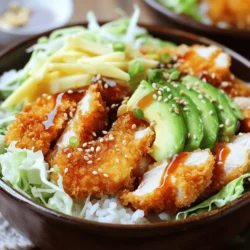 - 2 boneless, skinless chicken thighs - 1 cup panko breadcrumbs - 2 cups cooked Japanese rice Katsu bowls are hearty and full of flavor. The main star is the chicken thighs, which I find juicier and more tender than other cuts. The panko breadcrumbs give a nice crunch that contrasts well with the soft rice. You need Japanese rice for its stickiness, which holds everything together. - 1 tablespoon soy sauce - 1 tablespoon Dijon mustard - 1/4 cup pickled ginger - 2 tablespoons teriyaki sauce - Sesame seeds for garnish - Green onions, chopped for garnish Soy sauce and Dijon mustard bring out the umami taste. I love adding pickled ginger for a tangy kick. The teriyaki sauce adds sweetness, while sesame seeds and green onions finish the dish with a fresh touch. These ingredients make every bite a delight. - Tofu or pork as protein alternatives - Vegan options using plant-based sauces - Gluten-free substitutes for flour and breadcrumbs You can switch the protein if you want. Tofu works great for a veggie version, while pork is classic for katsu. If you need vegan or gluten-free options, there are many great substitutes available. These variations let you enjoy katsu bowls no matter your diet. For the full recipe, check out the Crispy Chicken Katsu Bowls section! To start, you need to pound the chicken. Take the boneless, skinless thighs and place them between two sheets of plastic wrap. Use a meat mallet or a rolling pin to pound them evenly to about 1/2 inch thick. This makes sure they cook evenly. After that, season both sides with salt and pepper. This adds great flavor to the meat. Next, create a breading station. You need three shallow dishes. In the first dish, add the flour. In the second dish, mix a large egg with soy sauce and Dijon mustard. In the last dish, pour in the panko breadcrumbs. This three-part breading system helps the chicken get that perfect crispy coating. When you dredge the chicken, do it in order. First, coat it in flour. Shake off any extra flour. Then, dip it in the egg mixture, making sure every part gets covered. Finally, press it into the panko breadcrumbs. This step is key for a crunchy crust. Now it’s time to fry the chicken. In a large skillet, heat about 1/2 inch of vegetable oil over medium-high heat. To know if it's hot enough, you can drop a small piece of bread in the oil. If it sizzles, you’re ready. Carefully add the breaded chicken to the skillet. Fry for about 3-4 minutes on each side. Look for that golden-brown color. The chicken should reach an internal temperature of 165°F. Once done, place the chicken on paper towels to drain excess oil. This process gives you a delicious, crispy chicken katsu that will make your bowl truly special. For the full recipe, check out the recipe section. To keep your chicken moist, choose thighs over breasts. Thighs have more fat, so they stay juicy. Pound the chicken evenly. This helps it cook at the same rate. Season with salt and pepper before you bread it. This adds flavor throughout the meat. For even frying, heat the oil properly. Aim for 350°F to 375°F. If the oil is too cool, the katsu will soak up grease. Fry in small batches. This keeps the oil hot and helps achieve that perfect golden color. When you arrange your katsu bowls, think visually. Start with a base of rice. Then, layer the toppings on top. Place the chicken katsu in the center. Add shredded cabbage around it for crunch. Sliced avocado adds creaminess and color. Finally, drizzle teriyaki sauce over everything. This adds shine and flavor. Use contrasting colors. Bright green onions and pink pickled ginger make the dish pop. A sprinkle of sesame seeds adds texture. You can even add a lime wedge for a nice touch. You can bake katsu if you want a healthier option. Preheat your oven to 400°F. Place the breaded chicken on a baking sheet. Spray lightly with oil. Bake for about 20 minutes or until golden. This method reduces oil but still gives a nice crunch. An air fryer is another great choice. It cooks the katsu quickly with less oil. Set it to 375°F and cook for about 12 minutes. Flip halfway through for even cooking. This gives you crispy katsu with less mess. For the full recipe, check out the detailed steps to create your own katsu bowls! {{image_2}} You can use tofu or tempeh instead of chicken for a veggie version. Both absorb flavor well. For the breading, follow the same steps as with chicken. You can also try different sauces. A vegan mayo or spicy miso can add a unique twist. If you need a gluten-free option, swap all-purpose flour with rice flour. Use gluten-free breadcrumbs instead of panko. For sauces, look for gluten-free teriyaki or soy sauce. Always check labels to ensure they are safe. Katsu varies by region. Tonkatsu is a pork version, often served with a special sauce. Chicken katsu is lighter and crispier. Some regions add unique toppings like grated daikon or spicy mayo. Experiment with local flavors to make your bowl special. To keep your Katsu bowls fresh, store leftovers right away. Place the food in airtight containers. This will help keep moisture in and odors out. Make sure to refrigerate within two hours of cooking. This keeps your meal safe to eat later. I recommend using glass containers. They help avoid stains and odors from strong flavors. When it's time to enjoy leftovers, you have a few good options. The microwave is fast and easy. Just cover the bowl with a damp paper towel to keep it moist. Heat for about one to two minutes. If you prefer a crispier texture, use the oven. Preheat it to 350°F. Place the bowl on a baking sheet and heat for about 10 minutes. This helps maintain the crunch of the katsu. If you want to save Katsu bowls for later, freezing is a great choice. First, freeze the katsu and rice separately. Wrap the katsu in plastic wrap, then place it in a freezer bag. For rice, use a freezer-safe container. When you're ready to eat, thaw the katsu in the fridge overnight. Heat it up in the oven or microwave, and serve with fresh rice. This keeps your meal tasting great! Katsu is a Japanese dish made with breaded and fried meat. It often uses pork or chicken. The meat gets coated in flour, egg, and panko breadcrumbs. When cooked, it becomes crispy and golden. Katsu is usually served with rice and a tangy sauce. Tonkatsu is the pork version, while chicken katsu is popular too. Both are delicious and easy to make! Yes, you can prepare katsu ahead of time. You can bread the chicken and store it in the fridge for a day. Just make sure to keep it covered. When ready, fry it fresh for best taste. You can also cook the katsu and store it in the fridge. Reheat it just before serving. This keeps it crispy and tasty. Katsu bowls are great with many sides. You can add steamed veggies or a salad for color. Miso soup complements the meal well. Pickled vegetables add a crunchy contrast. You might also enjoy some edamame or seaweed salad on the side. Each of these pairs well with the rich flavors of katsu. Katsu bowls can be part of a balanced diet, but watch the portion sizes. The chicken provides protein, while rice gives carbs. However, frying adds extra fat and calories. You can make it healthier by using less oil or baking the chicken instead. Adding fresh veggies boosts nutrition too. Enjoy katsu in moderation for a tasty treat! Katsu bowls are simple to make and packed with flavor. We've covered key ingredients like chicken thighs and panko breadcrumbs, along with essential seasonings and toppings. The steps to prepare and cook are important for a great meal. I also shared tips for perfecting your katsu and creative variations. Remember, you can customize your bowl to fit dietary needs. This dish offers tasty options and the chance to impress at your table. Enjoy making and sharing delicious katsu bowls with family and friends!