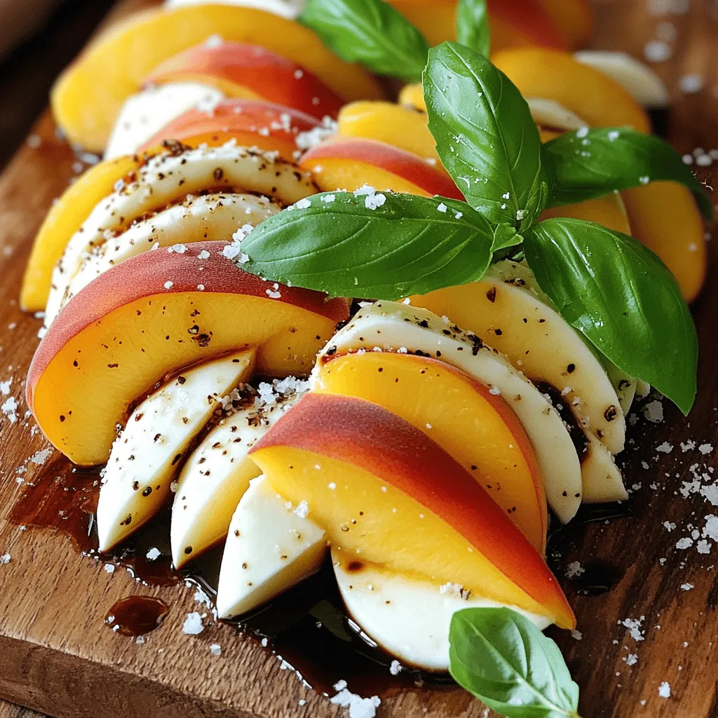 - 4 ripe peaches: Look for peaches that are slightly soft but not mushy. The color should be vibrant and golden. A sweet scent is a good sign of ripeness. You can also use nectarines if you prefer. - 8 oz fresh mozzarella cheese: Fresh mozzarella works best. You can also try burrata for a creamier texture. Both types melt in your mouth, enhancing the dish's flavor. - 1 cup fresh basil leaves: Choose bright green leaves without brown spots. Gently smell the basil to check for freshness. You can tear the leaves to release more aroma and flavor. - Salt and pepper: Use sea salt or kosher salt for a coarser texture. Freshly cracked black pepper adds more flavor than pre-ground. - 2 tablespoons balsamic glaze: You can buy balsamic glaze or make your own by reducing balsamic vinegar. This adds a sweet and tangy flavor that pairs well with the peaches. - 1 tablespoon olive oil: Extra virgin olive oil offers the best flavor. Look for a fruity or peppery oil to complement the salad's sweetness. For the complete recipe, check out the Full Recipe section for detailed steps to create this delightful dish. To start, wash the peaches. Rinse them under cold water. This helps remove any dirt or wax. For perfect slices, use a sharp knife. Cut around the pit and slice the peaches into wedges. Aim for even pieces, about half an inch thick. Next, let's slice the mozzarella cheese. Use fresh mozzarella for the best taste. Place the cheese ball on a cutting board. Cut it into even slices, the same thickness as the peaches. This helps with both taste and look. Now, it’s time to layer the salad. Take a large platter and start with the peach slices. Alternate them with the mozzarella slices. Slightly overlap each piece for a beautiful look. This pattern not only pleases the eye but also combines flavors with each bite. Add fresh basil leaves next. Tuck whole leaves in between the peach and mozzarella layers. This adds a burst of flavor. Make sure to spread them out for a nice fresh taste. Drizzle balsamic glaze over the salad. Pour it evenly for the best coating. This glaze adds a sweet and tangy kick. Follow this with a drizzle of olive oil. It brings richness to the dish. For the final touches, season with salt and pepper. Keep it light to enhance the natural sweetness. Too much salt can overpower the dish. Now your Peach Caprese Salad is ready to enjoy! For the full recipe, please refer to the details above. For a lovely display, choose your serving style wisely. A rustic wooden board adds a homey touch. On the other hand, long white plates give a sleek, chic vibe. Both options work well for Peach Caprese Salad. To enhance the look, think about garnishing. Fresh basil leaves add color and a pop of green. A sprinkle of coarse sea salt can also brighten the dish. Serve this salad right after you make it for the best taste. Fresh peaches and basil shine when they are at their peak. If you want a cooler dish, chill it for just ten minutes. This slight chilling makes the flavors blend nicely. Pair your Peach Caprese Salad with light sides. Grilled chicken or shrimp complements the salad well. A simple bread, like a baguette, is also a great addition. For drinks, consider a crisp white wine. A sparkling water with a slice of lime can be refreshing too. Enjoying these pairings takes the meal to the next level. For the full recipe, check out the instructions above! {{image_2}} You can easily change the fruit in this salad. Nectarines work great as a peach swap. They offer a similar sweet flavor and juicy texture. Other fruits like plums or apricots can also be fun to try. Just ensure they are ripe for the best taste. For cheese, I love using fresh mozzarella. But you might prefer burrata for its creamy richness. Goat cheese can add a nice tang to your salad, too. Each choice brings a unique flavor twist. Adding nuts can enhance the texture of your salad. Prosciutto gives a savory touch that balances the sweetness of the peaches. Pecans add a nice crunch and a nutty flavor. Both options make your dish more exciting. You can also mix in other vegetables. Arugula adds a peppery taste, while mixed greens give a fresh bite. These greens can elevate your salad and add color. A homemade balsamic reduction can take this dish to the next level. To make it, simply simmer balsamic vinegar until it thickens. This quick recipe adds a rich flavor without much fuss. You can also infuse your dressing with other herbs. Try adding mint or thyme for a fresh twist. Experimenting with different herbs can create new flavor layers that surprise your taste buds. To keep your Peach Caprese Salad fresh, store leftovers in airtight containers. This method helps to keep the moisture in and prevents the salad from absorbing other flavors in the fridge. The best temperature for storage is in your refrigerator. Make sure to place the container on a shelf, not in the door. This will help maintain a steady and cool temperature. Peach Caprese Salad lasts about three days in the fridge. After that, the ingredients may start to spoil. Look for signs of spoilage, like browning peaches or mushy cheese. If the salad smells sour or off, it’s best to throw it away. For reheating, avoid using a microwave. Instead, try tossing the salad ingredients into a hot pan for a quick warm-up. This method helps keep the peaches from getting too soggy. You can also use leftovers in other dishes. Add them to a sandwich, mix them in with pasta, or blend them into a smoothie for a fruity twist. For a full recipe, check out the instructions earlier. A Peach Caprese Salad is a fresh twist on the classic Caprese. It combines juicy peaches with creamy mozzarella and fragrant basil. This salad is popular during summer when peaches are at their best. The sweet peaches balance the creamy cheese. The basil adds a burst of flavor. Drizzling balsamic glaze ties all the flavors together. It makes a bright and colorful dish that impresses guests. You can serve it as a starter or side dish. I love how easy and quick it is to make. You can find the full recipe above. Yes, you can prepare some parts of this salad ahead of time. Slice the peaches and mozzarella a few hours before serving. Just keep them in the fridge to stay fresh. Wait to add the basil and dressing until just before serving. This keeps the salad looking vibrant and tasty. If you want to chill it, place it in the fridge for about 10 minutes. This step can enhance the flavors without losing freshness. Choosing ripe peaches is simple. Look for peaches that feel slightly soft when you press them gently. A ripe peach should have a sweet smell. Check the skin color; it should be golden or yellow, not green. Avoid peaches with bruises or dark spots. If they are hard, leave them at room temperature for a few days to ripen. Enjoying ripe peaches makes this salad even better! This blog post shared how to make a tasty Peach Caprese Salad. We covered fresh fruits, cheese, herbs, and the right dressings. I shared step-by-step instructions on preparing ingredients and assembling the salad, plus tips for great presentation and flavor. Remember to experiment with variations and serving ideas to keep it fresh. Store your leftovers well to enjoy later. This salad is not only delicious, but it’s also easy to adjust. Now, get ready to impress your guests with this vibrant dish!