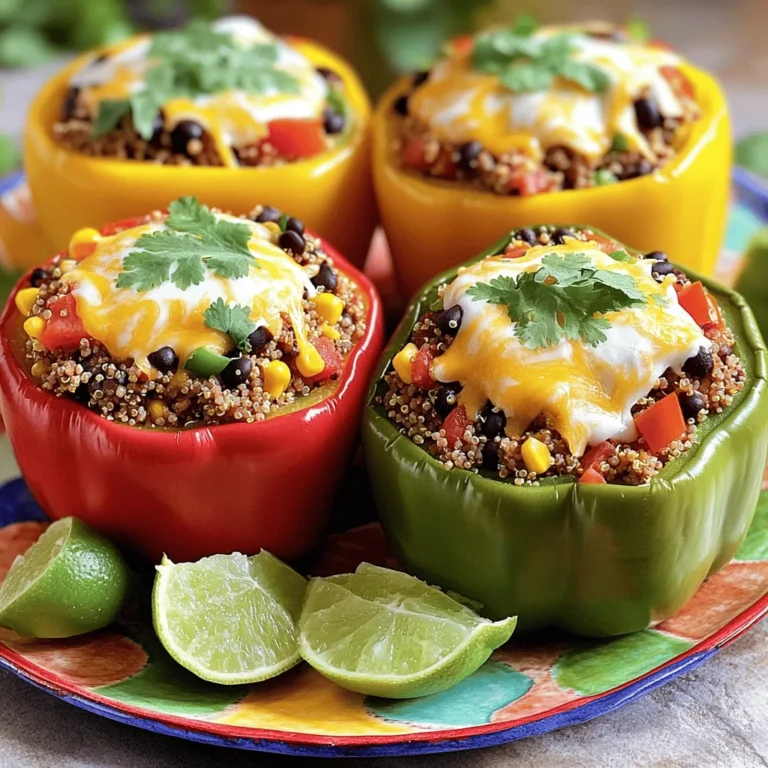 - Bell peppers and their preparation Use 4 large bell peppers of any color. Cut off the tops and remove the seeds. Lightly brush the outside with olive oil. This helps them stay moist while baking. - Ground turkey and additional protein options You need 1 pound of ground turkey. For a different taste, you can swap it for chicken, beef, or plant-based meat. - Essential herbs and spices Add 1 teaspoon of cumin, 1 teaspoon of chili powder, and 1/2 teaspoon of smoked paprika. These spices give the dish a warm, rich flavor. Don’t forget to add salt and pepper to taste. - Optional toppings for serving Top your stuffed peppers with 1 cup of shredded cheese, like cheddar or Monterey Jack. Fresh cilantro adds a nice touch. You can also serve with a lime wedge for extra zest. For the full recipe, check out the details above. Prepping the bell peppers First, choose your bell peppers. I like using red, yellow, and green ones. Cut off the tops and take out the seeds. You want them hollow for stuffing. Brush the outside lightly with olive oil. This helps them roast nicely. Cooking the ground turkey Next, heat a medium skillet on medium heat. Add one pound of ground turkey. Cook it until it's brown, about five to seven minutes. Use a wooden spoon to break it apart as it cooks. This step adds flavor and keeps the turkey moist. Combining the filling ingredients Once the turkey is browned, add the filling. Mix in one cup of cooked quinoa, one can of black beans (drained and rinsed), one cup of corn, and one cup of diced tomatoes. Then add one teaspoon of cumin, one teaspoon of chili powder, and half a teaspoon of smoked paprika. Don’t forget salt and pepper to taste. Stir everything together and let it cook for another five minutes. Stuffing the peppers Now it’s time to fill the peppers. Carefully spoon the turkey mixture into each pepper. Pack it tightly to make sure they are full. Top each pepper with half of a cup of shredded cheese. Baking covered and uncovered Cover your baking dish with foil. Bake the stuffed peppers at 375°F (190°C) for 30 minutes. After that, take off the foil and bake them for another 10-15 minutes. You want the peppers to be tender and the cheese bubbly and golden. Cooling and garnishing When the peppers are done, take them out of the oven. Let them cool for a few minutes. This makes them easier to handle. Finally, garnish with fresh cilantro for a pop of color and flavor. Serve them up and enjoy! For the full recipe, check out the link above. To ensure even cooking, choose bell peppers of the same size. This helps them cook evenly. Also, make sure to pack the filling tightly. This keeps the peppers from falling over. For the perfect texture, don’t skip the pre-baking step. Bake the stuffed peppers covered for the first part of the time. This helps them soften. When you uncover them, the cheese gets golden. You want a nice, crispy top! For plate presentation, use a colorful platter. Stack the stuffed peppers upright for a fun look. Garnish with fresh cilantro and a lime wedge. This adds a bright touch. Pair your stuffed peppers with a light salad or some rice. A side of guacamole or chips adds crunch. You could even serve them with a zesty salsa for a flavor boost. Watch out for overfilling your peppers. This can cause them to spill over. Underfilling is also a mistake. You want them full but not overflowing. Keep an eye on the cooking times. If they bake too long, they can get mushy. Check them at the 30-minute mark. You want them tender but still firm enough to hold their shape. For more details, check out the Full Recipe. {{image_2}} You can easily adapt this recipe for different diets. For a vegetarian or vegan option, replace the ground turkey with lentils or chickpeas. These options provide protein and are tasty. Use quinoa as a base. You can also add veggies like mushrooms or zucchini for more texture. If you need gluten-free options, this recipe is already safe! All the ingredients are gluten-free. Just double-check your spice blends and sauces to ensure they are gluten-free too. To boost flavor, think about adding spices or sauces. A splash of hot sauce can give your peppers a nice kick. You could also mix in some taco seasoning for a fun twist. Creative ingredient swaps can change the dish. For instance, try adding olives or capers for a briny flavor. You can also use brown rice or farro instead of quinoa for a different texture. You can explore different styles with stuffed peppers. For a Mexican flair, add black beans, corn, and top with avocado slices. You could also mix in salsa for a fresh taste. For a Mediterranean twist, use feta cheese and add olives or artichokes. You can even substitute the ground turkey with lamb. This gives a rich and savory flavor that pairs well with herbs like oregano and thyme. These variations bring new life to stuffed bell peppers with ground turkey. Try them out for fun and tasty meals! For the complete recipe, check out the [Full Recipe]. To store leftovers safely, let the peppers cool first. Place them in an airtight container. You can keep them in the fridge for up to three days. When you want to reheat them, use the oven to keep them moist. Heat at 350°F for about 15-20 minutes, or until warm. This method ensures even heating without drying them out. If you want to freeze stuffed peppers, cool them completely. Wrap each pepper tightly in plastic wrap. Then, place them in a freezer-safe bag. They can last up to three months in the freezer. When ready to enjoy, take them out and thaw overnight in the fridge. Reheat in the oven at 350°F for 25-30 minutes. Cooked stuffed peppers last about three to four days in the fridge. Always check for freshness before eating. Signs of spoilage include a sour smell or mushy texture. If you notice either, it’s best to toss them out. Keeping an eye on these signs helps you enjoy your meal safely. Yes, you can prepare stuffed bell peppers in advance. Assemble the peppers and cover them. Store them in the fridge for up to 24 hours. When ready to cook, just pop them in the oven. This saves time on busy days. You can swap ground turkey for several other proteins. Ground chicken is a great choice. You could also use lean beef or pork. For a vegetarian option, try lentils or mushrooms. These options keep the dish tasty. The peppers are done when they are tender. You can test them with a fork. The cheese should be bubbly and slightly golden. This usually takes about 40 to 45 minutes in the oven. This recipe is not low-carb due to rice and beans. However, you can make it low-carb. Replace quinoa with cauliflower rice or skip beans. This keeps the flavor while lowering carbs. Absolutely! You can use any cheese you like. Mozzarella or feta cheese add unique flavors. Feel free to experiment with your favorites for a twist. Just ensure it melts well. For the full recipe, check out the details above. Stuffed bell peppers are easy and fun to make. We covered ingredients, cooking steps, and storage tips. Remember to adjust flavors to your liking, and don't fear exploring new variations. Cooking should be an adventure. Keep practicing and enjoy the tasty rewards. Use these insights to impress your family and friends with your cooking skills. You can serve healthy meals without stress. Embrace the whole process and create your perfect stuffed peppers!