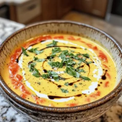 To make a creamy tomato basil soup, you need simple yet key ingredients. Here’s what you’ll need: - 2 tablespoons olive oil - 1 medium onion, chopped - 3 cloves garlic, minced - 1 can (28 ounces) crushed tomatoes - 2 cups vegetable broth - 1 teaspoon sugar - Salt and pepper to taste - 1 cup heavy cream or coconut cream for a dairy-free option - 1/2 cup fresh basil leaves, chopped - 1 tablespoon balsamic vinegar (optional) The olive oil adds richness to the soup. The onion and garlic create a strong base flavor. Crushed tomatoes are vital as they give the soup its heart. Fresh basil brightens the taste and adds a nice aroma. For a creamy texture, you can use heavy cream or coconut cream. If you want a lighter soup, use less cream or substitute with extra vegetable broth. Fresh basil and tomatoes are important because they boost the flavor. If you can’t find fresh basil, you can use dried basil, but fresh is best for taste. If you need substitutes, here are some ideas: - Use vegetable broth instead of chicken broth for a vegan option. - For a gluten-free version, ensure your broth is gluten-free. These ingredients work together to create a comforting bowl of soup. You can find the full recipe above to guide you through the cooking process. To make a great creamy tomato basil soup, follow these steps closely. Start by heating 2 tablespoons of olive oil in a large pot over medium heat. Add 1 medium onion, chopped, and cook it for about 5 minutes. You want the onion to soften and become a little translucent. This step builds a nice base for the soup. Next, add 3 cloves of minced garlic and cook for 2 more minutes. You will smell a rich aroma, which means it’s ready for the next step. After cooking the onion and garlic, stir in 1 can of crushed tomatoes, 2 cups of vegetable broth, and 1 teaspoon of sugar. Season with salt and pepper to your taste. Let this mixture simmer for about 15 minutes. This allows the flavors to blend well. Remove the pot from heat. Use an immersion blender to blend the soup until it is very smooth. If you don’t have an immersion blender, carefully move the soup to a countertop blender. Blend it in small batches to avoid spills. Once smooth, return the soup to the pot. Now, it’s time to add cream. Pour in 1 cup of heavy cream or coconut cream for a dairy-free option. Heat the soup over low heat. Be careful not to let it boil, as this can cause the cream to curdle. Stir in 1/2 cup of chopped fresh basil leaves and 1 tablespoon of balsamic vinegar if you like. Mix it well and taste. Adjust the seasoning if needed. This simple method ensures a creamy and flavorful soup. Enjoy making this delicious dish! For the full recipe, check out the details above. To make your creamy tomato basil soup pop, add some spices. I like to use: - Oregano: This herb gives a nice earthy flavor. - Thyme: Adds a touch of sweetness. - Red pepper flakes: For a hint of heat. These spices boost the taste without overpowering the soup. For the perfect consistency, blend the soup until it is really smooth. You can use an immersion blender for ease. If you don't have one, carefully pour the soup into a regular blender. Just remember to let the steam escape to avoid splatters. Common mistakes can ruin your soup. Here are a few to avoid: - Don't skip the onion and garlic. They add a base flavor. - Avoid boiling the soup after adding cream. This can cause curdling. - Be careful with salt. Taste as you go to prevent over-seasoning. These tips will help you create a tasty bowl of creamy tomato basil soup. For the complete recipe, check the Full Recipe section. {{image_2}} You can easily change this creamy tomato basil soup to fit your needs. Here are some ideas. - Dairy-free vs. traditional cream options: For a dairy-free soup, swap heavy cream for coconut cream. It adds a rich texture and a hint of sweetness. If you love cream, stick with heavy cream for a classic taste. - Adding vegetables for extra nutrition: You can boost the nutrition by adding veggies. Try carrots, bell peppers, or spinach. Just chop them up and add them with the onions. They will cook down and blend well. - Experimenting with spices and heat: Want some heat? Add a pinch of red pepper flakes when you sauté the onions. For a different flavor, try adding oregano or thyme. These spices will bring new depth to the soup. Feel free to mix and match these ideas to create your perfect bowl. You can find the full recipe above to start your cooking adventure! To keep your creamy tomato basil soup fresh, follow these tips: - Best practices for storing leftovers: Let the soup cool to room temperature. Pour it into an airtight container. This keeps it fresh and helps prevent spills. Store the soup in the fridge for up to 5 days. - Reheating tips to maintain texture and flavor: When you’re ready to enjoy it again, reheat the soup gently. Use a pot over low heat. Stir often to keep it smooth. If it looks too thick, add a splash of broth or water. - Freezing guidelines for extended preservation: Want to save some for later? Freeze the soup in a safe container. Leave space at the top for expansion. It can last up to 3 months in the freezer. When you're ready to eat it, thaw it in the fridge overnight. Heat it slowly for the best taste. These methods help keep your soup delicious and ready for your next meal. Check out the Full Recipe to whip up this tasty dish again! How long does creamy tomato basil soup last in the fridge? Creamy tomato basil soup lasts about 4 to 5 days in the fridge. Store it in an airtight container. This keeps the soup fresh and safe to eat. Always check for signs of spoilage before eating, like a bad smell or mold. Can I make this soup ahead of time? Yes, you can make this soup ahead of time! In fact, it often tastes better the next day. The flavors blend well overnight. Just cool it down and store it in the fridge. When ready to eat, reheat gently on the stove. What are some good pairings or sides for tomato basil soup? Tomato basil soup pairs well with many sides. Here are some great options: - Grilled cheese sandwiches - Crusty bread or baguette - Garden salads - Garlic bread or breadsticks These sides add texture and flavor, making your meal complete. For the full recipe, check out the detailed instructions above! This blog post covered how to make perfect creamy tomato basil soup. We explored key ingredients that create a rich texture and highlighted the use of fresh basil and tomatoes. You learned step-by-step instructions for cooking and blending, ensuring you avoid curdling when adding cream. I shared tips to enhance flavor and consistency and detailed variations for dietary needs. Proper storage techniques guarantee your soup stays delicious. With these insights, you can enjoy a tasty bowl every time. Happy cooking!