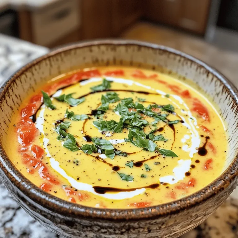 To make a creamy tomato basil soup, you need simple yet key ingredients. Here’s what you’ll need: - 2 tablespoons olive oil - 1 medium onion, chopped - 3 cloves garlic, minced - 1 can (28 ounces) crushed tomatoes - 2 cups vegetable broth - 1 teaspoon sugar - Salt and pepper to taste - 1 cup heavy cream or coconut cream for a dairy-free option - 1/2 cup fresh basil leaves, chopped - 1 tablespoon balsamic vinegar (optional) The olive oil adds richness to the soup. The onion and garlic create a strong base flavor. Crushed tomatoes are vital as they give the soup its heart. Fresh basil brightens the taste and adds a nice aroma. For a creamy texture, you can use heavy cream or coconut cream. If you want a lighter soup, use less cream or substitute with extra vegetable broth. Fresh basil and tomatoes are important because they boost the flavor. If you can’t find fresh basil, you can use dried basil, but fresh is best for taste. If you need substitutes, here are some ideas: - Use vegetable broth instead of chicken broth for a vegan option. - For a gluten-free version, ensure your broth is gluten-free. These ingredients work together to create a comforting bowl of soup. You can find the full recipe above to guide you through the cooking process. To make a great creamy tomato basil soup, follow these steps closely. Start by heating 2 tablespoons of olive oil in a large pot over medium heat. Add 1 medium onion, chopped, and cook it for about 5 minutes. You want the onion to soften and become a little translucent. This step builds a nice base for the soup. Next, add 3 cloves of minced garlic and cook for 2 more minutes. You will smell a rich aroma, which means it’s ready for the next step. After cooking the onion and garlic, stir in 1 can of crushed tomatoes, 2 cups of vegetable broth, and 1 teaspoon of sugar. Season with salt and pepper to your taste. Let this mixture simmer for about 15 minutes. This allows the flavors to blend well. Remove the pot from heat. Use an immersion blender to blend the soup until it is very smooth. If you don’t have an immersion blender, carefully move the soup to a countertop blender. Blend it in small batches to avoid spills. Once smooth, return the soup to the pot. Now, it’s time to add cream. Pour in 1 cup of heavy cream or coconut cream for a dairy-free option. Heat the soup over low heat. Be careful not to let it boil, as this can cause the cream to curdle. Stir in 1/2 cup of chopped fresh basil leaves and 1 tablespoon of balsamic vinegar if you like. Mix it well and taste. Adjust the seasoning if needed. This simple method ensures a creamy and flavorful soup. Enjoy making this delicious dish! For the full recipe, check out the details above. To make your creamy tomato basil soup pop, add some spices. I like to use: - Oregano: This herb gives a nice earthy flavor. - Thyme: Adds a touch of sweetness. - Red pepper flakes: For a hint of heat. These spices boost the taste without overpowering the soup. For the perfect consistency, blend the soup until it is really smooth. You can use an immersion blender for ease. If you don't have one, carefully pour the soup into a regular blender. Just remember to let the steam escape to avoid splatters. Common mistakes can ruin your soup. Here are a few to avoid: - Don't skip the onion and garlic. They add a base flavor. - Avoid boiling the soup after adding cream. This can cause curdling. - Be careful with salt. Taste as you go to prevent over-seasoning. These tips will help you create a tasty bowl of creamy tomato basil soup. For the complete recipe, check the Full Recipe section. {{image_2}} You can easily change this creamy tomato basil soup to fit your needs. Here are some ideas. - Dairy-free vs. traditional cream options: For a dairy-free soup, swap heavy cream for coconut cream. It adds a rich texture and a hint of sweetness. If you love cream, stick with heavy cream for a classic taste. - Adding vegetables for extra nutrition: You can boost the nutrition by adding veggies. Try carrots, bell peppers, or spinach. Just chop them up and add them with the onions. They will cook down and blend well. - Experimenting with spices and heat: Want some heat? Add a pinch of red pepper flakes when you sauté the onions. For a different flavor, try adding oregano or thyme. These spices will bring new depth to the soup. Feel free to mix and match these ideas to create your perfect bowl. You can find the full recipe above to start your cooking adventure! To keep your creamy tomato basil soup fresh, follow these tips: - Best practices for storing leftovers: Let the soup cool to room temperature. Pour it into an airtight container. This keeps it fresh and helps prevent spills. Store the soup in the fridge for up to 5 days. - Reheating tips to maintain texture and flavor: When you’re ready to enjoy it again, reheat the soup gently. Use a pot over low heat. Stir often to keep it smooth. If it looks too thick, add a splash of broth or water. - Freezing guidelines for extended preservation: Want to save some for later? Freeze the soup in a safe container. Leave space at the top for expansion. It can last up to 3 months in the freezer. When you're ready to eat it, thaw it in the fridge overnight. Heat it slowly for the best taste. These methods help keep your soup delicious and ready for your next meal. Check out the Full Recipe to whip up this tasty dish again! How long does creamy tomato basil soup last in the fridge? Creamy tomato basil soup lasts about 4 to 5 days in the fridge. Store it in an airtight container. This keeps the soup fresh and safe to eat. Always check for signs of spoilage before eating, like a bad smell or mold. Can I make this soup ahead of time? Yes, you can make this soup ahead of time! In fact, it often tastes better the next day. The flavors blend well overnight. Just cool it down and store it in the fridge. When ready to eat, reheat gently on the stove. What are some good pairings or sides for tomato basil soup? Tomato basil soup pairs well with many sides. Here are some great options: - Grilled cheese sandwiches - Crusty bread or baguette - Garden salads - Garlic bread or breadsticks These sides add texture and flavor, making your meal complete. For the full recipe, check out the detailed instructions above! This blog post covered how to make perfect creamy tomato basil soup. We explored key ingredients that create a rich texture and highlighted the use of fresh basil and tomatoes. You learned step-by-step instructions for cooking and blending, ensuring you avoid curdling when adding cream. I shared tips to enhance flavor and consistency and detailed variations for dietary needs. Proper storage techniques guarantee your soup stays delicious. With these insights, you can enjoy a tasty bowl every time. Happy cooking!