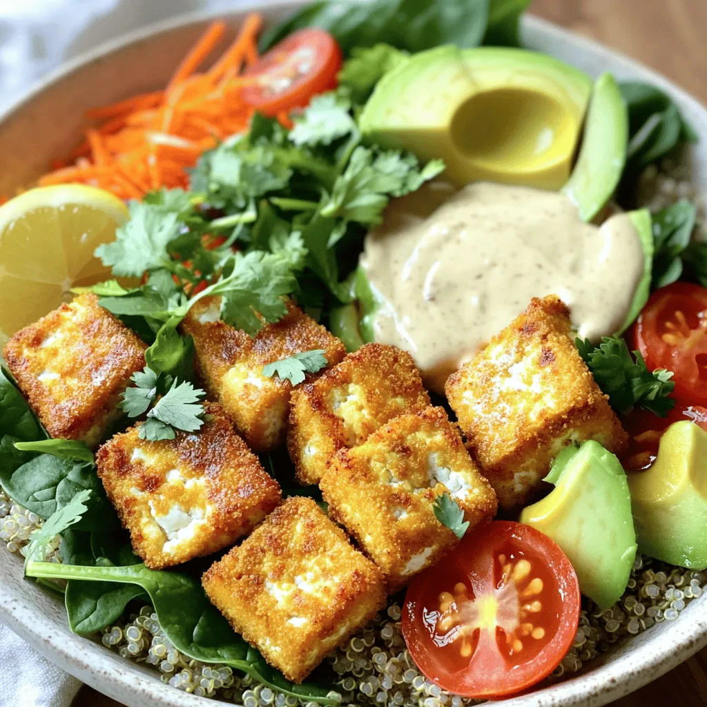 - 1 block firm tofu - 2 tablespoons cornstarch - 2 tablespoons olive oil I always start with the star of the show: the tofu. A block of firm tofu gives the best texture. Press the tofu first to remove excess water. This step helps create that crispy goodness. Then, I coat it with cornstarch. This ingredient makes the tofu crispy when baked. Drizzling olive oil adds flavor and helps with browning. - 1 cup cooked quinoa - 1 cup baby spinach - 1 cup shredded carrots - 1/2 cup cherry tomatoes, halved Next, I pick vegetables and grains for the bowl. Cooked quinoa serves as a hearty base. It’s full of protein and fiber. I add baby spinach for color and nutrients. Shredded carrots bring sweetness and crunch. Finally, I include halved cherry tomatoes for freshness. These ingredients create a mix of flavors and textures that make each bite exciting. - 1/4 cup tahini - 1 tablespoon lemon juice - 1 teaspoon garlic powder - Salt and pepper to taste Dressings tie everything together. I use tahini for a creamy texture. Adding lemon juice gives it a zesty kick. Garlic powder adds depth, while salt and pepper enhance the flavors. You can adjust these seasonings to fit your taste. A well-balanced dressing makes the bowl truly special. For the complete recipe, refer to the Full Recipe. First, preheat your oven to 400°F (200°C). This step is key for crispy tofu. While it heats, line a baking sheet with parchment paper. This helps with easy cleanup. Now, take your block of firm tofu and press it to remove excess water. Cut the tofu into small cubes. In a bowl, mix the cubed tofu with cornstarch, olive oil, garlic powder, smoked paprika, soy sauce, salt, and pepper. Stir gently until each piece gets coated well. Spread the seasoned tofu cubes onto your prepared baking sheet. Make sure they are in a single layer. This helps the tofu crisp up nicely. Bake in your hot oven for 25-30 minutes. Halfway through, flip the tofu to ensure even crispiness. You want them golden brown and crunchy when done. While the tofu bakes, prepare your serving bowls. Start with a layer of cooked quinoa as the base. Next, add baby spinach, shredded carrots, and crispy tofu cubes. Then, place sliced avocado and halved cherry tomatoes on top. Finally, drizzle the tahini dressing over everything. Garnish with fresh herbs like cilantro or parsley. Enjoy your beautiful, healthy Buddha bowl! For the full recipe, check the earlier section. To get crispy tofu, start by pressing it well. Place the tofu block on a clean towel. Add another towel on top and place a heavy pan on it. Let it sit for about 15 to 30 minutes. This removes excess water and helps it crisp up. Next, coat the tofu in cornstarch. This step is key. The cornstarch creates a nice crust when baking. It absorbs moisture and gives your tofu a delightful crunch. Feel free to mix and match ingredients in your Buddha bowl. Instead of quinoa, try brown rice or farro. You can also add other veggies, like bell peppers. Try roasted sweet potatoes for a different taste. Don't be afraid to get creative! If you like beans, toss in chickpeas for extra protein. Use whatever you have on hand. To make your bowl even tastier, add spices or herbs. Try some cumin or fresh basil for a twist. You can also use different dressings. Swap tahini for a spicy peanut sauce or a zesty vinaigrette. Experiment with flavors to find what you love. Each option brings a new taste experience. Make your bowl your own! {{image_2}} You can swap tofu for tempeh or chickpeas. Tempeh has a nutty flavor and a firmer texture. Chickpeas add creaminess and are rich in protein. Mixing beans like black beans or kidney beans also boosts protein. Each choice offers unique flavors and nutrition. If you want a grain swap, try brown rice or farro instead of quinoa. Brown rice gives a chewy texture, while farro has a nutty taste. For a low-carb option, use cauliflower rice. It’s light and absorbs flavors well, making your bowl fresh and satisfying. Changing vegetables based on the season can enhance your bowl. In summer, use fresh tomatoes or cucumbers. In fall, roast sweet potatoes or butternut squash. You can also mix roasted and raw veggies to create different textures. This keeps your dish exciting and flavorful. To keep your Buddha bowl fresh, store leftovers in the fridge. Use airtight containers. This helps prevent moisture from getting in and sogginess. When you reheat crispy tofu, use an oven or air fryer. This method keeps the tofu crispy, unlike microwaving. You can prep the ingredients ahead of time. Chop your veggies and store them in separate containers. Cook your quinoa and let it cool before storing. When you're ready to eat, just assemble your bowls for quick meals throughout the week. This saves time and makes healthy eating easy. In the fridge, your Buddha bowl lasts about 3 to 4 days. If you want to store it longer, freeze the tofu and quinoa separately. They can last up to 3 months in the freezer. Look out for signs of spoilage, like a sour smell or mold. If you see any, it’s best to toss it out. Yes, you can make this bowl ahead of time. Cook the tofu and grains first. Store them separately from the veggies. This will keep the tofu crispy. You can prep the tahini dressing too. Just mix it when you are ready to serve. The bowl will taste fresh and delicious. To make the tahini dressing, whisk together the tahini and lemon juice. Add a pinch of salt. Then, mix in a little water to get the right thickness. Stir until smooth. You can adjust the flavor by adding more lemon juice or salt. This dressing adds a creamy touch to the bowl. Yes, this recipe is gluten-free. Use gluten-free soy sauce, or substitute with tamari. The other ingredients, like tofu, quinoa, and veggies, are naturally gluten-free. Enjoy this bowl without worrying about gluten. You can add many toppings to your Buddha bowl. Try roasted sweet potatoes or chickpeas. Fresh herbs like basil or mint work well too. You can also add nuts or seeds for crunch. The options are endless, so mix and match what you like. This recipe is already vegan! Tofu, quinoa, and veggies are all plant-based. The tahini dressing is also vegan. Enjoy this healthy and colorful meal knowing it's good for you and the planet. Check out the Full Recipe for more details. This blog post explored making a Crispy Tofu Buddha Bowl. We covered main ingredients like firm tofu, quinoa, and fresh veggies. You learned how to prepare, bake, and assemble the bowl for a tasty meal. I shared tips for crispy tofu and ideas for customizing your bowl. Remember, experimenting with flavors and textures can make your meal unique. Enjoy creating your own Buddha Bowl for a healthy and delicious option!