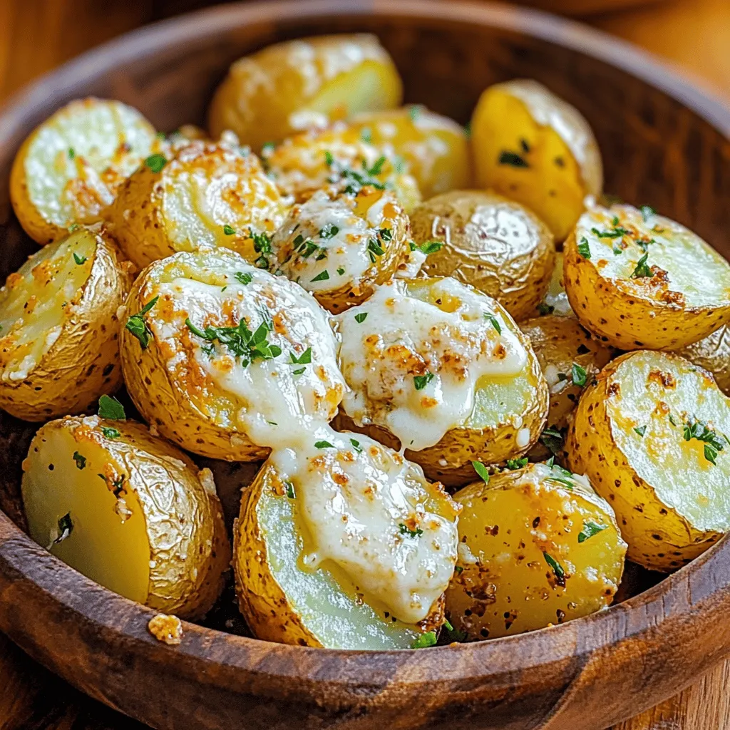 - 1.5 pounds baby potatoes, halved - 4 cloves garlic, minced - 1/2 cup grated Parmesan cheese - 3 tablespoons olive oil - 1 teaspoon dried oregano - 1 teaspoon paprika - Salt and black pepper to taste - Fresh parsley, chopped (for garnish) The key to great crispy garlic Parmesan potatoes is in the ingredients. Choose small, firm baby potatoes for the best texture. Their smooth skin helps retain moisture while roasting, leading to a tender inside and a crispy outside. - Alternatives for Baby Potatoes: If you can’t find baby potatoes, you can use fingerling or Yukon gold potatoes. Just cut them into similar sizes to ensure even cooking. - Vegan Parmesan Options: For a dairy-free version, use vegan Parmesan cheese. Nutritional yeast also adds a cheesy flavor without dairy. - Olive Oil vs. Other Oils: Olive oil adds richness, but you can use avocado oil or canola oil if you prefer. Both will work well for roasting. How to Preheat and Prepare Baking Sheet Start by preheating your oven to 425°F (220°C). This high heat will help the potatoes get crispy. While the oven warms, line a baking sheet with parchment paper. This step makes for easy cleanup later. Mixing Seasoned Potatoes Instructions In a large bowl, take 1.5 pounds of halved baby potatoes. Add 4 cloves of minced garlic and 3 tablespoons of olive oil. Next, sprinkle in 1 teaspoon of dried oregano, 1 teaspoon of paprika, and salt and black pepper to taste. Toss everything well to coat the potatoes evenly. You want each potato to get a taste of those yummy flavors. Roasting Potatoes Explained Spread the seasoned potatoes in a single layer on the baking sheet. Place the tray in the preheated oven. Roast them for about 25 minutes. Keep an eye on them to ensure they don’t burn. Adding Parmesan Cheese for Crispiness After 25 minutes, take the baking sheet out. Sprinkle 1/2 cup of grated Parmesan cheese over the potatoes. The cheese will melt and create a crispy layer on top. It’s the secret to that delicious crunch. Tips for Achieving Perfect Crispiness To get that perfect crispiness, make sure the potatoes are in a single layer. If they are crowded, they will steam instead of roast. You can also flip the potatoes halfway through the roasting time. This helps them cook evenly and get golden brown all over. For a complete guide, check the Full Recipe for more details and tips. Best Practices for Even Roasting For the best results, cut your baby potatoes into equal halves. This helps them cook at the same speed. Spread them out on the baking sheet so they don’t touch. This allows hot air to circulate around each potato, making them crispy. Remember to flip the potatoes halfway through cooking. This ensures both sides get that lovely golden color. Ensuring Potatoes are Lightly Coated When mixing the potatoes, use just enough olive oil to coat them lightly. Too much oil can make them soggy instead of crispy. Toss them well with the garlic and spices to ensure every bite is full of flavor. The key is to see a light sheen on the potatoes, not puddles of oil. How to Present Crispy Garlic Parmesan Potatoes For a great presentation, serve the crispy potatoes in a rustic wooden bowl or on a stylish platter. Drizzle a little extra olive oil on top and add a sprinkle of more Parmesan cheese. This makes them look even more appetizing. Garnish with chopped parsley for a fresh pop of color. Pairing Ideas with Main Dishes These crispy garlic Parmesan potatoes go well with many main dishes. Try them alongside grilled chicken or baked salmon. They also pair nicely with a fresh green salad. For a hearty meal, serve them with a juicy steak or roasted veggies. They make any dinner feel special! {{image_2}} You can easily change the flavor of these crispy garlic Parmesan potatoes. Here are some great ideas: - Adding Herbs and Spices: Mix in fresh herbs like rosemary or thyme. Dried herbs work well too. You can also add some heat with red pepper flakes. This can give your potatoes a warm kick. - Incorporating Other Cheese Types: While Parmesan is tasty, you can use other cheeses. Try using cheddar for a sharper taste or feta for a tangy twist. Mixing cheeses can create a new flavor profile in each bite. You can adjust this recipe to meet different dietary needs. Here are some options to consider: - Gluten-Free Adaptations: This recipe is naturally gluten-free. Just ensure that any seasoning blends you use are also gluten-free. You can enjoy these potatoes without worry. - Low-Carb Version Suggestions: If you want a low-carb dish, use cauliflower instead of potatoes. Cut cauliflower into small pieces and follow the same cooking steps. It gives you a similar texture with fewer carbs. You can explore these variations to create your perfect crispy garlic Parmesan potatoes. Each change adds a new twist to this easy and flavorful treat. For the full recipe, check the detailed instructions earlier in the article. To keep your crispy garlic Parmesan potatoes fresh, follow these steps: - Best Storage Practices: Place leftover potatoes in an airtight container. This helps keep moisture out and preserves crispiness. If you have a lot of leftovers, separate them into smaller portions. This way, you can take out only what you need. - Time Frame for Refrigeration and Freezing: You can store these potatoes in the fridge for up to 3 days. If you need to keep them longer, freeze them in a freezer-safe bag for up to 2 months. Just remember, freezing might change their texture slightly. To enjoy your potatoes again, reheating is key: - Methods to Reheat for Best Quality: The oven is the best way to reheat these potatoes. Preheat your oven to 375°F (190°C). Spread the potatoes on a baking sheet and heat for about 10-15 minutes. This method keeps them crispy. - Avoiding Soggy Potatoes: To prevent sogginess, don’t cover the potatoes while reheating. This allows steam to escape and keeps them crispy. If using a microwave, heat in short bursts and check often. However, the microwave may not keep them as crispy. For the full recipe and to enjoy these crispy treats, check the [Full Recipe]. Can I use larger potatoes? Yes, you can use larger potatoes. Just cut them into smaller pieces. Aim for bite-sized chunks. This helps them cook evenly and become crispy. How do I make these potatoes spicier? To spice things up, add red pepper flakes. You can also toss in some cayenne pepper. Start with a small amount and adjust to your taste. What can I serve with Crispy Garlic Parmesan Potatoes? These potatoes pair well with grilled chicken, steak, or fish. They also go great with salads or roasted veggies. Consider serving them with a creamy dip too. What is the cooking time for different potato sizes? Smaller potatoes take about 25 to 30 minutes. Medium potatoes need around 35 to 40 minutes. Larger potatoes may take 45 minutes or more. Always check for doneness. Can I make this recipe in an Air Fryer? Yes, you can use an Air Fryer! Cook them at 400°F for about 20 to 25 minutes. Shake the basket halfway to ensure even cooking. Is it possible to make these potatoes in advance? You can prep the potatoes ahead of time. Season and cut them, then store in the fridge. Roast them just before serving to keep them crispy. Check out the Full Recipe for more details. In this post, we explored how to make Crispy Garlic Parmesan Potatoes. We started with the key ingredients and talked about easy substitutes. The step-by-step guide helped you prepare and roast these tasty bites. I shared tips for perfect crispiness and fun variations to try. Remember, cooking should be enjoyable. Experiment with flavors and adjust to your taste. With these tips, you’ll make a dish everyone will love. Enjoy your cooking and the compliments that follow!