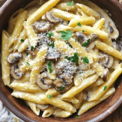 To make One-Pot Creamy Mushroom Pasta, you will need: - 12 oz (340g) penne pasta - 8 oz (225g) cremini mushrooms, sliced - 1 medium onion, diced - 3 cloves garlic, minced - 4 cups vegetable broth - 1 cup heavy cream - 1 cup grated Parmesan cheese - 2 tablespoons olive oil - 1 teaspoon dried thyme - Salt and pepper to taste - Fresh parsley, chopped (for garnish) Measuring your ingredients correctly is key. Use a kitchen scale for dry ingredients like pasta and mushrooms. For liquids, use a clear measuring cup. This ensures you add just the right amount. Accurate measurements help create the perfect dish. The quality of your ingredients matters. Choose fresh cremini mushrooms for the best flavor. Use heavy cream for a rich sauce. Freshly grated Parmesan cheese has more taste than pre-grated. Lastly, opt for low-sodium vegetable broth to control the saltiness. These choices will enhance your dish greatly. For the full recipe, check out the detailed instructions on making this delightful dish! First, gather all your ingredients. You will need penne pasta, cremini mushrooms, onion, garlic, vegetable broth, heavy cream, Parmesan cheese, olive oil, thyme, salt, and pepper. Measure each item carefully to make sure you have enough for the recipe. Next, prepare your workspace. Chop the onion and mince the garlic. Slice the mushrooms so they cook evenly. This prep work speeds up the cooking process. Now, let's cook! Start by heating the olive oil in a large pot over medium heat. Add the diced onion, cooking for 2-3 minutes until it softens. Stir in the minced garlic and sliced mushrooms. Cook them for 5-7 minutes. You want the mushrooms to brown and become tender. Add the penne pasta to the pot. Pour in the vegetable broth, then add thyme, salt, and pepper. Stir everything together. Bring it to a boil, then lower the heat to a gentle simmer. Cover the pot and cook for 10-12 minutes. Stir it occasionally. The pasta should be al dente, and most liquid will be absorbed. Next, reduce the heat to low. Pour in the heavy cream and mix well. This is where the sauce gets its creamy texture. Stir in the grated Parmesan cheese. Taste and adjust the seasoning if needed. Cook for another 1-2 minutes until the cheese melts and blends in. Finally, remove the pot from heat. Let it sit for a couple of minutes to thicken. This makes your dish rich and satisfying. Imagine the first step with a big pot on the stove, olive oil shimmering. Next, picture the onion turning a light golden brown, filling your kitchen with a warm scent. When you add garlic and mushrooms, the pot becomes a colorful mix. As the pasta cooks, the steam rises, making the kitchen smell amazing. Visualize the creamy sauce as you pour in the heavy cream, turning your dish from simple to gourmet. For the final touch, picture serving the pasta in bowls, sprinkled with parsley and Parmesan. The dish looks inviting, and it tastes just as good as it looks. Enjoy this One-Pot Creamy Mushroom Pasta delight in minutes! For a full recipe, refer back to the ingredients listed above. When making One-Pot Creamy Mushroom Pasta, you want to avoid a few key mistakes. First, don’t overcook the pasta. It should be al dente. If you cook it too long, it will become mushy. Second, don’t skip the sautéing step for the mushrooms. This step builds flavor. Lastly, be careful with salt. The broth and cheese often add enough. Taste before adding more. You can boost the flavor of your dish easily. Try adding fresh herbs like basil or thyme at the end. A squeeze of fresh lemon juice adds brightness. You can also mix in some red pepper flakes if you like heat. These small changes can make a big difference. Experiment with different spices to find what you love. To make your One-Pot Creamy Mushroom Pasta creamier, simply add more heavy cream. This gives it a richer taste. If you want a vegan version, replace heavy cream with coconut milk or cashew cream. For cheese, use nutritional yeast or a vegan cheese substitute. These swaps keep the dish tasty while fitting your diet. {{image_2}} You can change the mushrooms to create new flavors. I love using cremini mushrooms, but you can try others too. Use button mushrooms for a milder taste. Shiitake mushrooms add a rich, earthy flavor. If you want a bold taste, try portobello mushrooms. Mix different types for a fun twist! While I enjoy penne pasta, you can use other shapes. Fusilli or farfalle can work well. If you want a gluten-free option, try chickpea pasta or brown rice pasta. These options give you different textures and flavors. Just make sure to adjust cooking times for each pasta type. Want to make your dish even better? You can add some tasty extras! Try throwing in some spinach or kale for added greens. Sun-dried tomatoes add a burst of flavor. For a kick, sprinkle in some red pepper flakes. You can also stir in fresh herbs like basil or thyme. These add freshness and depth to your creamy mushroom pasta. For the complete recipe, check out the Full Recipe section. Store any leftover One-Pot Creamy Mushroom Pasta in an airtight container. This keeps the moisture in and stops other smells from getting in. Allow the pasta to cool first. This helps keep it fresh. Place the container in the fridge. It will last for up to three days. When you’re ready to enjoy the pasta again, reheat it on the stove. Add a splash of vegetable broth or water to prevent it from drying out. Heat it over low to medium heat, stirring often. You can also use a microwave. Heat in short bursts of 30 seconds. Stir between each burst for even heating. If you want to keep it longer, you can freeze the pasta. Use a freezer-safe container. Make sure to leave some space at the top. The pasta will expand as it freezes. It can last for up to three months in the freezer. When you want to eat it, thaw it overnight in the fridge before reheating. To make One-Pot Creamy Mushroom Pasta gluten-free, you can swap the penne pasta for gluten-free pasta. Many brands offer gluten-free penne that cooks in the same way. Just check the package for cooking times since they may differ. You can also ensure that your vegetable broth is labeled gluten-free. This way, you keep all the rich flavors while making it safe for those with gluten issues. If you want to replace Parmesan cheese, there are several options. Nutritional yeast is a great choice. It adds a cheesy flavor without dairy. You can also use vegan cheese, which melts well. Another option is to use a mix of ground nuts, like cashews or almonds, with a little salt. This gives you a creamy texture and a nice taste. Yes, you can easily add protein to One-Pot Creamy Mushroom Pasta. Cooked chicken, shrimp, or sausage works well. You can also use beans or lentils for a plant-based option. Just add your protein at the same time as the pasta. This way, everything cooks together, and the flavors blend nicely. This post covered all you need for making One-Pot Creamy Mushroom Pasta. We explored key ingredients, from measuring tips to quality suggestions. I shared simple steps for cooking, with aids to guide you. Tips and tricks helped avoid common mistakes and enhance flavors. We also discussed various pasta options and storage methods. Remember, you can make this dish your own. Adjust ingredients and try new flavors. Enjoy crafting a meal everyone will love!