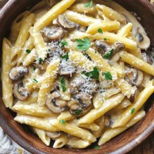 To make One-Pot Creamy Mushroom Pasta, you will need: - 12 oz (340g) penne pasta - 8 oz (225g) cremini mushrooms, sliced - 1 medium onion, diced - 3 cloves garlic, minced - 4 cups vegetable broth - 1 cup heavy cream - 1 cup grated Parmesan cheese - 2 tablespoons olive oil - 1 teaspoon dried thyme - Salt and pepper to taste - Fresh parsley, chopped (for garnish) Measuring your ingredients correctly is key. Use a kitchen scale for dry ingredients like pasta and mushrooms. For liquids, use a clear measuring cup. This ensures you add just the right amount. Accurate measurements help create the perfect dish. The quality of your ingredients matters. Choose fresh cremini mushrooms for the best flavor. Use heavy cream for a rich sauce. Freshly grated Parmesan cheese has more taste than pre-grated. Lastly, opt for low-sodium vegetable broth to control the saltiness. These choices will enhance your dish greatly. For the full recipe, check out the detailed instructions on making this delightful dish! First, gather all your ingredients. You will need penne pasta, cremini mushrooms, onion, garlic, vegetable broth, heavy cream, Parmesan cheese, olive oil, thyme, salt, and pepper. Measure each item carefully to make sure you have enough for the recipe. Next, prepare your workspace. Chop the onion and mince the garlic. Slice the mushrooms so they cook evenly. This prep work speeds up the cooking process. Now, let's cook! Start by heating the olive oil in a large pot over medium heat. Add the diced onion, cooking for 2-3 minutes until it softens. Stir in the minced garlic and sliced mushrooms. Cook them for 5-7 minutes. You want the mushrooms to brown and become tender. Add the penne pasta to the pot. Pour in the vegetable broth, then add thyme, salt, and pepper. Stir everything together. Bring it to a boil, then lower the heat to a gentle simmer. Cover the pot and cook for 10-12 minutes. Stir it occasionally. The pasta should be al dente, and most liquid will be absorbed. Next, reduce the heat to low. Pour in the heavy cream and mix well. This is where the sauce gets its creamy texture. Stir in the grated Parmesan cheese. Taste and adjust the seasoning if needed. Cook for another 1-2 minutes until the cheese melts and blends in. Finally, remove the pot from heat. Let it sit for a couple of minutes to thicken. This makes your dish rich and satisfying. Imagine the first step with a big pot on the stove, olive oil shimmering. Next, picture the onion turning a light golden brown, filling your kitchen with a warm scent. When you add garlic and mushrooms, the pot becomes a colorful mix. As the pasta cooks, the steam rises, making the kitchen smell amazing. Visualize the creamy sauce as you pour in the heavy cream, turning your dish from simple to gourmet. For the final touch, picture serving the pasta in bowls, sprinkled with parsley and Parmesan. The dish looks inviting, and it tastes just as good as it looks. Enjoy this One-Pot Creamy Mushroom Pasta delight in minutes! For a full recipe, refer back to the ingredients listed above. When making One-Pot Creamy Mushroom Pasta, you want to avoid a few key mistakes. First, don’t overcook the pasta. It should be al dente. If you cook it too long, it will become mushy. Second, don’t skip the sautéing step for the mushrooms. This step builds flavor. Lastly, be careful with salt. The broth and cheese often add enough. Taste before adding more. You can boost the flavor of your dish easily. Try adding fresh herbs like basil or thyme at the end. A squeeze of fresh lemon juice adds brightness. You can also mix in some red pepper flakes if you like heat. These small changes can make a big difference. Experiment with different spices to find what you love. To make your One-Pot Creamy Mushroom Pasta creamier, simply add more heavy cream. This gives it a richer taste. If you want a vegan version, replace heavy cream with coconut milk or cashew cream. For cheese, use nutritional yeast or a vegan cheese substitute. These swaps keep the dish tasty while fitting your diet. {{image_2}} You can change the mushrooms to create new flavors. I love using cremini mushrooms, but you can try others too. Use button mushrooms for a milder taste. Shiitake mushrooms add a rich, earthy flavor. If you want a bold taste, try portobello mushrooms. Mix different types for a fun twist! While I enjoy penne pasta, you can use other shapes. Fusilli or farfalle can work well. If you want a gluten-free option, try chickpea pasta or brown rice pasta. These options give you different textures and flavors. Just make sure to adjust cooking times for each pasta type. Want to make your dish even better? You can add some tasty extras! Try throwing in some spinach or kale for added greens. Sun-dried tomatoes add a burst of flavor. For a kick, sprinkle in some red pepper flakes. You can also stir in fresh herbs like basil or thyme. These add freshness and depth to your creamy mushroom pasta. For the complete recipe, check out the Full Recipe section. Store any leftover One-Pot Creamy Mushroom Pasta in an airtight container. This keeps the moisture in and stops other smells from getting in. Allow the pasta to cool first. This helps keep it fresh. Place the container in the fridge. It will last for up to three days. When you’re ready to enjoy the pasta again, reheat it on the stove. Add a splash of vegetable broth or water to prevent it from drying out. Heat it over low to medium heat, stirring often. You can also use a microwave. Heat in short bursts of 30 seconds. Stir between each burst for even heating. If you want to keep it longer, you can freeze the pasta. Use a freezer-safe container. Make sure to leave some space at the top. The pasta will expand as it freezes. It can last for up to three months in the freezer. When you want to eat it, thaw it overnight in the fridge before reheating. To make One-Pot Creamy Mushroom Pasta gluten-free, you can swap the penne pasta for gluten-free pasta. Many brands offer gluten-free penne that cooks in the same way. Just check the package for cooking times since they may differ. You can also ensure that your vegetable broth is labeled gluten-free. This way, you keep all the rich flavors while making it safe for those with gluten issues. If you want to replace Parmesan cheese, there are several options. Nutritional yeast is a great choice. It adds a cheesy flavor without dairy. You can also use vegan cheese, which melts well. Another option is to use a mix of ground nuts, like cashews or almonds, with a little salt. This gives you a creamy texture and a nice taste. Yes, you can easily add protein to One-Pot Creamy Mushroom Pasta. Cooked chicken, shrimp, or sausage works well. You can also use beans or lentils for a plant-based option. Just add your protein at the same time as the pasta. This way, everything cooks together, and the flavors blend nicely. This post covered all you need for making One-Pot Creamy Mushroom Pasta. We explored key ingredients, from measuring tips to quality suggestions. I shared simple steps for cooking, with aids to guide you. Tips and tricks helped avoid common mistakes and enhance flavors. We also discussed various pasta options and storage methods. Remember, you can make this dish your own. Adjust ingredients and try new flavors. Enjoy crafting a meal everyone will love!