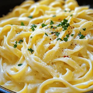 To make creamy garlic Parmesan pasta, you'll need some simple ingredients. Here’s what I use: - 8 oz fettuccine pasta - 2 tablespoons olive oil - 4 cloves garlic, minced - 1 cup heavy cream - 1 cup freshly grated Parmesan cheese - 1 teaspoon garlic powder - 1 teaspoon onion powder - Salt and black pepper to taste - Fresh parsley, chopped (for garnish) - Optional: red pepper flakes for heat Each ingredient plays a key role in building flavor and texture. The fettuccine serves as the base, while olive oil adds richness. Fresh garlic gives a bold taste. Heavy cream makes the sauce rich and smooth. Parmesan cheese adds a salty, nutty flavor. Garlic and onion powders enhance the dish without overpowering. Seasoning with salt and pepper rounds out the taste. Fresh parsley adds a pop of color and freshness. If you like heat, sprinkle in red pepper flakes for a kick. For the full recipe, visit the section above. Start by boiling a large pot of salted water. Add 8 oz of fettuccine pasta. Cook it according to the package instructions until it is al dente. This usually takes around 8-10 minutes. Drain the pasta and set it aside. Make sure to keep about 1/2 cup of pasta water. This water will help with the sauce later. In a large skillet, heat 2 tablespoons of olive oil over medium heat. Once hot, add 4 cloves of minced garlic. Sauté the garlic for 1-2 minutes. You want it to be fragrant but not burnt. Keep an eye on it, as burnt garlic tastes bitter. Reduce the heat to low. Stir in 1 cup of heavy cream. Let it simmer gently for 3-4 minutes. This will help thicken the sauce. Stir often to prevent sticking. The cream should warm up and start to bubble lightly. Next, slowly whisk in 1 cup of freshly grated Parmesan cheese. Keep stirring until the cheese melts and becomes creamy. Add 1 teaspoon of garlic powder, 1 teaspoon of onion powder, and salt and black pepper to taste. If the sauce is too thick, add some reserved pasta water until you reach your desired consistency. Now, add the cooked fettuccine to the creamy sauce. Toss the pasta well to coat it evenly in the sauce. Heat everything together for another 2 minutes. This step warms the pasta and helps the flavors blend. Remove the skillet from heat. If you like a touch of heat, add a pinch of red pepper flakes. Garnish with chopped fresh parsley for color. Your creamy garlic Parmesan pasta is ready to serve! Enjoy this quick and simple meal that tastes amazing. For the full recipe, check out the details above. To make a creamy garlic Parmesan sauce, keep these tips in mind: - Use fresh ingredients for the best flavor. - Sauté garlic gently to avoid burning. - Stir the cream in slowly to prevent curdling. - Once you add cheese, mix until it melts fully. This will give your sauce a smooth texture. Taste your sauce as you cook. Here’s how to adjust: - If it’s too salty, add more cream. - For more flavor, try adding more garlic or cheese. - If the sauce is thick, use reserved pasta water to thin it. - Add black pepper or red pepper flakes for a kick. These small tweaks can make a big difference. Make your dish look as good as it tastes: - Serve in a large bowl or plate for a family-style meal. - Garnish with fresh parsley for color and flavor. - Sprinkle extra cheese on top for a cheesy finish. - Use a sprinkle of red pepper flakes for visual appeal. These details will impress your guests and brighten your table. For more details on making this dish, check out the Full Recipe. {{image_2}} You can easily boost your creamy garlic Parmesan pasta by adding protein. Chicken or shrimp works great. For chicken, use cooked, diced pieces. Cook shrimp in the skillet for a few minutes until pink. Mix them into the pasta before serving. This addition makes the dish heartier and more filling. If you want a vegetarian version, mushrooms and spinach are excellent choices. Sauté sliced mushrooms with garlic until tender. Add fresh spinach to the skillet until it wilts. Stir these veggies into the creamy sauce. They add flavor and nutrients while keeping the dish light and fresh. To make your pasta even more exciting, try adding herbs and spices. Fresh basil or thyme adds a nice touch. For a kick, sprinkle red pepper flakes into the sauce. You can also use lemon zest for a bright flavor. These simple tweaks can elevate your dish and impress your guests. Store any leftovers in an airtight container. Keep them in the fridge. They will last for up to three days. Make sure the pasta cools before sealing the container. This helps keep it fresh. You can also separate the sauce from the pasta if you prefer. To reheat, place the pasta in a skillet. Add a splash of water or cream. This helps restore the creamy texture. Heat over low to medium heat. Stir gently to warm it through. You can also use the microwave. Heat in 30-second bursts, stirring in between. You can freeze this dish if you want to save it for later. Let it cool completely. Then, place it in a freezer-safe container. It can last up to two months in the freezer. When you're ready to eat, thaw it overnight in the fridge. Reheat as mentioned above. To find the full recipe, check out the earlier section! Fettuccine pasta works best for this dish. Its wide shape holds the creamy sauce well. You can also use linguine or spaghetti if you prefer. Just make sure to cook it al dente for the best texture. Yes, you can use store-bought Alfredo sauce. It saves time and still tastes good. Just heat it in the pan and mix in the garlic for extra flavor. However, making your sauce gives you more control over taste and texture. To make the sauce dairy-free, swap heavy cream for coconut cream or cashew cream. Use nutritional yeast instead of Parmesan cheese for a cheesy flavor. This way, you keep the creaminess without dairy. You can prepare some parts in advance. Cook the pasta and make the sauce ahead of time. Just store them separately. When you're ready, reheat the sauce and mix it with the pasta for a quick meal. If the sauce is too thick, add some reserved pasta water. Start with a little and stir until you reach your desired consistency. This will help thin the sauce while keeping the flavor intact. This blog post covered everything you need for a creamy fettuccine dish. We explored ingredients, step-by-step cooking, and tips for the best results. You can easily add proteins or veggies to mix things up. Remember to store any leftovers properly for later enjoyment. Cooking this dish should be fun and rewarding. I hope you feel inspired to create your own creamy fettuccine and enjoy every bite!