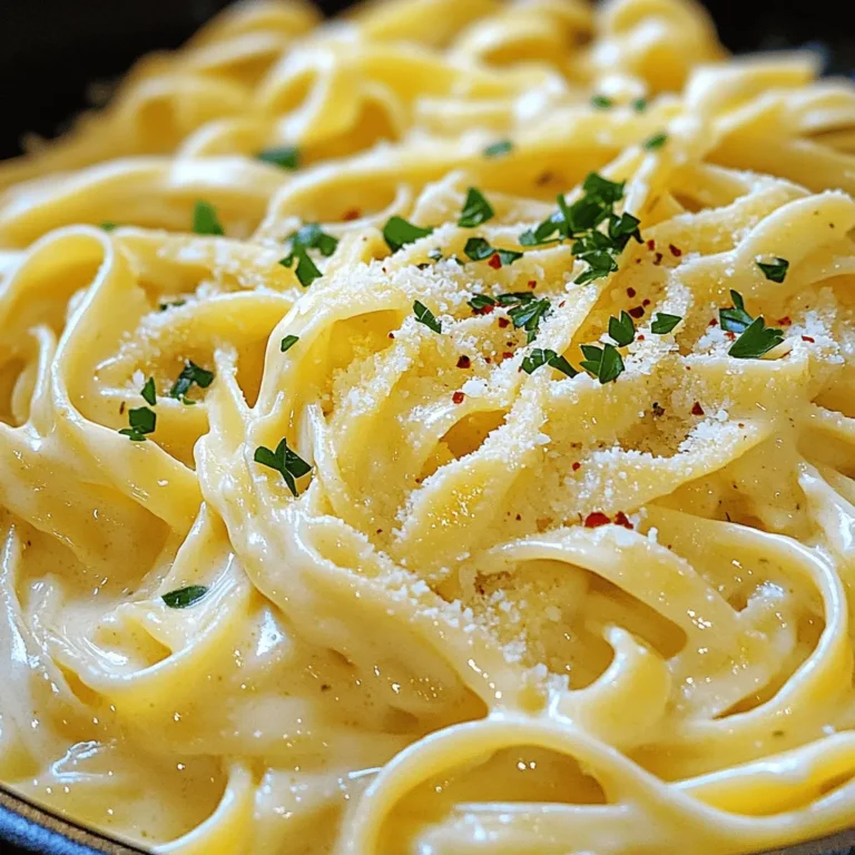To make creamy garlic Parmesan pasta, you'll need some simple ingredients. Here’s what I use: - 8 oz fettuccine pasta - 2 tablespoons olive oil - 4 cloves garlic, minced - 1 cup heavy cream - 1 cup freshly grated Parmesan cheese - 1 teaspoon garlic powder - 1 teaspoon onion powder - Salt and black pepper to taste - Fresh parsley, chopped (for garnish) - Optional: red pepper flakes for heat Each ingredient plays a key role in building flavor and texture. The fettuccine serves as the base, while olive oil adds richness. Fresh garlic gives a bold taste. Heavy cream makes the sauce rich and smooth. Parmesan cheese adds a salty, nutty flavor. Garlic and onion powders enhance the dish without overpowering. Seasoning with salt and pepper rounds out the taste. Fresh parsley adds a pop of color and freshness. If you like heat, sprinkle in red pepper flakes for a kick. For the full recipe, visit the section above. Start by boiling a large pot of salted water. Add 8 oz of fettuccine pasta. Cook it according to the package instructions until it is al dente. This usually takes around 8-10 minutes. Drain the pasta and set it aside. Make sure to keep about 1/2 cup of pasta water. This water will help with the sauce later. In a large skillet, heat 2 tablespoons of olive oil over medium heat. Once hot, add 4 cloves of minced garlic. Sauté the garlic for 1-2 minutes. You want it to be fragrant but not burnt. Keep an eye on it, as burnt garlic tastes bitter. Reduce the heat to low. Stir in 1 cup of heavy cream. Let it simmer gently for 3-4 minutes. This will help thicken the sauce. Stir often to prevent sticking. The cream should warm up and start to bubble lightly. Next, slowly whisk in 1 cup of freshly grated Parmesan cheese. Keep stirring until the cheese melts and becomes creamy. Add 1 teaspoon of garlic powder, 1 teaspoon of onion powder, and salt and black pepper to taste. If the sauce is too thick, add some reserved pasta water until you reach your desired consistency. Now, add the cooked fettuccine to the creamy sauce. Toss the pasta well to coat it evenly in the sauce. Heat everything together for another 2 minutes. This step warms the pasta and helps the flavors blend. Remove the skillet from heat. If you like a touch of heat, add a pinch of red pepper flakes. Garnish with chopped fresh parsley for color. Your creamy garlic Parmesan pasta is ready to serve! Enjoy this quick and simple meal that tastes amazing. For the full recipe, check out the details above. To make a creamy garlic Parmesan sauce, keep these tips in mind: - Use fresh ingredients for the best flavor. - Sauté garlic gently to avoid burning. - Stir the cream in slowly to prevent curdling. - Once you add cheese, mix until it melts fully. This will give your sauce a smooth texture. Taste your sauce as you cook. Here’s how to adjust: - If it’s too salty, add more cream. - For more flavor, try adding more garlic or cheese. - If the sauce is thick, use reserved pasta water to thin it. - Add black pepper or red pepper flakes for a kick. These small tweaks can make a big difference. Make your dish look as good as it tastes: - Serve in a large bowl or plate for a family-style meal. - Garnish with fresh parsley for color and flavor. - Sprinkle extra cheese on top for a cheesy finish. - Use a sprinkle of red pepper flakes for visual appeal. These details will impress your guests and brighten your table. For more details on making this dish, check out the Full Recipe. {{image_2}} You can easily boost your creamy garlic Parmesan pasta by adding protein. Chicken or shrimp works great. For chicken, use cooked, diced pieces. Cook shrimp in the skillet for a few minutes until pink. Mix them into the pasta before serving. This addition makes the dish heartier and more filling. If you want a vegetarian version, mushrooms and spinach are excellent choices. Sauté sliced mushrooms with garlic until tender. Add fresh spinach to the skillet until it wilts. Stir these veggies into the creamy sauce. They add flavor and nutrients while keeping the dish light and fresh. To make your pasta even more exciting, try adding herbs and spices. Fresh basil or thyme adds a nice touch. For a kick, sprinkle red pepper flakes into the sauce. You can also use lemon zest for a bright flavor. These simple tweaks can elevate your dish and impress your guests. Store any leftovers in an airtight container. Keep them in the fridge. They will last for up to three days. Make sure the pasta cools before sealing the container. This helps keep it fresh. You can also separate the sauce from the pasta if you prefer. To reheat, place the pasta in a skillet. Add a splash of water or cream. This helps restore the creamy texture. Heat over low to medium heat. Stir gently to warm it through. You can also use the microwave. Heat in 30-second bursts, stirring in between. You can freeze this dish if you want to save it for later. Let it cool completely. Then, place it in a freezer-safe container. It can last up to two months in the freezer. When you're ready to eat, thaw it overnight in the fridge. Reheat as mentioned above. To find the full recipe, check out the earlier section! Fettuccine pasta works best for this dish. Its wide shape holds the creamy sauce well. You can also use linguine or spaghetti if you prefer. Just make sure to cook it al dente for the best texture. Yes, you can use store-bought Alfredo sauce. It saves time and still tastes good. Just heat it in the pan and mix in the garlic for extra flavor. However, making your sauce gives you more control over taste and texture. To make the sauce dairy-free, swap heavy cream for coconut cream or cashew cream. Use nutritional yeast instead of Parmesan cheese for a cheesy flavor. This way, you keep the creaminess without dairy. You can prepare some parts in advance. Cook the pasta and make the sauce ahead of time. Just store them separately. When you're ready, reheat the sauce and mix it with the pasta for a quick meal. If the sauce is too thick, add some reserved pasta water. Start with a little and stir until you reach your desired consistency. This will help thin the sauce while keeping the flavor intact. This blog post covered everything you need for a creamy fettuccine dish. We explored ingredients, step-by-step cooking, and tips for the best results. You can easily add proteins or veggies to mix things up. Remember to store any leftovers properly for later enjoyment. Cooking this dish should be fun and rewarding. I hope you feel inspired to create your own creamy fettuccine and enjoy every bite!