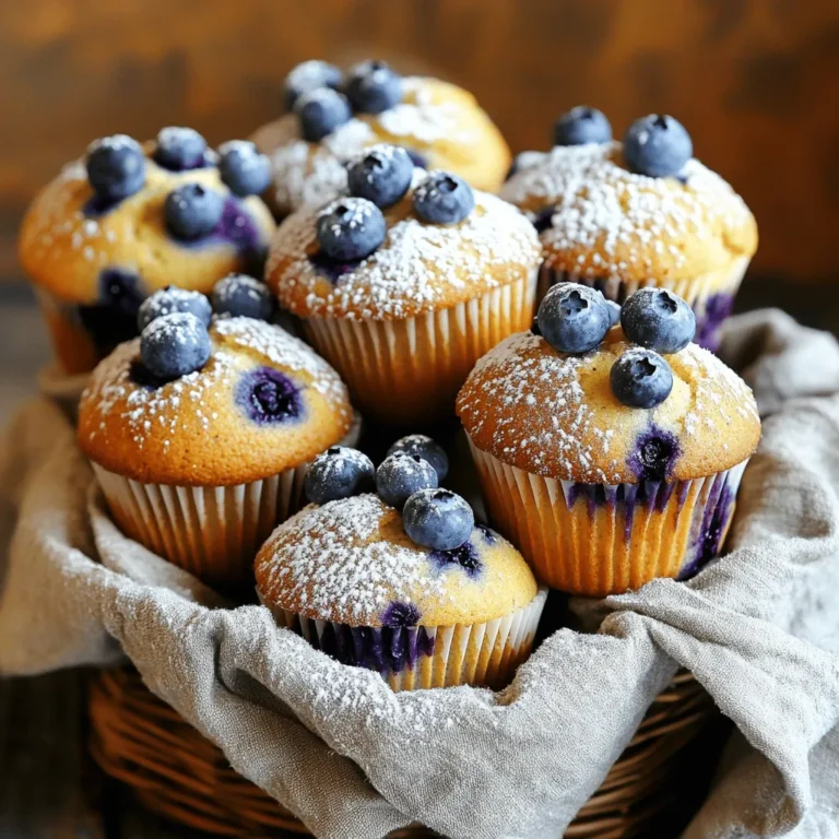 - 2 cups all-purpose flour - 1 cup granulated sugar - 2 teaspoons baking powder - 1/2 teaspoon baking soda - 1/2 teaspoon salt - 1/2 cup unsalted butter, melted - 1 cup plain Greek yogurt - 2 large eggs - 1 teaspoon vanilla extract - Zest of 1 lemon - 1 1/2 cups fresh blueberries (or frozen) - 2 tablespoons coarse sugar for topping These ingredients make the best ever blueberry muffins. Each part plays a role. The flour gives structure, while sugar adds sweetness. Baking powder and baking soda help the muffins rise. Salt enhances flavor, and butter adds richness. Greek yogurt keeps them moist. Eggs bind everything together. Vanilla and lemon zest give a lovely aroma. The blueberries burst with flavor, making each bite special. Coarse sugar on top adds a nice crunch. These muffins are packed with nutrients. They provide energy from carbs and protein from yogurt and eggs. Each muffin has about 200 calories. You get fiber from flour and antioxidants from blueberries. If you need swaps, here are some ideas: - Use whole wheat flour for added fiber. - Swap Greek yogurt for applesauce for a lighter touch. - Replace eggs with flaxseed meal for a vegan option. - Use coconut oil instead of butter for a dairy-free choice. - Try honey instead of sugar for a natural sweetener. These substitutes keep the muffins tasty while catering to different diets. Now, you can enjoy this recipe no matter your needs! For the complete method, check the Full Recipe. 1. Preheat the oven to 375°F (190°C). 2. Prepare the muffin tin with liners or cooking spray. This keeps the muffins from sticking. 1. In a large bowl, combine the dry ingredients: flour, sugar, baking powder, baking soda, and salt. Whisk them together. 2. In another bowl, mix the wet ingredients: melted butter, Greek yogurt, eggs, vanilla extract, and lemon zest. Whisk this until smooth. 3. Gradually add the wet mixture to the dry ingredients. Fold gently until they are just combined. Do not overmix; a few lumps are okay. 4. Gently fold in the blueberries. This helps keep them intact and spread throughout the batter. 1. Fill each muffin cup about 3/4 full with the batter. 2. Sprinkle the coarse sugar on top of each muffin for a sweet crunch. 3. Bake in the oven for 20-25 minutes. Check for doneness by inserting a toothpick into the center. It should come out clean. 4. Let the muffins cool in the tin for 5 minutes. Then, transfer them to a wire rack to cool completely. For the full recipe, check the details above. Enjoy your baking! To get the best texture in your muffins, avoid overmixing the batter. When mixing, just combine the wet and dry ingredients until you see no dry spots. It's fine to have a few lumps. This keeps your muffins light and fluffy. Also, use room temperature ingredients. If your butter and eggs are cold, they won't mix well. Room temperature ingredients blend better and create a smoother batter. For perfect baking, use an oven thermometer. Oven temperatures can be off. A thermometer ensures your oven heats correctly. This helps your muffins rise nicely. Also, rotate the muffin tin halfway through baking. This helps them bake evenly. Hot spots in your oven can cook some muffins faster than others. When serving your muffins, they taste best warm or at room temperature. For a lovely touch, dust them with powdered sugar. Add a few fresh blueberries on top for color. You can also display them in a rustic basket lined with a cloth. This adds charm and makes your muffins look delightful. {{image_2}} You can take your blueberry muffins to a new level with some fun flavors. - Lemon Blueberry Muffins: Add a burst of citrus by mixing in more lemon zest or a splash of lemon juice. The fresh taste brightens the muffins and pairs well with blueberries. - Almond Blueberry Muffins: Swap in almond extract instead of vanilla for a nutty flavor. You can also add sliced almonds on top for extra crunch. If you need to change the recipe, there are great options. - Gluten-free flour options: You can use a gluten-free all-purpose blend. Make sure it has xanthan gum to help with texture. - Vegan substitutes for eggs and dairy: Replace eggs with flax eggs. Mix 1 tablespoon of ground flaxseed with 2.5 tablespoons of water and let it sit for a few minutes. For Greek yogurt, use dairy-free yogurt or applesauce. Different fruits and spices can change the mood of your muffins. - Adding other berries: Feel free to mix in raspberries or blackberries. They add a lovely tartness that complements the sweetness of the blueberries. - Incorporating spices: A pinch of cinnamon or nutmeg adds warmth. These spices work well, especially in fall or winter baking. Explore these variations to make the best ever blueberry muffins truly yours! For the complete recipe, check the [Full Recipe]. To keep your muffins fresh, store them at room temperature. Place them in a sealed container. This helps keep them soft and tasty. If you plan to eat them within a few days, this is the best way. For longer storage, consider the fridge or freezer. In the fridge, they stay fresh for about a week. Just make sure they are in an airtight container. The freezer is great for longer storage. Wrap each muffin in plastic wrap and then put them in a freezer bag. This way, they can last for up to three months. Muffins stored at room temperature last for about 2-3 days. If kept in the fridge, they can last up to a week. If you freeze them, they can be good for three months. Just remember, the sooner you eat them, the better they will taste! To enjoy your muffins warm, reheat them in the oven. Set it to 350°F (175°C). Place the muffins on a baking sheet for about 10 minutes. You can also use the microwave. Heat them for about 15-20 seconds. If you want a crispy top, stick with the oven method. Enjoy your muffins warm for the best taste! For the complete recipe, check out the Full Recipe. This recipe stands out for its perfect balance of flavor and texture. The muffins are soft and fluffy, thanks to the Greek yogurt. The fresh blueberries burst with juice, adding a sweet and tart kick. The lemon zest brightens the taste, making every bite delightful. Plus, the crunchy sugar topping adds a nice contrast. Together, these elements create a muffin that feels special yet easy to make. Yes, you can use frozen blueberries. They work well in this recipe. Just make sure to add them straight from the freezer. Do not thaw them first, as they may become mushy. Frozen berries can even help keep the batter cool, which is a bonus! You can make these muffins healthier with a few tweaks. Try using whole wheat flour instead of all-purpose flour. You can also reduce the sugar by half or use honey or maple syrup. Swapping Greek yogurt for a low-fat version can cut calories without losing creaminess. Adding oats or nuts boosts fiber and healthy fats too. Absolutely! Making mini muffins is a great idea. Just adjust your baking time. Bake them for about 12-15 minutes instead of the full 20-25 minutes. Check for doneness with a toothpick, and enjoy bite-sized treats! To check if your muffins are done, insert a toothpick into the center. If it comes out clean or with a few crumbs, they are ready. The tops should be golden brown, and the muffins should spring back when touched lightly. If they sink in the middle, they need a few more minutes. For the complete recipe for Best Ever Blueberry Muffins, check out the Full Recipe. This will guide you through every step to ensure your muffins turn out perfect! This blog post covered a simple yet delicious blueberry muffin recipe. We explored the key ingredients, step-by-step instructions, and helpful tips. You learned how to achieve the perfect muffin texture and even variations for different tastes. Plus, storage information ensures your muffins stay fresh. In summary, baking blueberry muffins is fun and rewarding. Follow these steps, and enjoy your tasty treats!