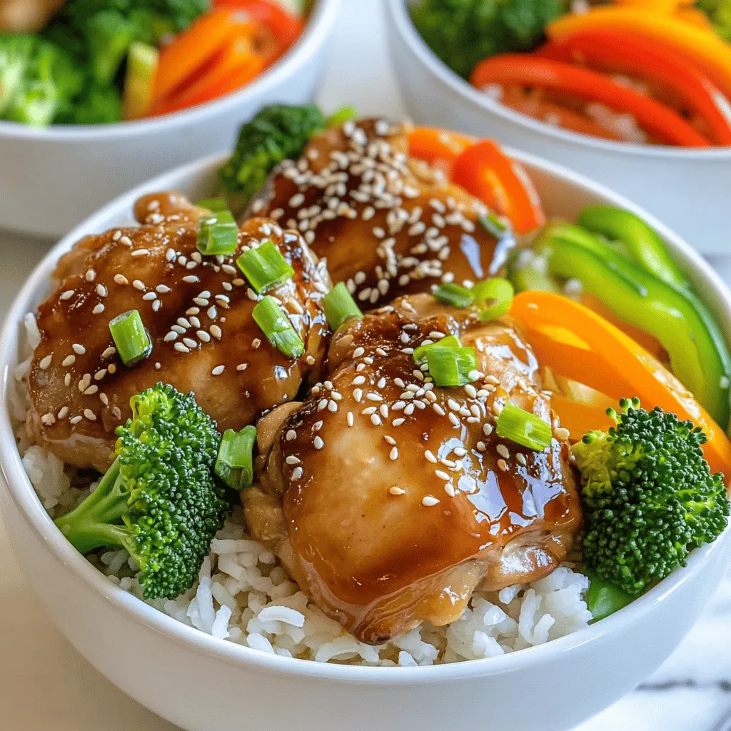 - 1 lb boneless, skinless chicken thighs - ¼ cup soy sauce - ¼ cup honey - Additional vegetables (broccoli, bell pepper, carrot) The main ingredients form the backbone of your teriyaki chicken bowls. The chicken thighs bring rich flavor and tenderness. Soy sauce adds that salty umami kick, while honey gives a perfect touch of sweetness. Fresh vegetables like broccoli, bell peppers, and carrots not only enhance the color but also boost nutrition. - 2 cups cooked jasmine rice - Garnishes (green onions, sesame seeds) For serving, cooked jasmine rice provides a fluffy base. It soaks up the savory teriyaki sauce well. Garnishes like sliced green onions and sesame seeds add both crunch and a pop of color. These optional ingredients elevate your dish from good to great. - Swap chicken for tofu or shrimp - Use brown rice instead of jasmine rice If you want to mix things up, you can swap chicken for tofu or shrimp. Tofu works well for a vegetarian twist, while shrimp cooks quickly and adds a seafood flavor. You can also use brown rice instead of jasmine rice for a nuttier taste and extra fiber. This flexibility lets you customize your bowls according to your taste or dietary needs. For the full recipe, check out the Marvelous Teriyaki Chicken Bowls. Start by whisking together the marinade ingredients in a medium bowl. You will need soy sauce, honey, rice vinegar, sesame oil, minced garlic, and grated ginger. This mix creates a sweet and savory sauce. Once mixed, add the bite-sized chicken pieces. Let the chicken marinate for at least 15 minutes. This helps the flavors soak in well. Next, heat a large skillet over medium heat. Add the marinated chicken to the skillet, but don’t forget to save some marinade for later. Cook the chicken until it turns golden brown and is cooked through, which should take about 7 to 10 minutes. Make sure the chicken is fully done to keep it safe to eat. After the chicken is cooked, it’s time to add the vegetables. Toss in broccoli florets, sliced bell peppers, and julienned carrots into the same skillet. Stir-fry the vegetables for about 5 minutes. You want them to be tender yet still crisp. This keeps the meal fresh and colorful. Now, return the cooked chicken to the skillet with the vegetables. Pour in the reserved marinade, allowing it to coat everything well. Cook for an additional 2 to 3 minutes. This will help thicken the sauce and give it a nice glaze. Finally, divide the cooked jasmine rice into bowls. Top each bowl with the teriyaki chicken and vegetable stir-fry. For an extra touch, sprinkle some sliced green onions and sesame seeds on top. This adds both flavor and a nice crunch. You can find the Full Recipe in the article for more details. - Avoid overcooking chicken for tenderness. Cook it until golden brown. - Use high heat for quicker vegetable cooking. This keeps them crisp and bright. - Add crushed red pepper for heat. This gives a nice kick to your dish. - Include sesame oil for a nutty flavor. Just a little adds depth to the sauce. - Pair with a side salad. A fresh salad complements the rich flavors. - Serve with extra soy sauce on the side. It lets everyone adjust the flavor to their liking. These tips can make your teriyaki chicken bowls even better. Check out the Full Recipe for more details. {{image_2}} You can adapt this recipe to fit your needs. For a gluten-free option, swap soy sauce with tamari. Tamari has a similar taste but is made without wheat. If you prefer a vegan dish, use plant-based protein like tofu or tempeh. This swap keeps the dish tasty and filling. Want to change up the flavor? Use teriyaki sauce instead of the marinade. This gives a sweet and tangy kick to the chicken. You can also add pineapple chunks for a fun, sweet twist. The pineapple pairs well with the savory chicken and adds a pop of color. Feel free to mix things up with your ingredients. Instead of jasmine rice, you can use quinoa. Quinoa is a healthy alternative packed with protein. Also, use seasonal vegetables based on what you have. Bell peppers, snap peas, or zucchini all work great. These swaps keep the dish fresh and exciting. For the Full Recipe, check out the details above. To keep your teriyaki chicken bowls fresh, store them in the fridge. Place the leftover bowls in airtight containers. This helps maintain flavor and texture. Use glass or BPA-free plastic containers for best results. You can enjoy your leftovers for up to four days. When it's time to eat again, you want the best flavor. The microwave works well, but be careful not to overcook. Heat in short bursts, stirring in between. For stovetop reheating, use medium heat and add a splash of water or broth. This keeps the chicken moist. Stir until heated through, about 5-7 minutes. Yes, you can freeze teriyaki chicken bowls! To freeze, first let them cool completely. Then, place them in freezer-safe bags or containers. Remove as much air as possible. They can last for about three months in the freezer. When you're ready to eat, thaw them overnight in the fridge. Reheat as mentioned above for best taste. Enjoy your delicious meal anytime! For the full recipe, check out the Marvelous Teriyaki Chicken Bowls 🥢. You can keep leftover teriyaki chicken bowls in the fridge for about three to four days. Make sure to store them in an airtight container. This keeps the flavors fresh and safe to eat. Always check for any signs of spoilage before consuming leftovers. Yes, you can use frozen chicken! Just remember to thaw it first for even cooking. You can microwave it or leave it in the fridge overnight. If cooking from frozen, make sure the chicken reaches 165°F (75°C) to ensure it’s safe to eat. You can serve teriyaki chicken bowls with many sides. Here are some great options: - Steamed edamame - Crisp cucumber salad - Roasted sweet potatoes - Quick pickled vegetables These sides add color, crunch, and balance to your meal. To add some heat, try these tips: - Add crushed red pepper flakes to the marinade. - Slice fresh jalapeños and sprinkle them on top. - Use spicy sesame oil instead of regular sesame oil. These options boost flavor without hiding the teriyaki taste. Yes! Teriyaki chicken bowls are perfect for meal prep. You can make a big batch and store it in separate containers. This way, you have quick, healthy meals ready for the week. Just reheat them in the microwave or on the stove when you’re ready to eat. For full details, check out the Full Recipe. This blog post covered how to make a delicious teriyaki chicken bowl. You learned about key ingredients and easy steps for cooking. We discussed tips for better flavor and serving ideas. Variations let you adjust this dish to fit your needs. In conclusion, you can enjoy making and sharing this meal. It’s simple, tasty, and flexible. Time spent in the kitchen helps you create something special. So, gather your ingredients and have fun with this recipe!