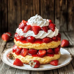 For this easy strawberry shortcake, you need fresh strawberries. They are the star here. I use: - 2 cups fresh strawberries, hulled and sliced - 1/4 cup granulated sugar (for strawberries) Let the sugar sit with the strawberries to sweeten them. This makes them juicy and delicious. Next, let’s gather the shortcake ingredients. These will create a soft, sweet base. You will need: - 1 1/2 cups all-purpose flour - 2 tablespoons baking powder - 1/2 teaspoon salt - 1/4 cup granulated sugar (for shortcake) - 1/4 cup unsalted butter, cold and cubed - 3/4 cup heavy cream, plus extra for brushing - 1 teaspoon vanilla extract These ingredients mix to form a light and fluffy shortcake. Toppings can make your shortcake even better. I love to add: - Whipped cream (for serving) You can also try other toppings like chocolate sauce or nuts. Adding these makes each bite special. For the complete recipe, check out the Full Recipe link. Start by washing the strawberries. Remove the green tops and slice them. Place the sliced strawberries in a medium bowl. Add 1/4 cup of granulated sugar. Toss them gently to coat. Let the strawberries sit for about 30 minutes. This helps them release their sweet juice. Preheat your oven to 425°F (220°C). In a large bowl, mix the flour, baking powder, salt, and 1/4 cup of sugar. Use a whisk to blend them well. Next, add the cold, cubed butter to the bowl. Use a pastry cutter or your fingers to mix until it looks like coarse crumbs. Pour in 3/4 cup of heavy cream and the vanilla extract. Stir just until the dough comes together. Don’t overmix, as this can make your shortcake tough. Turn the dough onto a floured surface. Pat it into a rectangle that is about 1 inch thick. Use a biscuit cutter or a glass to cut out rounds. Place the shortcakes on a baking sheet lined with parchment paper. Brush the tops with a bit of extra heavy cream for a nice golden color. Bake for 12-15 minutes. They should be lightly golden on top. Let the shortcakes cool on a wire rack for a few minutes. Once the shortcakes are cool, slice them in half horizontally. Take the bottom half and spoon on a generous amount of the macerated strawberries. Top it with whipped cream. Place the other half of the shortcake on top. Serve immediately, adding extra strawberries and whipped cream on the side if you like. Enjoy your Easy Strawberry Shortcake, a delightful and simple treat! For the complete recipe, please refer to the Full Recipe section. When picking strawberries, look for bright red ones. They should feel firm and smell sweet. Avoid any that are dull or soft. Fresh, ripe strawberries taste best in this dessert. If you can, buy them from a local farmer's market. The flavor will be vibrant, making your shortcake shine. The key to great shortcake is not overmixing. Mix the dough just until it comes together. This keeps the cake light and fluffy. Cold butter is also important. It helps create layers in the shortcake. Remember to pat the dough gently into shape. This helps keep it airy. Serve your shortcake warm for the best taste. Add whipped cream on top for extra creaminess. You can also sprinkle some extra strawberries around the plate. This makes your dessert look pretty. For a twist, try adding a drizzle of chocolate sauce. It adds a nice touch to the sweet flavor. You can find the full recipe above for all these tasty details. {{image_2}} You can add a twist to the classic shortcake by including chocolate. Start by mixing cocoa powder into the shortcake dough. Use about 1/4 cup of cocoa powder with the flour. This adds a rich chocolate flavor. Top with your sweetened strawberries and whipped cream. The chocolate pairs nicely with the juicy berries. It's a fun and tasty change! If you need a gluten-free version, swap the all-purpose flour for a gluten-free blend. Look for a blend that has xanthan gum for the best texture. Follow the same steps in the recipe. The shortcakes might be slightly denser but still taste great. Enjoy the same fun flavors without the gluten! To make a vegan shortcake, substitute the butter with coconut oil or a vegan butter. Replace heavy cream with almond or coconut milk. You can also use a plant-based whipped cream. This keeps the dessert light and fluffy while being dairy-free. The result is a delicious vegan treat everyone can enjoy! For more ideas, check out the Full Recipe. After enjoying your Easy Strawberry Shortcake, you might have some left. To store it, place the assembled shortcake in an airtight container. Keep it in the fridge, where it can last for 1-2 days. The whipped cream may lose some fluffiness, but the flavor stays great. You can freeze shortcake and strawberries separately for longer storage. For shortcake, let it cool completely. Wrap each piece in plastic wrap and place them in a freezer bag. They can last up to 3 months. For strawberries, slice them and toss with a bit of sugar. Place them in a freezer-safe bag. They will last about 6 months frozen. To keep everything fresh, always store shortcake and strawberries in separate containers. This prevents sogginess. If you're preparing ahead, only assemble the shortcake right before serving. This way, you’ll enjoy the best texture and flavor. When ready to eat, add the whipped cream just before serving to keep it light and airy. For more detailed steps, check the Full Recipe. Yes, you can use frozen strawberries. Thaw them before using. Drain excess liquid to avoid sogginess. Frozen berries may be softer, but they still taste great. For best results, let them sit in sugar for a while. This helps bring out their sweet flavor. You can prepare the shortcake in advance. First, make the dough and cut out rounds. Then, freeze them on a baking sheet. Once frozen, move them to a bag. Bake them fresh when you need them. This keeps them fluffy and light. Serve your strawberry shortcake with whipped cream. You can add extra strawberries for color and flavor. A scoop of vanilla ice cream pairs well, too. For a fun twist, try a drizzle of chocolate sauce. The flavors combine for a sweet treat! For the full recipe, visit the Easy Strawberry Shortcake section. In this blog post, we explored how to make strawberry shortcake step by step. We covered the ingredients needed, from fresh strawberries to shortcake and optional toppings. You learned how to prepare strawberries, make the dough, and assemble the dessert. I also shared tips for picking the best strawberries and achieving the right texture. Finally, we looked at delicious variations and storage tips. Enjoying strawberry shortcake can be simple and fun, so dive in and create your own treat. Your sweet journey begins now!