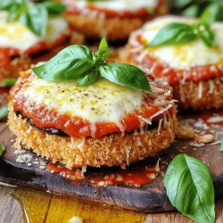 - 2 medium eggplants - Mozzarella and Parmesan cheese Eggplants are the star of this dish. They bring a nice texture. I love using two medium eggplants. Slice them into ½-inch rounds for even cooking. Next, you need cheese. Mozzarella gives a creamy taste, while Parmesan adds a sharp flavor. Together, they create a delicious blend. - All-purpose flour - Olive oil You can’t forget the basics. All-purpose flour helps the eggplants get a crispy outside. Use it to coat each slice. Olive oil is great for frying. It adds flavor and keeps the eggplant moist. These staples make the dish easy and tasty. - Fresh basil leaves - Homemade marinara sauce For a fresh touch, add basil leaves as a garnish. They bring brightness to the dish. You can also use homemade marinara sauce. It adds depth and rich flavor. If you’re short on time, store-bought works too. Check out the Full Recipe for more tips! First, you need to salt and drain the eggplant. Slice the eggplants into ½-inch rounds. Sprinkle salt on both sides of each slice. Let them sit in a colander for about 30 minutes. This step helps to draw out the moisture and bitterness. After 30 minutes, rinse the slices under cold water. Pat them dry with paper towels to remove excess moisture. Now, set up your breading station. You will need three shallow dishes. Place flour in the first dish, beaten eggs in the second, and breadcrumbs mixed with oregano in the third. This setup keeps things organized and makes the breading process smooth. Next, it’s time to bread the eggplant. Take one slice and dredge it in the flour first. Be sure to shake off any extra flour. Then, dip it into the beaten eggs, letting the excess drip off. Finally, coat the slice with breadcrumbs. Press gently to help the breadcrumbs stick well. Repeat this with all the slices to ensure even coating. Heat olive oil in a large skillet over medium heat. You want enough oil to cover the bottom of the pan. To test if the oil is hot enough, you can drop a small piece of bread in. If it sizzles, you are good to go. Fry the breaded eggplant slices in batches. Cook each slice for about 3-4 minutes on each side. They should be golden brown and crispy. Once done, remove them and let them drain on paper towels. Now, let’s assemble the dish. Preheat your oven to 375°F (190°C). Start by spreading a thin layer of marinara sauce at the bottom of a baking dish. Layer half of the fried eggplant slices over the sauce. Add half of the remaining marinara sauce on top. Then, sprinkle half of the mozzarella and Parmesan cheeses. Repeat this layering process with the rest of the eggplant, sauce, and cheeses. Finish with a generous layer of mozzarella on top. Cover the baking dish with aluminum foil. Bake for 25 minutes. After that, remove the foil and bake for another 15-20 minutes. You want the cheese to be bubbly and golden. Let the dish cool for a few minutes before slicing. How to avoid soggy eggplant To keep your eggplant crisp, you must salt it first. Slice the eggplants and sprinkle salt on both sides. Let them sit in a colander for 30 minutes. This draws out moisture and bitterness. After that, rinse and pat them dry. This simple step makes a big difference. Adjusting salt and seasonings Taste your marinara sauce before using it. If it’s too bland, add more salt or herbs. You can also mix in some garlic or red pepper flakes for extra flavor. Always season each layer as you build your dish for great taste. Best side dishes to accompany Eggplant parmesan pairs well with a fresh salad. A simple mix of greens, tomatoes, and a light dressing works best. Garlic bread is another great choice. It soaks up the sauce and adds a nice crunch. Serving presentation ideas When serving, slice the eggplant parmesan into squares. Arrange them on a rustic wooden board. Add fresh basil leaves on top for color. Drizzle a bit of olive oil for a touch of elegance. Importance of rest time before serving Let the eggplant parmesan sit for 10 minutes before slicing. This helps it hold its shape. If you cut it too soon, it may fall apart. Resting allows the cheese to set for perfect slices. Cheese selection tips Use fresh mozzarella for a gooey texture. You can mix it with low-moisture mozzarella for a nice blend. For a stronger flavor, add more Parmesan. Try different cheeses to find your ideal mix. {{image_2}} You can add more veggies to your eggplant parmesan. Spinach works great in this dish. You can also use zucchini or mushrooms. These veggies add flavor and color. Try mixing in different cheeses too. Ricotta or goat cheese can give a smooth taste. This makes your dish even more special. If you need a gluten-free option, you can swap the breadcrumbs. Use crushed cornflakes or gluten-free panko instead. This will still give you that nice crunch. For the flour, almond flour or coconut flour works well. These options keep the taste rich without gluten. For meat lovers, adding cooked ground meat makes this dish heartier. You can use beef, turkey, or sausage. Just cook the meat first and layer it with the eggplant. You can also add cooked chicken for extra protein. This twist makes it a full meal. These variations keep the spirit of the classic dish while adding new flavors. For the full recipe, check out the main article. To store leftovers, let the eggplant parmesan cool first. Then, cover it with plastic wrap or foil. You can also keep it in an airtight container. This helps keep the flavors fresh. For reheating, preheat your oven to 350°F (175°C). Place the dish in the oven for about 20 minutes. You can also use the microwave if you’re in a hurry. Heat it on medium for about 3-4 minutes. Just watch it closely to avoid drying out. You can freeze eggplant parmesan before or after baking. If you freeze it before baking, assemble the dish as normal. Cover it tightly with foil. You can store it for up to three months. To freeze after baking, let it cool completely first. Wrap it well in plastic wrap, then in foil. This will prevent freezer burn. When you're ready to eat, thaw it in the fridge overnight. Then, bake it at 375°F (190°C) for about 30-40 minutes. This ensures it heats evenly. In the fridge, eggplant parmesan lasts about 3-5 days. Make sure it stays covered. In the freezer, it can last for about three months. Just remember to label the date. This way, you’ll know when to eat it! Yes, you can make eggplant Parmesan ahead of time. Start by cooking the eggplant as directed. Then, layer it with sauce and cheese in a baking dish. Cover it tightly with foil and store it in the fridge for up to a day. When you're ready to eat, bake it straight from the fridge. This helps the flavors blend. If you want to reheat leftovers, warm it in the oven at 350°F (175°C) until hot. Look for a golden-brown color on your eggplant slices. This means they are crispy and cooked well. The edges should be firm, and the center should feel soft when you press them. If you see bubbles in the oil while frying, that’s a good sign! Fry each side for about 3-4 minutes for the best texture. Salting eggplant is helpful. It draws out excess moisture and bitterness. This step makes the eggplant taste better. If you skip this step, the eggplant might be soggy. An alternative to salting is to soak the slices in milk for 30 minutes. This also helps reduce bitterness and keeps them tasty. In this post, we explored how to make eggplant Parmesan, from choosing ingredients to serving tips. You learned about key ingredients, preparation, and frying techniques that create great flavor and texture. Remember to salt the eggplant for a better taste and avoid sogginess. With these steps, variations, and storage tips, you can enjoy this dish at any time. Making eggplant Parmesan can be fun and rewarding. Give it a try, and impress your friends and family with your cooking skills!