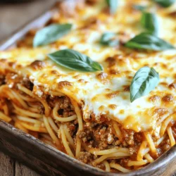 To make a delicious baked spaghetti casserole, gather these simple ingredients: - 12 ounces spaghetti - 1 tablespoon olive oil - 1 medium onion, diced - 2 garlic cloves, minced - 1 pound ground beef (or ground turkey) - 1 can (28 ounces) crushed tomatoes - 1 teaspoon dried oregano - 1 teaspoon dried basil - 1/2 teaspoon red pepper flakes (optional) - Salt and pepper to taste - 2 cups ricotta cheese - 2 cups shredded mozzarella cheese - 1/2 cup grated Parmesan cheese - Fresh basil, for garnish These ingredients create a warm and hearty dish. The blend of flavors will make your family smile. The spaghetti adds a fun twist, and the cheeses make it creamy. Crushed tomatoes keep everything moist and tasty. Olive oil brings the onions and garlic to life in the pan. You can use ground beef or turkey based on your preference. Don't forget the fresh basil for a lovely touch on top! For the full recipe, check out the detailed instructions to bring this comforting meal to your table. - Cook spaghetti until al dente. - Drain and set aside. To start, bring a large pot of salted water to a boil. Add your spaghetti. I like to cook it until it’s just firm, or "al dente." This way, it won’t get mushy later. Once done, drain the pasta in a colander and let it rest. Setting it aside is key, as it will blend with the sauce later. - Sauté onion and garlic. - Brown ground beef (or turkey). - Stir in tomatoes and seasonings. In a large skillet, heat one tablespoon of olive oil over medium heat. Add diced onion and minced garlic. Sauté these until they soften and smell great. This usually takes about 3-4 minutes. Next, add your ground beef or turkey. Cook until it turns brown, which should take about 6-7 minutes. If there's extra fat, drain it. Now, stir in the crushed tomatoes, oregano, basil, red pepper flakes, salt, and pepper. Let this simmer for about 10 minutes. This step allows the flavors to mix well. - Combine spaghetti with meat sauce. - Mix ricotta cheese with mozzarella and Parmesan. - Layer ingredients in baking dish. In a big bowl, combine the cooked spaghetti with the meat sauce. Mix well so that the pasta gets coated. In another bowl, mix the ricotta cheese with half of the mozzarella and half of the Parmesan cheese. Add a pinch of salt and pepper for taste. Now, take a greased 9x13 inch baking dish. Spread half of the spaghetti mixture on the bottom. Layer the ricotta mixture on top, then add the rest of the spaghetti. Finish with the remaining mozzarella and Parmesan cheeses. - Cover and bake. - Remove foil for final browning. Preheat your oven to 350°F (175°C). Cover your dish with aluminum foil. Bake for 25 minutes. After that, remove the foil and bake for another 15 minutes. This will make the cheese on top golden and bubbly. Let the casserole cool for a few minutes before slicing. You can garnish with fresh basil before serving. Enjoy this hearty family dinner treat! For the full recipe, check out the details above. To make your baked spaghetti casserole shine, focus on fresh ingredients. Fresh veggies and herbs boost flavor and texture. Always taste your sauce as you cook. Adjust the seasoning to match your family's preferences. A little extra salt or spice can make a big difference. Cheese can change your dish's flavor and texture. Feel free to substitute different cheeses. For a twist, try using goat cheese or a sharp cheddar. I recommend a blend of mozzarella and Parmesan for that gooey, golden top. Mixing in some provolone adds a nice touch too! Cooking the meat properly is key. Aim for an internal temperature of 160°F for ground beef or turkey. This keeps your dish safe and tasty. Simmering the sauce for at least ten minutes allows the flavors to blend well. This step is essential for a rich and satisfying sauce. {{image_2}} You can easily make this dish meat-free. Replace the ground beef with veggies. Use mushrooms, zucchini, or bell peppers. You can also add plant-based proteins like lentils or chickpeas. These swaps add great flavor and texture. They keep the dish hearty while being healthy. If you need a gluten-free meal, swap regular spaghetti for gluten-free pasta. Many brands offer tasty options made from rice or quinoa. Just be sure to follow the cooking instructions on the package. This way, your pasta will turn out perfectly. Want to kick up the taste? Add spices like paprika or Italian seasoning. Fresh herbs like parsley or oregano also work well. You can mix in extra vegetables, too. Spinach or kale can add nutrients and color. This gives your baked spaghetti casserole a personal touch. You can find the full recipe at the link provided. To store leftovers, let the casserole cool first. Place it in an airtight container. You can keep it in the fridge for about 3 to 4 days. This way, you ensure it stays fresh and safe to eat. Use glass or plastic containers that seal well. These containers help keep moisture in and odors out. You can freeze baked spaghetti casserole for up to three months. For best results, cool the casserole completely. Then, wrap it tightly in plastic wrap and aluminum foil. This double wrap helps prevent freezer burn. When you want to eat it, move it to the fridge overnight to thaw. This makes it easy and ready for reheating. To reheat, place your casserole in a preheated oven at 350°F (175°C). Cover it with foil to keep it moist. Heat for about 20-25 minutes. Check if it’s warm all the way through. If you like the cheese bubbly, remove the foil for the last 5-10 minutes. Enjoy your meal just like the first time! For the full recipe, check the main article. A baked spaghetti casserole lasts about 3 to 5 days in the fridge. Make sure to store it in an airtight container. This keeps it fresh and tasty. You can also cover it tightly with foil or plastic wrap. Always check for any signs of spoilage before eating leftovers. Yes, you can prepare baked spaghetti casserole ahead of time. Cook the spaghetti and meat sauce first. Then, layer the ingredients as in the recipe. Cover the dish well and store it in the fridge. When ready to bake, heat the oven to 350°F (175°C). Bake it for about 40 to 50 minutes. This warms it through and melts the cheese. If you need a substitute for ricotta cheese, you have options. Cottage cheese works well as a swap. It has a similar texture and taste. For a vegan choice, use blended silken tofu. You can also try cream cheese mixed with a bit of milk. These options keep your dish creamy and rich. To keep your casserole moist, avoid overcooking the spaghetti. It should be al dente. Also, add enough sauce to coat the noodles well. Cover the dish while baking for the first 25 minutes. This traps steam and adds moisture. After removing the foil, keep an eye on the baking time. This prevents it from drying out. This baked spaghetti casserole is easy to make and fun to share. We covered the essential ingredients, step-by-step instructions, and helpful tips to perfect your dish. You can try variations for dietary needs and store leftovers conveniently. Remember, using fresh ingredients and adjusting seasonings can greatly enhance flavor. Whether you follow our basic recipe or customize it, your casserole will surely delight everyone. Embrace your culinary creativity and enjoy a comforting meal!