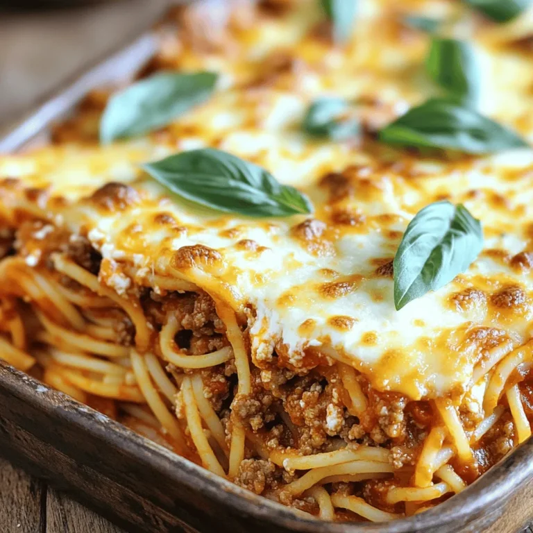 To make a delicious baked spaghetti casserole, gather these simple ingredients: - 12 ounces spaghetti - 1 tablespoon olive oil - 1 medium onion, diced - 2 garlic cloves, minced - 1 pound ground beef (or ground turkey) - 1 can (28 ounces) crushed tomatoes - 1 teaspoon dried oregano - 1 teaspoon dried basil - 1/2 teaspoon red pepper flakes (optional) - Salt and pepper to taste - 2 cups ricotta cheese - 2 cups shredded mozzarella cheese - 1/2 cup grated Parmesan cheese - Fresh basil, for garnish These ingredients create a warm and hearty dish. The blend of flavors will make your family smile. The spaghetti adds a fun twist, and the cheeses make it creamy. Crushed tomatoes keep everything moist and tasty. Olive oil brings the onions and garlic to life in the pan. You can use ground beef or turkey based on your preference. Don't forget the fresh basil for a lovely touch on top! For the full recipe, check out the detailed instructions to bring this comforting meal to your table. - Cook spaghetti until al dente. - Drain and set aside. To start, bring a large pot of salted water to a boil. Add your spaghetti. I like to cook it until it’s just firm, or "al dente." This way, it won’t get mushy later. Once done, drain the pasta in a colander and let it rest. Setting it aside is key, as it will blend with the sauce later. - Sauté onion and garlic. - Brown ground beef (or turkey). - Stir in tomatoes and seasonings. In a large skillet, heat one tablespoon of olive oil over medium heat. Add diced onion and minced garlic. Sauté these until they soften and smell great. This usually takes about 3-4 minutes. Next, add your ground beef or turkey. Cook until it turns brown, which should take about 6-7 minutes. If there's extra fat, drain it. Now, stir in the crushed tomatoes, oregano, basil, red pepper flakes, salt, and pepper. Let this simmer for about 10 minutes. This step allows the flavors to mix well. - Combine spaghetti with meat sauce. - Mix ricotta cheese with mozzarella and Parmesan. - Layer ingredients in baking dish. In a big bowl, combine the cooked spaghetti with the meat sauce. Mix well so that the pasta gets coated. In another bowl, mix the ricotta cheese with half of the mozzarella and half of the Parmesan cheese. Add a pinch of salt and pepper for taste. Now, take a greased 9x13 inch baking dish. Spread half of the spaghetti mixture on the bottom. Layer the ricotta mixture on top, then add the rest of the spaghetti. Finish with the remaining mozzarella and Parmesan cheeses. - Cover and bake. - Remove foil for final browning. Preheat your oven to 350°F (175°C). Cover your dish with aluminum foil. Bake for 25 minutes. After that, remove the foil and bake for another 15 minutes. This will make the cheese on top golden and bubbly. Let the casserole cool for a few minutes before slicing. You can garnish with fresh basil before serving. Enjoy this hearty family dinner treat! For the full recipe, check out the details above. To make your baked spaghetti casserole shine, focus on fresh ingredients. Fresh veggies and herbs boost flavor and texture. Always taste your sauce as you cook. Adjust the seasoning to match your family's preferences. A little extra salt or spice can make a big difference. Cheese can change your dish's flavor and texture. Feel free to substitute different cheeses. For a twist, try using goat cheese or a sharp cheddar. I recommend a blend of mozzarella and Parmesan for that gooey, golden top. Mixing in some provolone adds a nice touch too! Cooking the meat properly is key. Aim for an internal temperature of 160°F for ground beef or turkey. This keeps your dish safe and tasty. Simmering the sauce for at least ten minutes allows the flavors to blend well. This step is essential for a rich and satisfying sauce. {{image_2}} You can easily make this dish meat-free. Replace the ground beef with veggies. Use mushrooms, zucchini, or bell peppers. You can also add plant-based proteins like lentils or chickpeas. These swaps add great flavor and texture. They keep the dish hearty while being healthy. If you need a gluten-free meal, swap regular spaghetti for gluten-free pasta. Many brands offer tasty options made from rice or quinoa. Just be sure to follow the cooking instructions on the package. This way, your pasta will turn out perfectly. Want to kick up the taste? Add spices like paprika or Italian seasoning. Fresh herbs like parsley or oregano also work well. You can mix in extra vegetables, too. Spinach or kale can add nutrients and color. This gives your baked spaghetti casserole a personal touch. You can find the full recipe at the link provided. To store leftovers, let the casserole cool first. Place it in an airtight container. You can keep it in the fridge for about 3 to 4 days. This way, you ensure it stays fresh and safe to eat. Use glass or plastic containers that seal well. These containers help keep moisture in and odors out. You can freeze baked spaghetti casserole for up to three months. For best results, cool the casserole completely. Then, wrap it tightly in plastic wrap and aluminum foil. This double wrap helps prevent freezer burn. When you want to eat it, move it to the fridge overnight to thaw. This makes it easy and ready for reheating. To reheat, place your casserole in a preheated oven at 350°F (175°C). Cover it with foil to keep it moist. Heat for about 20-25 minutes. Check if it’s warm all the way through. If you like the cheese bubbly, remove the foil for the last 5-10 minutes. Enjoy your meal just like the first time! For the full recipe, check the main article. A baked spaghetti casserole lasts about 3 to 5 days in the fridge. Make sure to store it in an airtight container. This keeps it fresh and tasty. You can also cover it tightly with foil or plastic wrap. Always check for any signs of spoilage before eating leftovers. Yes, you can prepare baked spaghetti casserole ahead of time. Cook the spaghetti and meat sauce first. Then, layer the ingredients as in the recipe. Cover the dish well and store it in the fridge. When ready to bake, heat the oven to 350°F (175°C). Bake it for about 40 to 50 minutes. This warms it through and melts the cheese. If you need a substitute for ricotta cheese, you have options. Cottage cheese works well as a swap. It has a similar texture and taste. For a vegan choice, use blended silken tofu. You can also try cream cheese mixed with a bit of milk. These options keep your dish creamy and rich. To keep your casserole moist, avoid overcooking the spaghetti. It should be al dente. Also, add enough sauce to coat the noodles well. Cover the dish while baking for the first 25 minutes. This traps steam and adds moisture. After removing the foil, keep an eye on the baking time. This prevents it from drying out. This baked spaghetti casserole is easy to make and fun to share. We covered the essential ingredients, step-by-step instructions, and helpful tips to perfect your dish. You can try variations for dietary needs and store leftovers conveniently. Remember, using fresh ingredients and adjusting seasonings can greatly enhance flavor. Whether you follow our basic recipe or customize it, your casserole will surely delight everyone. Embrace your culinary creativity and enjoy a comforting meal!
