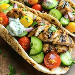 To make easy chicken gyros, gather these simple ingredients: - 1 lb (450g) boneless, skinless chicken thighs - 2 tablespoons olive oil - 2 cloves garlic, minced - 1 tablespoon dried oregano - 1 teaspoon paprika - 1 teaspoon cumin - Salt and pepper to taste - 4 whole wheat pita breads - 1 cup plain Greek yogurt - 1 tablespoon lemon juice - 1 cucumber, diced - 1 cup cherry tomatoes, halved - ¼ red onion, thinly sliced - Fresh parsley, chopped (for garnish) You can swap some ingredients if needed: - Chicken thighs can be replaced with chicken breasts for a leaner option. - Olive oil can be substituted with avocado oil for a different flavor. - If you lack Greek yogurt, try sour cream or a dairy-free yogurt. - Fresh herbs, like dill, can replace parsley for a fresh twist. Freshness matters in flavor. Here are tips to ensure quality: - Choose chicken that is pink and firm. Avoid any chicken with a gray hue. - Select bright, firm cucumbers and ripe cherry tomatoes for the best taste. - Fresh garlic should feel firm and not sprout. - Buy whole wheat pita bread that is soft and flexible, not hard or stale. These tips will help you create the best chicken gyros. Enjoy making this dish! Start by making the marinade. In a large bowl, mix together olive oil, minced garlic, dried oregano, paprika, cumin, salt, and pepper. This mix brings out the flavors. Next, add the chicken thighs. Make sure they are well-coated in the marinade. Cover the bowl and place it in the fridge. Let it marinate for at least 30 minutes. If you have time, two hours deepens the flavor. Preheat your grill or grill pan to medium-high heat. When hot, place the marinated chicken thighs on the grill. Cook each side for about 6 to 7 minutes. Check that they reach an internal temperature of 165°F (75°C). This ensures they are fully cooked. Once done, remove the chicken and let it rest for a few minutes. Then slice the chicken into thin strips. Warm the pita breads on the grill for about a minute. This makes them soft and easy to fold. To assemble, take a pita and add a good amount of sliced chicken. Then, layer on diced cucumber, halved cherry tomatoes, and thinly sliced red onion. Drizzle some tzatziki sauce over the top. Finish with fresh parsley for a pop of color. Roll up the pita around the fillings, and your chicken gyros are ready to enjoy! For the full recipe, check the earlier section. To make your chicken gyros burst with flavor, focus on the marinade. Start with olive oil, garlic, oregano, paprika, and cumin. These spices work together to give a rich taste. Let the chicken sit in the marinade for at least 30 minutes. For the best flavor, marinate it for up to 2 hours. Cooking time can change based on your heat source. If you use a grill, aim for 6–7 minutes per side. Make sure the chicken reaches 165°F (75°C) inside. If you cook in a pan, it might take a bit longer. Always check to ensure the chicken is fully cooked. Creating tzatziki sauce is simple and key to your gyros. Combine Greek yogurt and lemon juice in a bowl. Add diced cucumber and a pinch of salt. Mix well for a fresh taste. You can chill it in the fridge for a bit. This helps the flavors blend nicely. For extra zing, add minced garlic or fresh dill. {{image_2}} If you want to change the protein, try lamb or beef. Both meats add rich flavor. You can also use shrimp or fish for a lighter option. For fish, use firm types like salmon or cod. Just make sure they cook fast, around 4–5 minutes per side. For a meat-free meal, use marinated tofu or tempeh. Both soak up flavors well and grill nicely. Grilled halloumi cheese is another tasty choice. Just slice it thick and grill until golden. You can also use roasted vegetables like zucchini and bell peppers for a fresh twist. Add spices to your marinade for extra kick. Try chili powder or cayenne for heat. Fresh herbs like mint or dill can brighten your dish. You can also mix in feta cheese with your veggies for a salty bite. For crunch, add lettuce or sliced radishes. Each choice will make your gyros special. To keep your leftover gyros fresh, wrap them tightly in plastic wrap. You can also use airtight containers. Store them in the fridge for up to three days. Make sure to keep the tzatziki sauce separate. This prevents the pita from getting soggy. When you are ready to enjoy your leftover gyros, take them out of the fridge. Remove the tzatziki sauce and set it aside. You can reheat the chicken in a skillet over medium heat. Heat it for about five minutes, stirring often. You can also warm your pita in the skillet for about one minute. This will make it soft again. If you want to freeze your chicken gyros, wrap them well in foil or freezer bags. They can stay in the freezer for up to three months. To thaw, place them in the fridge overnight. Once thawed, you can reheat them as mentioned above. Enjoying gyros later is a great way to save time! For the full recipe, check out the Easy Chicken Gyros section. You can still make chicken gyros without a grill. Use a stovetop pan instead. Heat the pan over medium-high heat and add a bit of olive oil. Cook the marinated chicken thighs for about 6–7 minutes on each side. Make sure the chicken is cooked through and reaches 165°F. This method gives you tasty gyros without needing a grill. Yes, you can use chicken breasts. Chicken breasts are leaner than thighs. However, they might be less juicy. To keep them moist, marinate them for a longer time. You can also cut the breasts into smaller pieces for even cooking. Thighs offer more flavor, but breasts will work in a pinch. Chicken gyros go well with many sides. Some great options include: - Greek salad - Roasted vegetables - Rice pilaf - Fries or sweet potato fries - Hummus and pita chips These sides add color and flavor to your meal. They also complement the spices in the gyros well. For the complete recipe, including ingredients and instructions, check out the Easy Chicken Gyros section above. You learned about the key ingredients for gyros and how to prepare them. We discussed many substitution options and how to keep your ingredients fresh. I shared step-by-step grilling tips and ways to assemble the perfect gyros. With these tips and tricks, you can enhance flavor and store leftovers properly. Remember, you can swap proteins and try vegetarian styles for variety. Making delicious gyros is easy, and now you have the know-how to impress your friends and family. Enjoy your cooking!