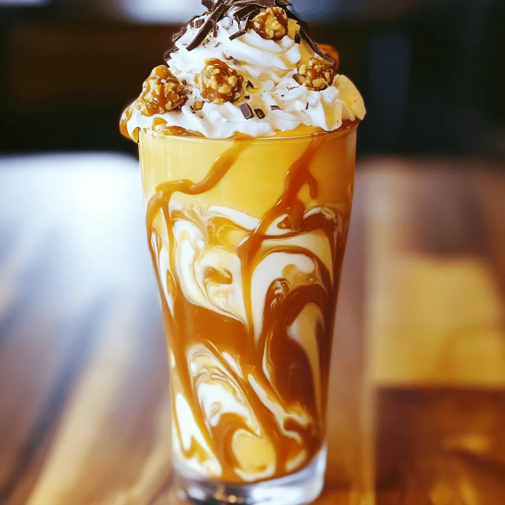 To make your Salted Caramel Praline Shake, gather these key ingredients: - 2 cups vanilla ice cream - 1 cup whole milk - 1/2 cup salted caramel sauce (plus extra for drizzling) - 1/2 cup praline nuts, chopped - Whipped cream, for topping - A pinch of sea salt - Chocolate shavings or curls, for garnish Feel free to add your personal touch with these optional ingredients: - Different ice cream flavors like chocolate or coffee - A splash of espresso for a coffee kick - Crushed cookies or candy for extra crunch You will need some basic tools to make this shake: - A blender for smooth mixing - Measuring cups for accuracy - Serving glasses for presentation - A spatula for drizzling caramel These ingredients and tools make it easy to create a delicious treat. You can find the full recipe below for more details on how to prepare this shake. First, gather your ingredients. You will need two cups of vanilla ice cream, one cup of whole milk, and half a cup of salted caramel sauce. You can also grab half a cup of chopped praline nuts. This mix creates a rich base for your shake. In a blender, combine the ice cream, milk, and salted caramel sauce. Blend on medium speed. You want it smooth and creamy. This should take about 30 seconds. The smell of caramel will fill your kitchen! Now, add the chopped praline nuts to the blender. Pulse the blender a couple of times. You want to mix in the nuts but keep some crunch. The texture makes the shake fun to drink! Next, taste the shake. If you want it sweeter, add more salted caramel sauce. Blend lightly if you add more. This step lets you customize the flavor just for you. Before pouring, drizzle extra salted caramel sauce inside your serving glasses. This adds a nice touch! Pour the shake into the glasses, leaving room for whipped cream. Top the shake with a generous amount of whipped cream. Sprinkle a pinch of sea salt on top. This balance of flavors is key! Finally, add chocolate shavings or curls for a beautiful garnish. Serve with a fun straw and a small drizzle of caramel on top. This shake is a creamy and delicious treat you'll love. Enjoy every sip! To get the best shake, start with cold ice cream. Use two cups of vanilla ice cream. Blend it with one cup of whole milk. This mix creates a smooth base. If your shake is too thick, add more milk. If it's too thin, use more ice cream. The right mix gives a creamy texture that you will love. The flavor balance is key. Use half a cup of salted caramel sauce for sweetness. But don’t forget the sea salt! A pinch of sea salt enhances the flavors. Taste your shake as you mix. If you want it sweeter, add more caramel. Just blend lightly to keep some crunch from the praline nuts. Make your shake look fun! Drizzle extra caramel sauce inside the glasses. This adds flavor and a nice look. Use whipped cream on top, then sprinkle sea salt. For a fancy touch, add chocolate shavings or curls. Serve with colorful straws to make it festive. These small details make your shake stand out! {{image_2}} You can switch up the flavor of this shake. Instead of vanilla ice cream, try chocolate or caramel ice cream. You can even use coffee ice cream for a rich twist. Each choice gives your shake a unique taste. Experimenting can lead to fun surprises! If you prefer a vegan shake, use coconut or almond milk. Replace the ice cream with a dairy-free version made from cashews or coconut. Look for vegan salted caramel sauce, which is easy to find in stores. This way, you can enjoy a creamy treat without dairy. Want to make your shake even tastier? Add a splash of espresso for a coffee kick. You can mix in some chocolate syrup for a richer flavor. A dash of cinnamon or nutmeg adds warmth and depth. These little extras can take your shake to the next level. For the full recipe, check out the recipe section above. If you have leftover salted caramel praline shake, store it in the fridge. Use an airtight container to keep it fresh. Try to enjoy it within two days. After that, the texture may change. The shake might become icy or lose creaminess. If you want to save some for later, follow the freezing instructions. For long-term storage, you can freeze the shake. Pour it into a freezer-safe container. Leave some space at the top for expansion. Seal it tightly and label it with the date. You can freeze it for up to a month. When you're ready to enjoy it, let it thaw in the fridge overnight. When you want to drink your shake again, check the texture first. If it's too thick after thawing, add a splash of milk. Blend it again to smooth it out. Taste it to see if you need more caramel sauce. This simple trick makes your shake feel fresh and delicious again. If you don’t have praline nuts, use chopped pecans or walnuts. Toast them lightly for more flavor. You can also try crushed graham crackers for a different crunch. They add a nice texture and sweetness. To reduce sweetness, cut back on the caramel sauce. You can also add more milk or ice cream. This keeps the shake creamy while balancing the flavors. Another option is to mix in a little unsweetened cocoa powder for a rich taste. Absolutely! You can use almond milk, oat milk, or any other non-dairy milk. Each type of milk brings its unique flavor. Just keep in mind that it may change the shake's overall taste and creaminess. Adjust the ingredients to suit your taste. For the full recipe, check out the Salted Caramel Praline Shake 🥤 section. You learned how to make a delicious Salted Caramel Praline Shake. We covered the key ingredients, step-by-step instructions, and fun tips. You can customize it to suit your taste or dietary needs. Whether you want to store it or adjust sweetness, you have options. This shake is not just a treat; it’s an experience. With these ideas, you can impress friends and family or enjoy it all by yourself. Dive in and enjoy your tasty creation!