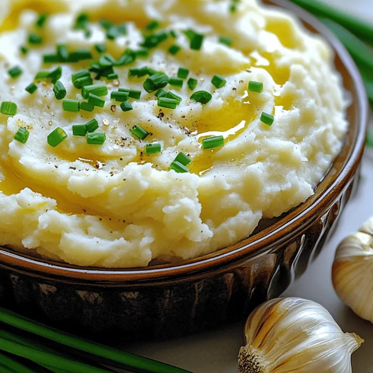 To make roasted garlic mashed cauliflower, you need a few simple items. Here’s the detailed list of ingredients: - 1 large head of cauliflower, cut into florets - 6 cloves of garlic, unpeeled - 3 tablespoons olive oil - 1/4 cup unsweetened almond milk (or any milk of choice) - 2 tablespoons butter (or vegan butter for a dairy-free option) - Salt and pepper to taste - Fresh chives, chopped (for garnish) Each ingredient plays a key role. The cauliflower serves as the base, giving a creamy texture. Garlic adds a rich, sweet flavor when roasted. Olive oil gives a nice finish, while almond milk keeps it light. Butter adds a touch of richness, and seasoning enhances all the flavors. Fresh chives bring a pop of color and a mild onion taste. This combination makes a delightful side dish that pairs well with many meals. For the full recipe, check out Roasted Garlic Mashed Cauliflower. - Preheat the oven to 400°F (200°C). - Toss the cauliflower florets and garlic with olive oil, salt, and pepper. Preheating your oven is the first step. This helps the cauliflower cook evenly. Next, toss the cauliflower florets and unpeeled garlic in a bowl. Use enough olive oil to coat them well. Add a pinch of salt and pepper. This will enhance the flavors. - Spread the mixture on a baking sheet. - Roast for 25-30 minutes until tender and golden. Now, spread the cauliflower and garlic on a baking sheet. Make sure they are in a single layer. This helps them roast evenly. Roast them for about 25 to 30 minutes. You want the cauliflower to become tender and slightly golden. The garlic will become soft and sweet. - Squeeze roasted garlic into the cauliflower. - Blend with almond milk and butter until smooth. Once they are done roasting, let them cool a bit. Carefully squeeze the roasted garlic out of its skins into the bowl with the cauliflower. Then, transfer everything to a food processor. Add almond milk and butter for creaminess. Blend until smooth. You may need to scrape down the sides to ensure everything mixes well. Adjust the seasoning with more salt and pepper if needed. This creamy side dish is now ready to enjoy! For the full recipe, check the details above. To choose fresh cauliflower, look for tight and firm heads. The leaves should be bright green and crisp. Avoid any brown spots or soft areas. Roasting times can vary by oven. For most, 25-30 minutes at 400°F (200°C) works well. Check for tenderness by piercing with a fork. For a rich texture, consider using milk alternatives like unsweetened almond milk or oat milk. They add creaminess without overpowering the dish. Adjusting butter can improve texture. Try using 2 tablespoons of butter for a smooth finish. If you prefer a lighter option, reduce it to 1 tablespoon. To elevate flavor, add spices like garlic powder, onion powder, or smoked paprika. These can bring depth to your dish. Fresh herbs can brighten the dish. Chives work great as a garnish, adding a mild onion flavor. Try mixing in parsley or thyme for a fresh twist. For the Full Recipe, check the details above. {{image_2}} For a dairy-free version of roasted garlic mashed cauliflower, swap regular butter and milk for plant-based options. Use vegan butter and almond milk to keep the creamy texture. These substitutions work well and will not change the flavor much. They make the dish friendly for those avoiding dairy while keeping it delicious. You can easily boost the flavor of your mashed cauliflower. Adding cheese, like Parmesan or cheddar, creates a rich taste. Nutritional yeast is a great option too. It adds a cheesy flavor without dairy. Mixing in other vegetables can also bring new tastes. Try adding steamed broccoli or carrots for extra color and nutrition. These small changes can take your dish to the next level. Roasted garlic mashed cauliflower pairs well with many dishes. It complements proteins like chicken or fish nicely. For a vegan meal, serve it alongside roasted veggies or a hearty salad. If you want to create a loaded cauliflower version, top it with sautéed mushrooms, crispy bacon, or green onions. This makes the dish even more satisfying and fun. For the full recipe, check out the link above. To keep your roasted garlic mashed cauliflower fresh, use airtight containers. Glass or plastic containers work well. Make sure to leave some space at the top, as the dish may expand. You can store it in the fridge for up to 4 days. If you want it to last longer, consider freezing it. When reheating, the oven gives the best results. Preheat it to 350°F (175°C). Place the mashed cauliflower in an oven-safe dish and cover it. Heat for about 15-20 minutes until warm. If you use a microwave, place it in a bowl and cover loosely. Heat it in 30-second intervals, stirring between each. This will help keep the texture smooth. You can freeze the mashed cauliflower before or after blending. If freezing before blending, roast the cauliflower and garlic first. Let them cool, then store in a freezer bag. For freezing after blending, let it cool first, then place in a container. To thaw, place in the fridge overnight or use the microwave on low. This keeps the flavors intact. For best results, reheat after thawing for a creamy texture. Can I use frozen cauliflower? Yes, you can use frozen cauliflower. Just thaw and drain it well before cooking. The texture may differ slightly, but it still works great in this recipe. How can I make this recipe spicier? To spice things up, add red pepper flakes or a dash of hot sauce. You can also mix in jalapeños for extra heat. What are the health benefits of cauliflower? Cauliflower is low in calories and high in fiber. It is rich in vitamins C, K, and B6. It also contains antioxidants that help fight inflammation. Each serving of roasted garlic mashed cauliflower has about 120 calories. It offers 5 grams of carbs and 2 grams of protein. Compared to traditional mashed potatoes, it has fewer calories and carbs. This dish is a lighter option without losing flavor. This recipe is naturally gluten-free. Use gluten-free butter if needed. For a vegan option, replace regular butter with plant-based butter. Almond milk works well too. Enjoy this creamy side without any worries! This blog post covered how to make a creamy cauliflower dish. We went through the ingredients, step-by-step instructions, and tips for the best flavor. You learned how to roast cauliflower and make it creamy. Plus, you discovered variations and clever storage tips. Feel free to experiment with flavors and use leftovers in new meals. Enjoy your cooking!