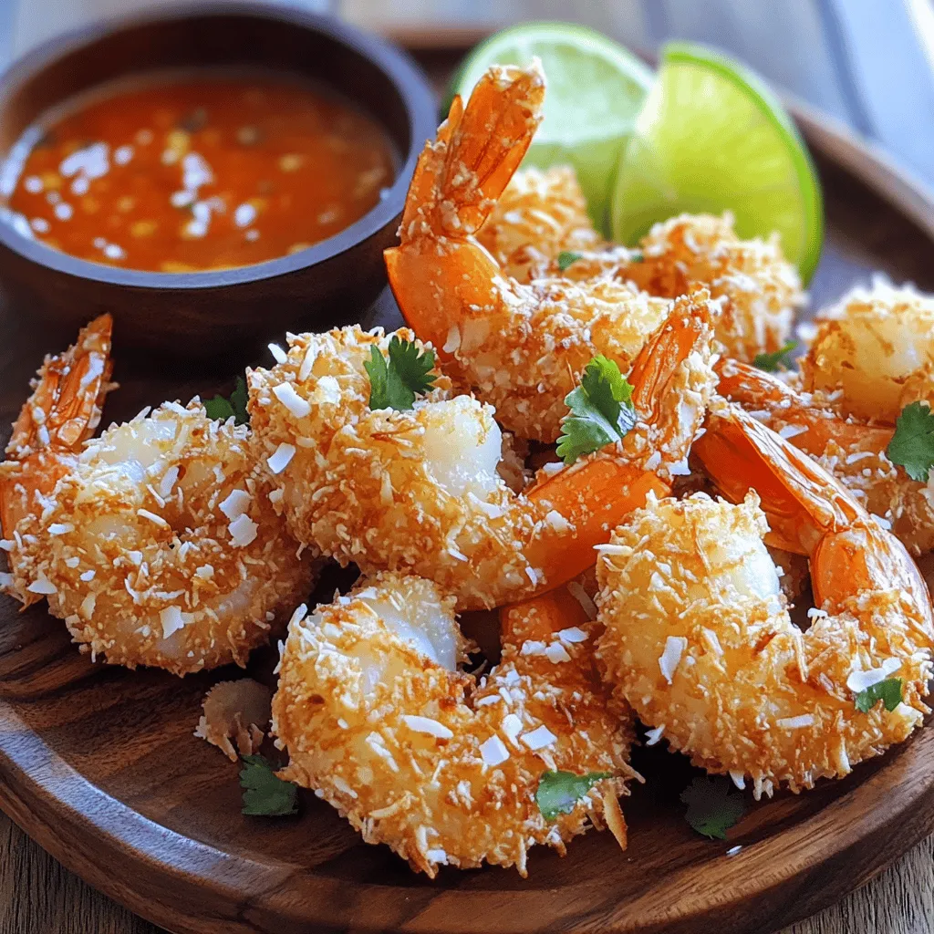 To make crispy coconut shrimp, you need a few key ingredients. Here’s what you will need: - 1 lb large shrimp, peeled and deveined - 1 cup all-purpose flour - 1 teaspoon garlic powder - 1 teaspoon paprika - 1/2 teaspoon salt - 2 large eggs - 1 cup shredded coconut (sweetened or unsweetened, based on preference) - 1 cup panko breadcrumbs - Oil for frying These ingredients all work together to create a crunchy, tasty treat that is sure to impress. For this recipe, I suggest using large shrimp. They cook well and hold up during frying. You can choose fresh or frozen shrimp, but make sure they are peeled and deveined. If you can find wild-caught shrimp, that’s even better! They often taste fresher and have a firmer texture. If you have dietary needs, here are some easy swaps. You can use gluten-free flour instead of all-purpose flour for a gluten-free version. For those avoiding eggs, try a flaxseed mixture or unsweetened applesauce as a binding agent. If you prefer a lighter option, consider baking instead of frying. You can still achieve a crispy finish with the right technique. For those who need to avoid coconut, try using crushed cornflakes or breadcrumbs instead. These can give a nice crunch too! For the full recipe, check out the [Full Recipe]. Start by rinsing the shrimp under cold water. Pat them dry with paper towels. This step is key to getting crispy shrimp. Next, gather your ingredients. You will need flour, garlic powder, paprika, salt, eggs, shredded coconut, and panko breadcrumbs. Measure everything out ahead of time. This makes the coating process easier and faster. To coat the shrimp, set up three bowls. In the first bowl, mix flour, garlic powder, paprika, and salt. In the second bowl, whisk the eggs. In the third bowl, combine shredded coconut and panko breadcrumbs. Take a shrimp and dip it into the flour mix first. Shake off any extra flour. Next, dip it into the beaten egg, letting any excess drip off. Finally, roll it in the coconut-panko mix. Press gently to help it stick well. Repeat this for all the shrimp. Heat oil in a large skillet over medium-high heat. You want about half an inch of oil. To test if the oil is hot enough, drop in a small piece of bread. If it sizzles, you are ready. Fry the shrimp in batches. Do not overcrowd the pan; this helps them cook evenly. Fry each shrimp for 2-3 minutes on each side. They should turn golden brown and crispy. Once done, place them on a plate lined with paper towels to soak up excess oil. Enjoy them hot with your favorite dipping sauce. For a full recipe, check out the earlier section! Frying shrimp can be simple if you follow a few rules. First, use the right oil. I recommend vegetable or canola oil. They have high smoke points, which helps to fry shrimp perfectly. Heat the oil to about 350°F. This temperature ensures a crispy outside and juicy inside. Always test the oil with a small piece of bread. If it bubbles and turns golden, you are ready to fry. To get that perfect crunch, use panko breadcrumbs. They are lighter and crispier than regular breadcrumbs. Don't skip the flour step. It helps the egg stick to the shrimp. Also, press the coconut-panko mixture firmly onto the shrimp. This way, it stays on during frying and gives a nice crunch. Fry in small batches to avoid steam. Overcrowding the pan can make them soggy. Crispy coconut shrimp tastes great on its own, but dipping sauces add fun flavors. I love sweet chili sauce for a touch of heat. A tangy lime aioli is another tasty choice. You can also serve it with mango salsa for a fresh twist. For a complete meal, pair the shrimp with a light salad or rice. Enjoy this dish hot for the best taste. Check out the Full Recipe for more details. {{image_2}} If you want a lighter dish, try baked coconut shrimp. Preheat your oven to 400°F. Line a baking sheet with parchment paper. Prepare the shrimp as in the full recipe. After coating, place them on the baking sheet, spaced apart. Spray the shrimp lightly with cooking oil. Bake for 15-20 minutes, flipping halfway through. They will be crispy and golden without frying. To add more flavor, mix spices into the flour. Try cayenne for heat or cumin for depth. You can also add lime zest for a fresh twist. If you like sweet and spicy, mix some chili powder with brown sugar. Each bite will burst with flavor. This small change makes a big difference in taste. Coconut shrimp can also shine in tacos. Use small corn tortillas for a great base. Cook the shrimp as per the full recipe, then prepare your toppings. Try shredded cabbage, diced mango, and a squeeze of lime. For a creamy touch, add a drizzle of chipotle mayo. These tacos are fun, fresh, and easy to share. To keep your leftover coconut shrimp fresh, place them in an airtight container. Make sure to cool them to room temperature first. You can store them in the fridge for up to three days. If you have a lot left, consider dividing them into smaller portions. This way, you can enjoy them later without losing flavor. When you're ready to eat the shrimp again, reheating is key. Preheat your oven to 350°F (175°C). Place the shrimp on a baking sheet in a single layer. Heat them for about 10-15 minutes, or until they are warm and crispy again. This method helps keep the texture nice. Avoid using the microwave, as it can make the shrimp soggy. If you want to save coconut shrimp for later, freezing works well. First, let them cool completely. Then, place the shrimp in a single layer on a baking sheet. Freeze them for about one hour until firm. After that, transfer them to a freezer-safe bag. They can stay fresh for up to three months. When you're ready to eat, thaw them in the fridge overnight before reheating. Enjoy your crispy coconut shrimp anytime! The best type of shrimp for crispy coconut shrimp is large shrimp. I recommend using peeled and deveined shrimp. They cook evenly and have a nice texture. You can choose fresh or frozen shrimp. If you use frozen shrimp, make sure to thaw them before cooking. Buying shrimp with a sweet flavor helps enhance the taste of the dish. Yes, you can make coconut shrimp in an air fryer. Air frying makes the shrimp crispy without using much oil. Preheat your air fryer to 400°F. Coat the shrimp as usual and arrange them in a single layer in the basket. Cook for about 8 to 10 minutes, flipping halfway through. This method gives you a healthier version while still being delicious. Crispy coconut shrimp taste great with several dipping sauces. Here are some popular choices: - Sweet chili sauce - Spicy mayo - Tangy lime aioli - Pineapple salsa These sauces add extra flavor and complement the shrimp's sweetness. Try mixing and matching to discover your favorite combination. For the full recipe, check out the details above. Crispy coconut shrimp is easy and fun to make. We explored ingredients like shrimp, coatings, and tips for the best crispiness. I shared ways to tweak the recipe for diets and gave you ideas for serving and storing. Remember, a few simple steps can lead to a yummy meal. Whether you fry or bake, enjoy the crunch! Fisch freshly made shrimp for a delightful dish any day. Choose your favorite dipping sauce to complete the experience. Enjoy cooking!