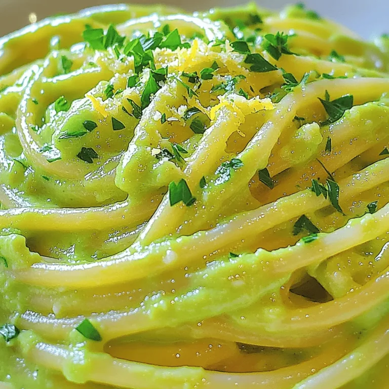 To make a rich and creamy carbonara, you will need: - 12 oz spaghetti - 1 ripe avocado - 1/2 cup grated Parmesan cheese - 2 large eggs - 2 tablespoons olive oil - 3 cloves garlic, minced - Salt and pepper to taste - Fresh parsley, chopped for garnish - Zest of 1 lemon Using fresh ingredients makes a huge difference in taste. Fresh pasta, ripe avocados, and high-quality cheese bring out the best flavors. They add texture and richness to the dish. When you use fresh items, your carbonara will taste bright and lively. If you have dietary needs, you can swap some ingredients. Here are some ideas: - For gluten-free pasta, choose rice or quinoa noodles. - Replace eggs with a plant-based alternative like silken tofu for a vegan option. - Use nutritional yeast instead of Parmesan for a cheesy flavor without dairy. - If you want a lower-fat option, use Greek yogurt as a creamy base. These changes keep the spirit of carbonara while making it fit for everyone. Enjoy experimenting with flavors! Cooking spaghetti carbonara is simple and fun. Start by boiling water in a large pot. Add salt to the water. This step adds flavor to the pasta. Once the water boils, add 12 oz of spaghetti. Cook it until it's al dente, about 8 to 10 minutes. Remember, you want it firm but not hard. While the pasta cooks, prepare the avocado sauce. In a blender, add 1 ripe avocado, 1/2 cup of grated Parmesan cheese, and 2 large eggs. Next, pour in 2 tablespoons of olive oil and add 3 minced garlic cloves. Don't forget salt and pepper to taste. For a bright touch, add the zest of 1 lemon. Blend everything until it's smooth and creamy. When the spaghetti is ready, reserve 1 cup of the pasta water before draining it. This water helps make the sauce creamier. In a large skillet over medium heat, add the drained spaghetti. Pour the avocado mixture over the hot pasta. Toss everything well to combine. Use the reserved pasta water a little at a time. This helps you get the creaminess just right. Cook for one more minute. Stir it often so it heats through. Taste your dish and adjust the salt and pepper if needed. Serve the pasta right away. Garnish with chopped fresh parsley and extra Parmesan if you like. Enjoy your rich and creamy pasta delight! To make the best spaghetti carbonara, use these techniques: - Water Salting: Salt the boiling water well. It should taste like the sea. This step improves the flavor of the pasta. - Timing: Cook the pasta just right. Al dente is key. It holds up better with the sauce. - Mixing: When adding the avocado sauce, mix quickly. This keeps the pasta hot and creamy. - Pasta Water: Use the reserved pasta water wisely. It helps blend the sauce smoothly. Here are some tips to help you avoid mistakes when making spaghetti carbonara: - Don't Overcook the Pasta: Check the pasta often to avoid mushiness. - Blend Smoothly: Make sure the avocado sauce is creamy. Lumps can ruin the dish. - Heat Control: Avoid cooking on high heat when mixing the sauce. It can scramble the eggs. - Taste Before Serving: Always taste and adjust seasoning before serving. It makes a big difference. This guidance ensures your spaghetti carbonara is a hit every time. For the full recipe, check the details above. To make a rich and creamy sauce, use fresh ingredients. Always blend the avocado until smooth. This step helps create a velvety texture. When mixing, add reserved pasta water slowly. This way, you can control the creaminess. Taste as you go. Adjust salt and pepper for the best flavor. Use spaghetti for classic carbonara. Its long shape holds sauce well. Look for high-quality pasta made from durum wheat. This type cooks evenly and has a nice bite. If you want a twist, try whole grain or gluten-free options. Just make sure to follow the cooking time on the package. Timing is key when making carbonara. Start cooking the pasta first. It should finish just as you prepare the sauce. Use medium heat for the skillet. Too high heat can cook the eggs too fast, making them scramble. Mix everything quickly once the pasta is done. Serve right away for warm, creamy goodness. For more tips, check the Full Recipe. {{image_2}} Traditional spaghetti carbonara uses simple ingredients: pasta, eggs, cheese, and guanciale. This classic dish shines with its creamy texture, yet it is not made with cream. Instead, it relies on the eggs and cheese to create that rich sauce. Modern chefs love to play with this recipe. Some use pancetta or bacon instead of guanciale for a different taste. Others add cream for extra richness, despite it straying from tradition. You can also try different cheeses like Pecorino Romano or even a mix of cheeses for a unique flavor. If you want a meat-free version, you can easily adapt carbonara. For a vegetarian spin, replace guanciale with sautéed mushrooms or smoked tofu. This adds a savory note that mimics the richness of meat. For a vegan option, use a ripe avocado to create that creamy texture. Blend it with nutritional yeast, garlic, and spices for flavor. This gives you a delicious sauce without eggs or cheese. You can boost the nutrition of your carbonara by adding protein or veggies. Grilled chicken or shrimp works well for added protein. Just cook them separately and mix them in at the end. Vegetables like peas, spinach, or broccoli can add color and nutrients. Sauté them briefly and toss them with the pasta. This not only enhances the dish but also makes it more satisfying. For a full recipe that combines these ideas, check out the creamy avocado carbonara. It showcases how you can reinvent this classic dish while keeping it delicious! After enjoying your delicious spaghetti carbonara, you might have some left. To keep it fresh, place the pasta in an airtight container. This helps keep out air and moisture. Store it in the fridge for up to three days. Make sure it’s cool before you seal the container. If you leave it out too long, it may spoil quickly. When you are ready to eat your leftovers, reheat them gently. You can use the microwave or the stove. If using a microwave, cover it to keep moisture in. Heat it in short bursts, stirring in between. If using the stove, add a splash of water or broth. This helps bring back the creaminess. Stir until it's warm, but do not overcook it. This keeps the flavor nice and fresh. If you want to save spaghetti carbonara for later, freezing works well. First, let it cool completely. Then, place it in a freezer-safe container. You can also use freezer bags, making sure to remove extra air. It can stay in the freezer for about one month. To eat, just thaw it in the fridge overnight before reheating. Enjoy your rich and creamy pasta delight anytime! For the full recipe, check out the details above. Spaghetti Carbonara comes from Italy, specifically Rome. It has roots in the Roman countryside. The dish combines pasta, eggs, cheese, and pork. Some say it was made by coal miners, or "carbonari." The name reflects this connection. Today, it remains a favorite in Italian kitchens and around the world. You can prepare some parts of Spaghetti Carbonara in advance. Cook the pasta and cool it. Store it in the fridge for a day. Mix the egg and cheese sauce just before serving. This keeps the sauce creamy and fresh. If you combine everything too early, it can become dry. Spaghetti Carbonara pairs well with simple sides. A fresh salad adds crunch and color. Garlic bread complements the creamy pasta nicely. You can also serve steamed vegetables for balance. For drinks, a light white wine works great. Enjoy a meal that feels both cozy and elegant. In this guide, we explored how to make perfect Spaghetti Carbonara. We discussed fresh ingredients, easy cooking steps, and tips to avoid mistakes. I shared variations for different diets and how to store leftovers. Remember, great meals start with quality ingredients and proper techniques. With practice, you can master this classic dish. Enjoy experimenting and make it your own!