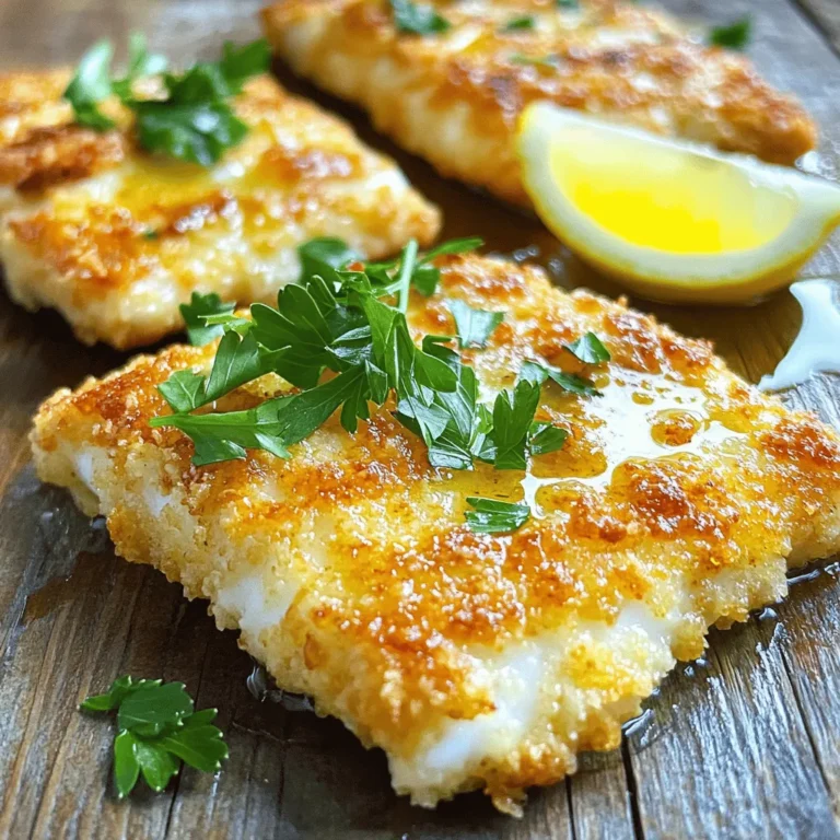 - 4 tilapia fillets - 1/2 cup grated Parmesan cheese - 1/2 cup breadcrumbs (preferably panko for extra crunch) - 1 teaspoon garlic powder - 1 teaspoon dried oregano - 1/2 teaspoon paprika - Salt and pepper to taste - 2 tablespoons olive oil - 1 lemon, zested and juiced - Fresh parsley, chopped (for garnish) Each serving has about 250 calories. You get 30 grams of protein and 10 grams of fat. The carbs are around 15 grams. Parmesan cheese offers calcium and protein. Tilapia is low in fat and high in protein. Garlic and lemon add vitamins and flavor. - Baking sheet - Mixing bowl - Cooking utensils Using these simple ingredients and tools, you can make a dish that looks fancy but is easy to prepare. Just follow the [Full Recipe] for step-by-step guidance. First, preheat your oven to 400°F (200°C). This step is key for a crispy crust. Next, gather your ingredients for easy access. In a mixing bowl, combine: - 4 tilapia fillets - 1/2 cup grated Parmesan cheese - 1/2 cup breadcrumbs (preferably panko for extra crunch) - 1 teaspoon garlic powder - 1 teaspoon dried oregano - 1/2 teaspoon paprika - Salt and pepper to taste Mix these dry ingredients well. This blend will give your crust a great taste. Now, pat the tilapia fillets dry with paper towels. This helps the crust stick better. Place the fillets on a baking sheet lined with parchment paper. Drizzle 2 tablespoons of olive oil over each fillet. Then, sprinkle lemon zest and juice from 1 lemon on top. Next, press the Parmesan and breadcrumb mixture firmly onto each fillet. Make sure they are covered well. Bake your tilapia in the preheated oven for 12-15 minutes. Check if the fish flakes easily with a fork. The crust should be golden brown. For easy side dishes, try steamed broccoli or a fresh salad. These pair well with the tilapia. Before serving, garnish with fresh chopped parsley. A slice of lemon on the side adds a nice touch. For the full recipe, check out the previous section. To create a perfect crust, start by drying the fish. Wet fish won’t hold the crust well. Use paper towels to pat the tilapia fillets dry. This simple step ensures a better texture. For a golden brown crust, use panko breadcrumbs. They add extra crunch and color. Make sure to press the mixture firmly onto the fish. This helps it stick during baking. Bake at 400°F for 12-15 minutes. Check for doneness when the fish flakes easily. You can switch out tilapia for other fish. Cod, haddock, or even salmon work great. Just adjust the baking time if the fillets are thicker or thinner. Spices can also change the flavor. Add cayenne for heat or lemon pepper for zest. Mix in fresh herbs like thyme or basil for a twist. These small changes create new taste experiences. You can prepare the tilapia in advance. Coat the fish and store it in the fridge for a few hours. This makes dinner easy on busy nights. Just remember to bake it fresh when ready. For reheating, place leftovers in the oven. Set it to a low temperature. This keeps the crust crispy. You can also use an air fryer for quick reheating. Enjoy your meal without losing that tasty crunch! {{image_2}} You can enhance Parmesan crusted tilapia with herbs and spices. Adding fresh basil or thyme brings a fragrant touch. For a zesty kick, try crushed red pepper flakes or lemon pepper. These spices can elevate the dish and make it more exciting. If you have dietary needs, consider cheese alternatives. Nutritional yeast offers a cheesy flavor without dairy. You can also use vegan cheese for a plant-based option. These choices keep the dish flavorful while catering to your needs. For gluten-free options, substitute regular breadcrumbs with gluten-free ones. You can find many brands that work well in this recipe. Almond flour is another great option, adding a nice crunch. If you prefer a low-carb version, skip the breadcrumbs altogether. You can use crushed pork rinds or finely chopped nuts for a crunchy topping. Both options provide texture without the carbs. When serving, consider pairing the tilapia with sauces. A light lemon butter sauce adds richness. A fresh tomato salsa can bring a bright flavor to the plate. Both sauces complement the crispy crust nicely. For creative plating, try stacking the tilapia on a bed of sautéed spinach or zucchini noodles. This adds color and texture. Garnish with lemon wedges and a sprinkle of parsley for a beautiful presentation. To store leftovers, place them in an airtight container. Make sure the container is sealed well. You can keep the tilapia in the fridge for up to three days. This way, it stays fresh and tasty for your next meal. If you want to keep the tilapia longer, freezing is a great option. Wrap each fillet tightly in plastic wrap. Then, place them in a freezer bag to prevent freezer burn. You can freeze the tilapia for up to three months. When you are ready to eat, defrost it in the fridge overnight. For reheating, bake it at 350°F (175°C) until warmed through. This keeps the crust crunchy. Always wash your hands before and after handling food. Use separate cutting boards for meat and fish to avoid cross-contamination. Cook the tilapia to an internal temperature of 145°F (63°C) for safety. Enjoy your meals without worry by following these simple tips! You can enjoy Parmesan crusted tilapia with many tasty sides. Here are some great options: - Steamed broccoli - Rice pilaf - Garlic mashed potatoes - Roasted vegetables - Mixed green salad These sides balance the dish's flavors and add color to your plate. You can also pair it with a light sauce, like lemon butter, for extra zest. Yes, you can use different fish types for this recipe. Here are some good substitutes: - Cod - Haddock - Sole - Catfish Adjust cooking times based on the thickness of the fillets. Each fish has a unique taste, but they all work well with the Parmesan crust. Check the fish for these signs of doneness: - It should flake easily with a fork. - The flesh turns from translucent to opaque. - The internal temperature should reach 145°F (63°C). Using a food thermometer helps ensure perfect cooking. This way, you can enjoy a safe and tasty meal. In this blog post, we explored a tasty Parmesan Crusted Tilapia recipe. We covered key ingredients, cooking instructions, and helpful tips. We also discussed variations and storage options. By following this guide, you can create a wonderful meal. Enjoy experimenting with flavors or making it ahead. This dish is sure to please everyone at your table. Happy cooking!