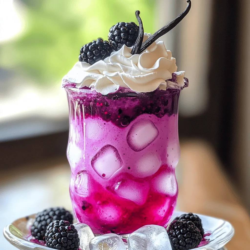 - Fresh blackberries - Sugar - Lemon juice - Vanilla extract - Sparkling water - Ice cubes - Whipped cream - Additional blackberries for garnish - Vanilla bean for garnish - Calories and serving size: Each serving has about 150 calories. - Sugar content and adjustments: You can adjust the sugar to your taste. Use less or none for a lower sugar drink. Blackberry Vanilla Cream Soda is a delight for summer. The fresh blackberries bring a burst of flavor, while the vanilla adds a smooth touch. You can customize it with more blackberries or even a vanilla bean for a fancy look. To start, take a medium bowl and add your fresh blackberries. Add two tablespoons of sugar and one tablespoon of lemon juice. Use a fork or a masher to mash the blackberries. Keep mashing until you see a chunky puree form. If you want a smoother drink, you can blend the mixture in a blender until it is velvety. Now it’s time to build your drink! Grab a glass and fill it with a few ice cubes. Spoon 2-3 tablespoons of your blackberry puree over the ice. Next, add one teaspoon of vanilla extract to the glass. Gently stir to mix everything together. Slowly pour in one cup of sparkling water, filling the glass. Be careful to maintain the fizz while stirring gently. Top your drink with a generous dollop of whipped cream. For a special touch, you can add a few whole blackberries and a slice of vanilla bean. This will not only look great but will also boost the flavor. Serve your drink right away to enjoy the refreshing fizz! - Adjusting sweetness to taste: Start with the basic recipe. Use 2 tablespoons of sugar. If you like it sweeter, add more sugar. Taste as you go. You want it just right for you. - Maintaining carbonation: Pour the sparkling water slowly. This keeps the fizz. Stir gently after pouring. Avoid too much mixing. - Best glassware for presentation: Use tall glasses to show off the layers. Clear glassworks best to see the colors. A fun straw adds a nice touch, too. - Pairing with snacks or appetizers: Serve with light snacks. Cheese and crackers work well. Fresh fruit or light dips complement the drink nicely. - Variations in flavor profiles: Try different berries. Raspberries or strawberries can add a new twist. Don’t hesitate to mix flavors. You can even use herbal extracts for fun. - Using other berries or extracts: Experiment with blueberries or cherries. Each berry will change the flavor. Vanilla can also be swapped for almond or coconut for a unique taste. You can check the Full Recipe for more details on making this refreshing drink! {{image_2}} You can make your blackberry vanilla cream soda even better by adding other flavors. Citrus fruits like lime or orange give a bright zing. Just squeeze some juice into your mix. It adds a refreshing twist that pairs well with blackberries. You can also try herbs like mint or basil. These herbs add a unique taste and aroma. Muddle a few leaves into your blackberry puree. This will create a fun, herbal note in your drink. Each sip will surprise your taste buds! Want to turn your drink into a cocktail? It's easy! Add a splash of your favorite spirit. Vodka or rum works well with the fruity flavors. Just pour in one ounce and stir gently. You’ll have a delightful summer cocktail ready to sip. If you want a stronger drink, try gin. Its herbal notes mix nicely with the blackberries and vanilla. You can also use bourbon for a richer flavor. Each spirit brings its own charm to the drink. In winter, fresh blackberries can be hard to find. Use frozen blackberries instead. They still taste great and keep the same fun color. Just blend them into your puree as you would with fresh ones. You can also infuse your soda with seasonal fruits. In the fall, try adding sliced apples or pears. In summer, peaches or strawberries are perfect. Each season brings new flavors to explore. You can find endless ways to enjoy your blackberry vanilla cream soda! For the full recipe, check out the steps to create this delightful drink at home. To keep your blackberry puree fresh, place it in an airtight container. Store it in the fridge. It will stay good for about three days. If you have extra sugar mix, store it in a dry place in a sealed jar. For carbonated drinks, it's best to drink them right away. Once opened, the fizz will fade quickly. If you must save some, keep it in the fridge. Use a bottle with a tight cap to help keep some bubbles. After you mix your blackberry vanilla cream soda, it starts to lose fizz. Typically, the drink stays fizzy for about 30 minutes. Serve it right after making it for the best experience. To keep it fresh, use chilled glasses and sparkling water. This helps maintain the drink's coolness and enhances the fizz. You can prepare the blackberry puree ahead of time. Just mash the blackberries and mix with sugar and lemon juice. Store it in the fridge for later use. Do not pre-mix the soda and puree. Once mixed, the fizz goes away quickly. For a party, make the puree and prepare the drinks when guests arrive. This way, everyone enjoys the fresh taste. You can find the full recipe above. Blackberry Vanilla Cream Soda has a rich and fruity flavor. The blackberries give it a sweet and tangy taste. You can feel the smoothness from the vanilla. The sparkling water adds a refreshing fizz. This drink is both sweet and bubbly, perfect for hot days. You can find Blackberry Vanilla Cream Soda at many local stores. Check the soda or beverage aisle. Some specialty shops may offer it too. If you prefer online shopping, look on websites that sell gourmet drinks. You can also make it at home using the Full Recipe. Yes, you can use other fruits! Strawberries, raspberries, or blueberries work well. You can mix different fruits for a fun twist. Just remember to adjust the sugar based on the fruit's sweetness. This way, you can create your own unique flavor. This recipe is quick and easy. It takes just about 10 minutes to prepare. You mash the blackberries and mix everything together. In no time, you can enjoy this tasty drink! Absolutely! Blackberry Vanilla Cream Soda is great for kids. It has no alcohol and is full of flavor. Just be sure to supervise when using carbonated water. They will love the fruity taste and the whipped cream on top. This blog post covers how to make a delicious Blackberry Vanilla Cream Soda. You learned about key ingredients, preparation steps, and helpful tips. I shared ways to adjust flavors and suggested fun variations. You can even store your creations or make them in advance. Remember, this drink is versatile and simple to make. So grab those blackberries and get creative in your kitchen! Enjoy refreshing flavors all year round with this easy recipe.