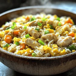 - 2 cups cooked jasmine rice (preferably day-old) - 1 cup diced chicken breast - 1 cup mixed frozen vegetables (carrots, peas, corn) - 2 tablespoons sesame oil - 1 tablespoon vegetable oil - 2 eggs, beaten - 2 green onions, finely sliced - 3 tablespoons soy sauce - 2 cloves garlic, minced - Salt and pepper to taste Using the right ingredients makes your chicken fried rice shine. Day-old jasmine rice gives the best texture. Freshly cooked rice can be too sticky. Diced chicken breast adds protein and keeps the meal light. Mixed frozen vegetables are quick and colorful. They bring nutrients and crunch. You can add sesame oil for a nutty flavor. Vegetable oil helps fry ingredients without burning. Beaten eggs give creaminess and richness. Green onions add a fresh bite and color. For flavor, soy sauce is key. It gives that savory umami taste. Minced garlic adds a lovely aroma. Finally, season with salt and pepper. This perfect blend makes a tasty chicken fried rice. For the full recipe, check out the cooking instructions. To start, use cooked jasmine rice. I recommend day-old rice. It dries out a bit, which helps the fried rice stay fluffy. If you don’t have day-old rice, cook the jasmine rice and let it cool completely. Next, take your chicken breast and dice it into small pieces. Aim for uniform sizes. This helps the chicken cook evenly. Now, heat a large skillet or wok over medium-high heat. Add vegetable oil and let it warm. This step is crucial for a nice sear on your chicken. Once the oil is hot, add the diced chicken to the skillet. Cook it for about 5 to 7 minutes. You want it browned and fully cooked. When done, remove the chicken and set it aside. In the same skillet, add minced garlic. Sauté it for about 30 seconds. You want it fragrant but not burnt. Next, push the garlic to one side. Add beaten eggs to the other side of the skillet. Scramble them until cooked, then mix them with the garlic. Now, add your mixed frozen vegetables. Stir-fry them for 2 to 3 minutes. You want them heated through but still crisp. Return the cooked chicken to the skillet. Add the cooked jasmine rice, soy sauce, and sesame oil. Stir everything together. Make sure the rice gets well-coated with the sauces. Finally, add sliced green onions. Season with salt and pepper to taste. Mix well for another minute. Your easy chicken fried rice is now ready! Check out the Full Recipe for more details. Using day-old rice is key. Freshly cooked rice can be too wet. It clumps together when you fry it. Day-old rice dries out a bit, making it perfect for stir-frying. This keeps each grain separate and fluffy. When cooking chicken, ensure it cooks evenly. Cut the chicken into small, even pieces. This helps it cook faster and more evenly. Brown the chicken for flavor. It adds depth to the dish. Soy sauce is a main ingredient. Adjust its amount to match your taste. If you like it salty, add more. For a lighter flavor, use less. Experiment with spices for extra zing. Ginger or chili flakes work well. They can change the whole dish. A little can make your fried rice exciting. High heat is essential for stir-frying. It cooks food quickly and gives a nice char. Make sure your skillet or wok is hot. This helps seal in flavors and keeps ingredients crisp. Timing is crucial when cooking each item. Cook chicken first, then add garlic and eggs. This ensures everything is cooked perfectly. Add vegetables next and stir-fry quickly. Lastly, mix in the rice and sauces. This order keeps each part tasty and fresh. {{image_2}} You can mix up the protein in your chicken fried rice. Shrimp is a great choice. It cooks quickly and adds a nice flavor. Just toss it in at the same time as you would the chicken. Tofu is another option. It’s perfect for a vegetarian meal. Use firm tofu and cube it. Sauté it until golden for the best taste. If you want something heartier, try pork or beef. Diced pork works well and has great flavor. Beef adds a rich taste, too. Just cook it until brown before adding the rice. Fresh veggies can change the flavor of your fried rice. You can add bell peppers, broccoli, or snap peas. Each veggie brings a new crunch and taste. Think about the season, too. In summer, fresh corn or zucchini is tasty. In winter, use carrots and green beans for a warm touch. Customizing your veggies keeps the dish exciting. Sauce can really boost the taste of your fried rice. You might like teriyaki sauce for a sweet twist. Just add a bit when mixing in the rice. Try new herbs and spices to create depth. Ginger adds warmth, while chili flakes give some heat. Experiment to find your perfect blend! For the full recipe, check out the [Full Recipe]. After you finish your meal, let the chicken fried rice cool. This step helps keep it fresh. Place the cooled rice in airtight containers. This way, it stays tasty for a few days. You can store it in the fridge for up to four days. If you need to keep it longer, freezing is a good option. When you want to enjoy your leftovers, there are great ways to reheat fried rice. The best method is to use a skillet. Heat it on medium heat and add a splash of water. This helps steam the rice and keep it moist. Stir it often to avoid burning. Another option is the microwave. Use a microwave-safe bowl, cover it, and heat in short bursts. To prevent sogginess, never add too much water. If you do, the rice will turn mushy. A little goes a long way! If you want to freeze chicken fried rice, start by packing it in freezer-safe bags. Make sure to remove as much air as possible. This keeps the rice from getting freezer burn. You can freeze it for up to three months. When you’re ready to eat it, take it out of the freezer. Leave it in the fridge overnight to thaw. After it’s thawed, use the skillet method to reheat. This keeps the rice fluffy and delicious. Enjoy your meal again with ease! For the full recipe, check out the details above. No, you should not use uncooked rice for fried rice. Fried rice needs pre-cooked rice. Using day-old cooked rice gives you the best texture. Fresh rice can be too sticky. It clumps together and does not fry well. When you use cold, cooked rice, it separates nicely in the pan. This makes the dish light and fluffy. You can easily add some heat to your chicken fried rice. Here are a few ways to spice it up: - Add chopped fresh chili peppers or jalapeños while cooking. - Mix in some red pepper flakes with the soy sauce. - Use spicy soy sauce or sriracha for a kick. - Stir in some chili paste to the oil before cooking. Experiment with these options to find your favorite heat level. Fried rice pairs well with many dishes. Here are some delicious options: - Serve with sweet and sour chicken for a tasty combo. - Pair it with spring rolls for a crunchy side. - Enjoy it with a bowl of hot soup. - Try it alongside grilled veggies for extra color. These sides will enhance your meal and make it even better. In this guide, we explored how to make delicious chicken fried rice. We covered essential ingredients like jasmine rice and chicken, plus tasty options like eggs and green onions. The steps included prepping and cooking, along with tips for perfecting flavors. You can also customize with different proteins and veggies. For storage, remember to cool and use airtight containers. Now, with these skills, you can create your own tasty fried rice at home! Enjoy experimenting and make it your own!
