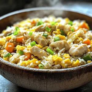 - 2 cups cooked jasmine rice (preferably day-old) - 1 cup diced chicken breast - 1 cup mixed frozen vegetables (carrots, peas, corn) - 2 tablespoons sesame oil - 1 tablespoon vegetable oil - 2 eggs, beaten - 2 green onions, finely sliced - 3 tablespoons soy sauce - 2 cloves garlic, minced - Salt and pepper to taste Using the right ingredients makes your chicken fried rice shine. Day-old jasmine rice gives the best texture. Freshly cooked rice can be too sticky. Diced chicken breast adds protein and keeps the meal light. Mixed frozen vegetables are quick and colorful. They bring nutrients and crunch. You can add sesame oil for a nutty flavor. Vegetable oil helps fry ingredients without burning. Beaten eggs give creaminess and richness. Green onions add a fresh bite and color. For flavor, soy sauce is key. It gives that savory umami taste. Minced garlic adds a lovely aroma. Finally, season with salt and pepper. This perfect blend makes a tasty chicken fried rice. For the full recipe, check out the cooking instructions. To start, use cooked jasmine rice. I recommend day-old rice. It dries out a bit, which helps the fried rice stay fluffy. If you don’t have day-old rice, cook the jasmine rice and let it cool completely. Next, take your chicken breast and dice it into small pieces. Aim for uniform sizes. This helps the chicken cook evenly. Now, heat a large skillet or wok over medium-high heat. Add vegetable oil and let it warm. This step is crucial for a nice sear on your chicken. Once the oil is hot, add the diced chicken to the skillet. Cook it for about 5 to 7 minutes. You want it browned and fully cooked. When done, remove the chicken and set it aside. In the same skillet, add minced garlic. Sauté it for about 30 seconds. You want it fragrant but not burnt. Next, push the garlic to one side. Add beaten eggs to the other side of the skillet. Scramble them until cooked, then mix them with the garlic. Now, add your mixed frozen vegetables. Stir-fry them for 2 to 3 minutes. You want them heated through but still crisp. Return the cooked chicken to the skillet. Add the cooked jasmine rice, soy sauce, and sesame oil. Stir everything together. Make sure the rice gets well-coated with the sauces. Finally, add sliced green onions. Season with salt and pepper to taste. Mix well for another minute. Your easy chicken fried rice is now ready! Check out the Full Recipe for more details. Using day-old rice is key. Freshly cooked rice can be too wet. It clumps together when you fry it. Day-old rice dries out a bit, making it perfect for stir-frying. This keeps each grain separate and fluffy. When cooking chicken, ensure it cooks evenly. Cut the chicken into small, even pieces. This helps it cook faster and more evenly. Brown the chicken for flavor. It adds depth to the dish. Soy sauce is a main ingredient. Adjust its amount to match your taste. If you like it salty, add more. For a lighter flavor, use less. Experiment with spices for extra zing. Ginger or chili flakes work well. They can change the whole dish. A little can make your fried rice exciting. High heat is essential for stir-frying. It cooks food quickly and gives a nice char. Make sure your skillet or wok is hot. This helps seal in flavors and keeps ingredients crisp. Timing is crucial when cooking each item. Cook chicken first, then add garlic and eggs. This ensures everything is cooked perfectly. Add vegetables next and stir-fry quickly. Lastly, mix in the rice and sauces. This order keeps each part tasty and fresh. {{image_2}} You can mix up the protein in your chicken fried rice. Shrimp is a great choice. It cooks quickly and adds a nice flavor. Just toss it in at the same time as you would the chicken. Tofu is another option. It’s perfect for a vegetarian meal. Use firm tofu and cube it. Sauté it until golden for the best taste. If you want something heartier, try pork or beef. Diced pork works well and has great flavor. Beef adds a rich taste, too. Just cook it until brown before adding the rice. Fresh veggies can change the flavor of your fried rice. You can add bell peppers, broccoli, or snap peas. Each veggie brings a new crunch and taste. Think about the season, too. In summer, fresh corn or zucchini is tasty. In winter, use carrots and green beans for a warm touch. Customizing your veggies keeps the dish exciting. Sauce can really boost the taste of your fried rice. You might like teriyaki sauce for a sweet twist. Just add a bit when mixing in the rice. Try new herbs and spices to create depth. Ginger adds warmth, while chili flakes give some heat. Experiment to find your perfect blend! For the full recipe, check out the [Full Recipe]. After you finish your meal, let the chicken fried rice cool. This step helps keep it fresh. Place the cooled rice in airtight containers. This way, it stays tasty for a few days. You can store it in the fridge for up to four days. If you need to keep it longer, freezing is a good option. When you want to enjoy your leftovers, there are great ways to reheat fried rice. The best method is to use a skillet. Heat it on medium heat and add a splash of water. This helps steam the rice and keep it moist. Stir it often to avoid burning. Another option is the microwave. Use a microwave-safe bowl, cover it, and heat in short bursts. To prevent sogginess, never add too much water. If you do, the rice will turn mushy. A little goes a long way! If you want to freeze chicken fried rice, start by packing it in freezer-safe bags. Make sure to remove as much air as possible. This keeps the rice from getting freezer burn. You can freeze it for up to three months. When you’re ready to eat it, take it out of the freezer. Leave it in the fridge overnight to thaw. After it’s thawed, use the skillet method to reheat. This keeps the rice fluffy and delicious. Enjoy your meal again with ease! For the full recipe, check out the details above. No, you should not use uncooked rice for fried rice. Fried rice needs pre-cooked rice. Using day-old cooked rice gives you the best texture. Fresh rice can be too sticky. It clumps together and does not fry well. When you use cold, cooked rice, it separates nicely in the pan. This makes the dish light and fluffy. You can easily add some heat to your chicken fried rice. Here are a few ways to spice it up: - Add chopped fresh chili peppers or jalapeños while cooking. - Mix in some red pepper flakes with the soy sauce. - Use spicy soy sauce or sriracha for a kick. - Stir in some chili paste to the oil before cooking. Experiment with these options to find your favorite heat level. Fried rice pairs well with many dishes. Here are some delicious options: - Serve with sweet and sour chicken for a tasty combo. - Pair it with spring rolls for a crunchy side. - Enjoy it with a bowl of hot soup. - Try it alongside grilled veggies for extra color. These sides will enhance your meal and make it even better. In this guide, we explored how to make delicious chicken fried rice. We covered essential ingredients like jasmine rice and chicken, plus tasty options like eggs and green onions. The steps included prepping and cooking, along with tips for perfecting flavors. You can also customize with different proteins and veggies. For storage, remember to cool and use airtight containers. Now, with these skills, you can create your own tasty fried rice at home! Enjoy experimenting and make it your own!