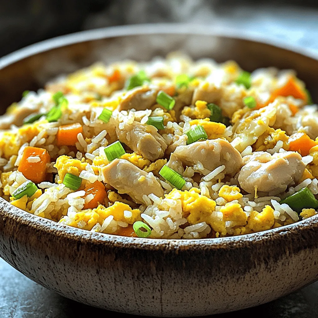 - 2 cups cooked jasmine rice (preferably day-old) - 1 cup diced chicken breast - 1 cup mixed frozen vegetables (carrots, peas, corn) - 2 tablespoons sesame oil - 1 tablespoon vegetable oil - 2 eggs, beaten - 2 green onions, finely sliced - 3 tablespoons soy sauce - 2 cloves garlic, minced - Salt and pepper to taste Using the right ingredients makes your chicken fried rice shine. Day-old jasmine rice gives the best texture. Freshly cooked rice can be too sticky. Diced chicken breast adds protein and keeps the meal light. Mixed frozen vegetables are quick and colorful. They bring nutrients and crunch. You can add sesame oil for a nutty flavor. Vegetable oil helps fry ingredients without burning. Beaten eggs give creaminess and richness. Green onions add a fresh bite and color. For flavor, soy sauce is key. It gives that savory umami taste. Minced garlic adds a lovely aroma. Finally, season with salt and pepper. This perfect blend makes a tasty chicken fried rice. For the full recipe, check out the cooking instructions. To start, use cooked jasmine rice. I recommend day-old rice. It dries out a bit, which helps the fried rice stay fluffy. If you don’t have day-old rice, cook the jasmine rice and let it cool completely. Next, take your chicken breast and dice it into small pieces. Aim for uniform sizes. This helps the chicken cook evenly. Now, heat a large skillet or wok over medium-high heat. Add vegetable oil and let it warm. This step is crucial for a nice sear on your chicken. Once the oil is hot, add the diced chicken to the skillet. Cook it for about 5 to 7 minutes. You want it browned and fully cooked. When done, remove the chicken and set it aside. In the same skillet, add minced garlic. Sauté it for about 30 seconds. You want it fragrant but not burnt. Next, push the garlic to one side. Add beaten eggs to the other side of the skillet. Scramble them until cooked, then mix them with the garlic. Now, add your mixed frozen vegetables. Stir-fry them for 2 to 3 minutes. You want them heated through but still crisp. Return the cooked chicken to the skillet. Add the cooked jasmine rice, soy sauce, and sesame oil. Stir everything together. Make sure the rice gets well-coated with the sauces. Finally, add sliced green onions. Season with salt and pepper to taste. Mix well for another minute. Your easy chicken fried rice is now ready! Check out the Full Recipe for more details. Using day-old rice is key. Freshly cooked rice can be too wet. It clumps together when you fry it. Day-old rice dries out a bit, making it perfect for stir-frying. This keeps each grain separate and fluffy. When cooking chicken, ensure it cooks evenly. Cut the chicken into small, even pieces. This helps it cook faster and more evenly. Brown the chicken for flavor. It adds depth to the dish. Soy sauce is a main ingredient. Adjust its amount to match your taste. If you like it salty, add more. For a lighter flavor, use less. Experiment with spices for extra zing. Ginger or chili flakes work well. They can change the whole dish. A little can make your fried rice exciting. High heat is essential for stir-frying. It cooks food quickly and gives a nice char. Make sure your skillet or wok is hot. This helps seal in flavors and keeps ingredients crisp. Timing is crucial when cooking each item. Cook chicken first, then add garlic and eggs. This ensures everything is cooked perfectly. Add vegetables next and stir-fry quickly. Lastly, mix in the rice and sauces. This order keeps each part tasty and fresh. {{image_2}} You can mix up the protein in your chicken fried rice. Shrimp is a great choice. It cooks quickly and adds a nice flavor. Just toss it in at the same time as you would the chicken. Tofu is another option. It’s perfect for a vegetarian meal. Use firm tofu and cube it. Sauté it until golden for the best taste. If you want something heartier, try pork or beef. Diced pork works well and has great flavor. Beef adds a rich taste, too. Just cook it until brown before adding the rice. Fresh veggies can change the flavor of your fried rice. You can add bell peppers, broccoli, or snap peas. Each veggie brings a new crunch and taste. Think about the season, too. In summer, fresh corn or zucchini is tasty. In winter, use carrots and green beans for a warm touch. Customizing your veggies keeps the dish exciting. Sauce can really boost the taste of your fried rice. You might like teriyaki sauce for a sweet twist. Just add a bit when mixing in the rice. Try new herbs and spices to create depth. Ginger adds warmth, while chili flakes give some heat. Experiment to find your perfect blend! For the full recipe, check out the [Full Recipe]. After you finish your meal, let the chicken fried rice cool. This step helps keep it fresh. Place the cooled rice in airtight containers. This way, it stays tasty for a few days. You can store it in the fridge for up to four days. If you need to keep it longer, freezing is a good option. When you want to enjoy your leftovers, there are great ways to reheat fried rice. The best method is to use a skillet. Heat it on medium heat and add a splash of water. This helps steam the rice and keep it moist. Stir it often to avoid burning. Another option is the microwave. Use a microwave-safe bowl, cover it, and heat in short bursts. To prevent sogginess, never add too much water. If you do, the rice will turn mushy. A little goes a long way! If you want to freeze chicken fried rice, start by packing it in freezer-safe bags. Make sure to remove as much air as possible. This keeps the rice from getting freezer burn. You can freeze it for up to three months. When you’re ready to eat it, take it out of the freezer. Leave it in the fridge overnight to thaw. After it’s thawed, use the skillet method to reheat. This keeps the rice fluffy and delicious. Enjoy your meal again with ease! For the full recipe, check out the details above. No, you should not use uncooked rice for fried rice. Fried rice needs pre-cooked rice. Using day-old cooked rice gives you the best texture. Fresh rice can be too sticky. It clumps together and does not fry well. When you use cold, cooked rice, it separates nicely in the pan. This makes the dish light and fluffy. You can easily add some heat to your chicken fried rice. Here are a few ways to spice it up: - Add chopped fresh chili peppers or jalapeños while cooking. - Mix in some red pepper flakes with the soy sauce. - Use spicy soy sauce or sriracha for a kick. - Stir in some chili paste to the oil before cooking. Experiment with these options to find your favorite heat level. Fried rice pairs well with many dishes. Here are some delicious options: - Serve with sweet and sour chicken for a tasty combo. - Pair it with spring rolls for a crunchy side. - Enjoy it with a bowl of hot soup. - Try it alongside grilled veggies for extra color. These sides will enhance your meal and make it even better. In this guide, we explored how to make delicious chicken fried rice. We covered essential ingredients like jasmine rice and chicken, plus tasty options like eggs and green onions. The steps included prepping and cooking, along with tips for perfecting flavors. You can also customize with different proteins and veggies. For storage, remember to cool and use airtight containers. Now, with these skills, you can create your own tasty fried rice at home! Enjoy experimenting and make it your own!