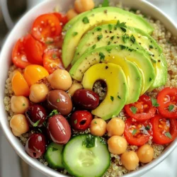 - 1 cup quinoa, rinsed - 2 cups vegetable broth - 1 cup cherry tomatoes, halved - 1 cucumber, diced - 1 bell pepper (red or yellow), diced - 1 cup chickpeas, canned and drained - 1/2 cup kalamata olives, pitted and halved - 1/2 red onion, finely chopped - 1 avocado, sliced - 1/4 cup fresh parsley, chopped - 2 tablespoons olive oil - 2 tablespoons lemon juice - 1 teaspoon dried oregano - Salt and pepper to taste This Mediterranean quinoa bowl bursts with color and flavor. I love how easy it is to make. You start with quinoa, which is a great source of protein. Rinse it well to remove any bitterness. Then, cook it in vegetable broth for added flavor. Next, chop up your veggies. Use fresh cherry tomatoes for sweetness. Dice a cucumber for crunch. A bell pepper adds a nice bite. Chickpeas give you protein and fiber. Don't forget the kalamata olives for a salty touch. The red onion adds a bit of sharpness, while the avocado gives creaminess. Finally, finish with fresh parsley. It brightens the dish and adds a pop of color. For the dressing, whisk together olive oil, lemon juice, oregano, salt, and pepper in a bowl. This simple dressing ties all the flavors together. You can find the full recipe in the previous sections. Enjoy crafting this vibrant bowl; it’s a meal you will love! Start by combining 1 cup of rinsed quinoa and 2 cups of vegetable broth in a medium saucepan. Heat it on high until it boils. Once it boils, reduce the heat to low. Cover the pan and let it simmer for about 15 minutes. The quinoa will absorb the broth and become fluffy. After 15 minutes, remove it from heat and let it sit for 5 minutes. Fluff the quinoa with a fork to separate the grains. While the quinoa cooks, grab a small bowl. Whisk together 2 tablespoons of olive oil, 2 tablespoons of lemon juice, 1 teaspoon of dried oregano, salt, and pepper. This dressing adds a burst of flavor to the bowl. Set it aside while you prepare the veggies. In a large mixing bowl, combine the fresh veggies. Add 1 cup of halved cherry tomatoes, 1 diced cucumber, 1 diced bell pepper, 1 cup of drained chickpeas, 1/2 cup of pitted and halved kalamata olives, 1/2 finely chopped red onion, and 1/4 cup of chopped fresh parsley. Once the quinoa is ready, add it to the large bowl. Pour in the prepared dressing and gently toss everything together. This will ensure that every bite is bursting with flavor. For the full recipe, check out the [Full Recipe]. To get the best texture, avoid overcooking the quinoa. When it cooks too long, it can turn mushy. Follow the cooking times closely for a fluffy result. After cooking, let it sit covered for five minutes. This helps it steam and fluff up nicely. You can make your dressing even better by trying different herbs. Fresh basil or mint can add a nice kick. If you want more tang, adjust the acidity with extra lemon juice. This enhances the bright flavors in your bowl. You can serve the Mediterranean quinoa bowl as a side dish or make it a main course. To make it more appealing, garnish with extra parsley or sliced avocado. This not only looks good but also adds flavor and texture. {{image_2}} You can boost the protein in your Mediterranean quinoa bowl by adding grilled chicken or shrimp. Both options add a nice flavor and make the dish more filling. If you prefer a vegetarian choice, try adding feta cheese for a creamy touch. For a vegan option, choose tofu or tempeh. They soak up flavors well and add a satisfying texture. Feel free to swap in different vegetables based on what's fresh and in season. Zucchini, asparagus, or spinach can work beautifully. You can even add fruits like pomegranate seeds or citrus slices for a sweet twist. These fruits add color and flavor, making your bowl even more appealing. To give your bowl some heat, try incorporating harissa. This spicy paste adds depth and warmth. You can also add nuts or seeds, like pine nuts or sunflower seeds, for extra crunch and nutrition. These little touches can elevate your dish, making it unique and exciting. For the full recipe, check the earlier section. To keep your Mediterranean quinoa bowl fresh, store leftovers in an airtight container. This helps prevent the bowl from absorbing other food odors. The ideal time to eat your leftovers is within 3-4 days. After that, the flavors may fade and the ingredients may lose their texture. If you want to save some for later, portion individual servings for freezing. This makes it easy to grab a healthy meal when you're short on time. To use frozen quinoa bowls, thaw them overnight in the refrigerator before reheating. This way, they stay tasty and retain their fresh feel. A Mediterranean Quinoa Bowl is a vibrant dish full of fresh flavors. It mixes cooked quinoa with vegetables and protein. You get tastes from tomatoes, cucumbers, olives, and chickpeas. This dish draws from the Mediterranean diet, known for its health benefits. Olive oil, lemon juice, and spices add depth to every bite. This bowl is colorful, healthy, and easy to make, perfect for any meal. Yes, you can use other grains for this bowl. Couscous is a great option for a softer texture. Farro gives a chewy bite and nutty flavor. Brown rice is also a good choice if you want something hearty. Just adjust the cooking time based on the grain you choose. Each grain will bring its unique taste to your Mediterranean bowl. Yes, this recipe is gluten-free because it uses quinoa. Quinoa is a seed, not a grain, and is safe for those with gluten issues. If you want to swap quinoa for another grain, make sure it is also gluten-free. Choices like rice or millet work well. Always check labels to ensure your ingredients are safe. This way, you can enjoy your bowl without worry. This blog post shared a simple recipe for a Mediterranean quinoa bowl. I covered the main ingredients, how to prepare the dressing, and step-by-step instructions. You learned tips for perfect quinoa and ways to mix it up with protein or seasonal veggies. Store your extras right for later enjoyment. Embrace this healthy meal in your kitchen. Experiment with new flavors and enjoy!