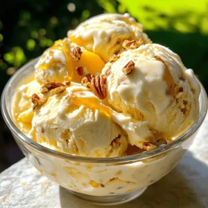 - 4 ripe peaches, pitted and diced - Optional: Chopped pecans or almonds for garnish - 1 cup heavy cream - 1 cup whole milk - ¾ cup granulated sugar - 1 teaspoon vanilla extract - ½ teaspoon salt - 1 tablespoon fresh lemon juice Using fresh, ripe peaches makes a big difference in this recipe. The peaches should be soft, juicy, and fragrant. This gives your ice cream a bright, sweet flavor. If you like a little crunch, add chopped pecans or almonds on top when serving. For the creamy base, I use heavy cream and whole milk. This mix gives the ice cream its rich texture. The heavy cream adds smoothness, while the milk keeps it light. Sweeteners and flavorings round out the taste. Granulated sugar enhances the natural sweetness of the peaches. Vanilla extract adds warmth, while salt brings out all the flavors. Finally, fresh lemon juice brightens the peach taste and stops it from being too sweet. You can find the full recipe [here](#). To start, grab your ripe peaches. You want them sweet and juicy. Cut the peaches and take out the pits. Place the diced peaches in a bowl. Now, sprinkle half of the sugar over them. Let the peaches sit for about 30 minutes. This process is called macerating. It draws out the juices and boosts their flavor. Next, it’s time to blend the peaches. Move the macerated peaches into a blender. Add a tablespoon of fresh lemon juice for a zesty kick. Blend until smooth, but leave some small chunks. This gives your ice cream a nice texture. Now, let’s whip up the cream base. In a large bowl, combine the heavy cream, whole milk, and the rest of the sugar. Whisk it all together until the sugar dissolves. This part is key for a smooth ice cream. Then, add the vanilla extract and salt. These flavors balance the sweetness and make your ice cream rich. Mix gently until everything is well combined. It’s time to churn! Pour your peach mixture into an ice cream maker. Follow the manufacturer’s instructions for churning. This usually takes about 20 to 25 minutes. You want it to reach a soft, creamy consistency. If you like your ice cream firmer, transfer it to an airtight container. Freeze it for an additional 2 to 4 hours. This helps it set up nicely. When you’re ready to dig in, scoop it into bowls. You can sprinkle some chopped pecans or almonds on top for a crunchy finish. For the full recipe, see the provided section. To get the best texture for your peach ice cream, pay close attention to the churning time. Churning the ice cream mixes air into the base and makes it fluffy. Typically, it takes about 20-25 minutes in your ice cream maker. If you want a firmer ice cream, freeze it for an extra 2-4 hours after churning. This step helps set the texture and makes it scoopable. Choosing the right peaches is key. Look for ripe, sweet peaches. They should smell fragrant and feel slightly soft. The flavor of your ice cream will depend on their quality. You can adjust the sweetness to your liking. If you prefer it sweeter, add more sugar to the cream mixture. Taste as you go for the best flavor. For making ice cream, I recommend a good-quality ice cream maker. It should have a sturdy bowl that freezes well. Some great options include compressor machines or traditional churners. You will also need a few helpful tools. A blender or food processor is great for mixing the peaches. Use a whisk for the cream mixture, and have ice cream scoops ready for serving. Enjoy your delicious homemade peach ice cream with these tips! For the full recipe, check out the detailed steps above. {{image_2}} You can make your peach ice cream even better by adding other fruits. Strawberries and raspberries pair well with peaches. Just mix them in with the peach blend. This adds layers of flavor and color. You can also try adding spices. A pinch of cinnamon or nutmeg can enhance the taste. These spices bring warmth and a hint of spice to the sweet peaches. If you want a dairy-free version, use coconut cream or almond milk. Both options make a creamy base. They add a unique flavor that works well with peaches. You can also choose non-dairy sweeteners. Maple syrup or agave nectar are great substitutes. These sweeteners blend beautifully into the ice cream without dairy. Serving peach ice cream can be fun and creative. Drizzle some vanilla or chocolate sauce on top. This adds a sweet touch and looks great on the dish. You can also pair the ice cream with cakes or pies. A slice of peach pie or pound cake makes a perfect match. It creates a lovely dessert experience. For extra crunch, sprinkle chopped pecans or almonds on top. This adds texture and makes each bite special. For the complete recipe, check out the *Full Recipe* section! To keep your homemade peach ice cream fresh, choose the right container. I recommend using an air-tight container. This type of container keeps ice crystals from forming. If you use a regular container, ice cream can get freezer burn. Make sure the lid fits tightly. Label the container with the date you made it. This will help you remember when to eat it. How long can homemade peach ice cream last in the freezer? Typically, it will stay good for about two weeks. After that, it might lose flavor and texture. Signs to know when ice cream should be discarded include ice crystals on the surface or an off smell. If it tastes off or has changed color, throw it away. Cleaning your ice cream maker is easy. Rinse the bowl and blade with warm water. Use a soft cloth to wipe the outer parts. Avoid using harsh cleaners. For best practices, dry all parts well before storing. When you use it again, ensure all parts are dry to prevent sticking. This will help your ice cream maker last longer. Yes, you can use frozen peaches. Here’s how to do it right: - Thaw first: Let the frozen peaches sit out for about 30 minutes. This helps them soften. - Drain excess liquid: After thawing, drain any liquid that collects. This keeps your ice cream from being too runny. - Blend as usual: Blend the thawed peaches until smooth. You can leave some small pieces for texture. - Macerate with sugar: Just like with fresh peaches, sprinkle sugar on the thawed peaches. This draws out their natural juices. Using frozen peaches can still give you that sweet peachy flavor in your ice cream. You can tell your ice cream is ready by looking for a few signs: - Soft serve texture: When it looks thick and creamy, it’s close to done. - Increased volume: The mixture will expand as air gets mixed in. - Stiffness: Test it with a spoon. If it holds its shape, it's ready. Churning usually takes about 20-25 minutes. If it looks and feels right, it’s time to freeze it for a firmer texture. Absolutely! Here are some easy methods to make ice cream without one: - Freezer method: Pour the mixture into a shallow dish. Stir every 30 minutes for about 2-3 hours. This helps break up ice crystals. - Zip-top bag method: Pour the mixture into a zip-top bag. Seal it and place it in a larger bag filled with ice and salt. Shake for about 10-15 minutes until it thickens. - Blender method: Freeze the mixture in a container. After a few hours, blend it again to break up ice. Refreeze until it’s your desired texture. These methods may take a bit longer but will still give you a tasty treat! For a full recipe, check out the Peachy Paradise Ice Cream recipe. You learned how to make delicious homemade peach ice cream. We covered fresh ingredients, including ripe peaches and dairy, and shared tips for the best texture. I also explained fun variations and how to store your ice cream properly. Making ice cream at home is rewarding and fun. With these steps, you can enjoy great ice cream anytime. Enjoy experimenting and perfecting your flavors!