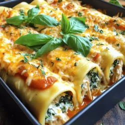 - 12 large manicotti pasta tubes - 2 cups cooked chicken, shredded - 1 cup fresh spinach, chopped - 1 cup ricotta cheese - 1 cup mozzarella cheese, shredded - 1/2 cup Parmesan cheese, grated - 1 teaspoon garlic powder - 1 teaspoon onion powder - 1 teaspoon Italian seasoning - 2 cups marinara sauce - Salt and pepper to taste The ingredients for Chicken and Spinach Stuffed Manicotti are simple yet full of flavor. You need large manicotti pasta tubes to hold the filling. I use cooked chicken, which adds protein and taste. Fresh spinach gives a pop of color and nutrients. Cheese is key in this dish. Ricotta cheese makes the filling creamy. Mozzarella cheese adds a gooey texture, while Parmesan cheese gives a nice, salty bite. For flavor, garlic powder, onion powder, and Italian seasoning are perfect. They blend well with the chicken and spinach. Marinara sauce ties the whole dish together. It adds moisture and a rich tomato taste. Don’t forget to season with salt and pepper. This recipe is all about balance. Each ingredient plays a role in making a delicious meal. You can find the full recipe at the end of this article. - Preheat your oven to 375°F (190°C). - Cook manicotti pasta according to package instructions until al dente. Drain and let cool slightly. - In a large bowl, combine shredded chicken, chopped spinach, ricotta cheese, 1/2 cup of mozzarella cheese, Parmesan cheese, garlic powder, onion powder, Italian seasoning, salt, and pepper. Mix well until all ingredients are combined. - Using a small spoon or piping bag, carefully stuff each manicotti tube with the chicken and spinach mixture. This step is key for flavor in every bite. - Spread 1 cup of marinara sauce evenly on the bottom of a 9x13 inch baking dish. This helps keep the pasta moist. - Arrange the stuffed manicotti in a single layer on top of the sauce. - Pour the remaining marinara sauce over the stuffed manicotti. Sprinkle the rest of the mozzarella cheese on top for that gooey texture. - Cover the dish with aluminum foil and bake in the preheated oven for 25 minutes. - Remove the foil and bake for an additional 10-15 minutes or until the cheese is bubbly and golden. This gives that nice crisp on top. For the full recipe, refer to the provided instructions. To make the stuffing easy, use a piping bag. It fills the manicotti tubes neatly. This method saves time and keeps your hands clean. Mix the chicken, spinach, and cheeses well. Good mixing ensures every bite has balanced flavor. Trust me, a well-mixed filling makes a big difference in taste. Cover the dish with foil while baking. This helps prevent the top from getting too brown. It also keeps the cheese nice and gooey. After baking, let the dish cool for a few minutes. Cooling helps the filling set. The texture will be perfect when you serve it. Serve your manicotti with a fresh salad or warm garlic bread. Both add a nice touch to the meal. For an extra pop of flavor, garnish with fresh basil. Just a few leaves brighten up the dish. If you want to explore more, check out the Full Recipe for tasty twists! {{image_2}} You can switch up the filling to keep things fresh. Try using ground turkey or beef instead of chicken. Both options add a rich flavor. You can also mix in other veggies. Mushrooms and bell peppers work well and add more color. They bring extra nutrients too. These fillings make the dish fun and unique. The sauce can change the whole vibe of the dish. If you want something creamy, use Alfredo sauce instead of marinara. It adds a nice richness. You can also try a pesto sauce. This gives a bright and fresh taste. Both options offer a twist on the classic recipe. Cheese can change how stuffed manicotti tastes. You can play around with different types. Feta or gouda can bring new flavors. They melt well and add a nice bite. If you're looking for a healthier option, use low-fat cheese. This keeps the dish lighter but still delicious. For the best results, mix and match until you find your favorite combo. For the full recipe, check out the [Full Recipe]. After enjoying your Chicken and Spinach Stuffed Manicotti, store any leftovers in an airtight container. This keeps the dish fresh and tasty. It is best to eat the leftovers within 3-4 days. The flavors will stay nice, and the meal will still be delightful. If you want to save some manicotti for later, freeze the unbaked dish. This is a smart way to have an easy meal ready for a busy night. When you're ready to eat it, bake from frozen at 375°F for 45-60 minutes. This way, you can enjoy the same great taste without any extra work. For quick meals, you can microwave individual portions. This is fast and simple, but it may not give you the best texture. If you want the best results, reheat in the oven. This restores that lovely, bubbly cheese texture we all love. Just cover it with foil to keep it moist while warming up. You will feel like you just made it fresh! Yes, you can prepare and assemble this dish before baking. Just refrigerate or freeze it. If you choose to freeze, be sure to cover it well to avoid freezer burn. When you are ready to bake, simply thaw it overnight in the fridge. This makes meal planning simple and saves time during busy days. Bake for 25 minutes covered with foil, then remove the foil for an additional 10-15 minutes. This helps the cheese on top become nice and bubbly. Keep an eye on it during the last few minutes to avoid over-browning. You want that perfect golden finish that makes the dish look inviting. Absolutely! This recipe stores well and can be reheated easily for planned meals. You can make a big batch and divide it into portions. Store them in airtight containers in the fridge for up to four days. Just warm them in the microwave or oven when you're ready to enjoy. This makes dinner time a breeze! For the full recipe, check the section above. We covered a delicious Chicken and Spinach Stuffed Manicotti recipe. You learned about the key ingredients, step-by-step instructions, and tips for perfecting your dish. Try different fillings and sauces to make it your own. This dish not only tastes great but also stores well, making it ideal for meal prep. Enjoy cooking, and don’t hesitate to experiment with flavors. You’ll impress friends and family with this easy, tasty recipe!