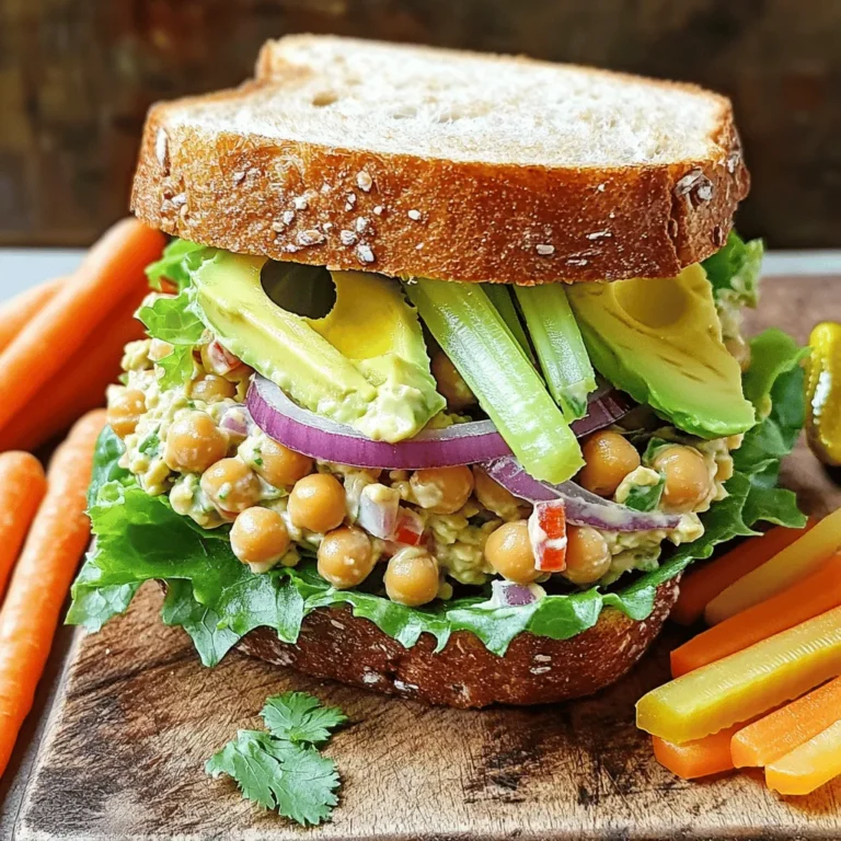 - 1 can (15 oz) chickpeas, drained and rinsed - 1/4 cup vegan mayonnaise - 1 tablespoon Dijon mustard - 1 tablespoon lemon juice - 1/4 cup red onion, finely chopped - 1/4 cup celery, finely diced - 1/4 cup red bell pepper, diced - 1 tablespoon fresh dill (or 1 teaspoon dried dill) - Salt and pepper to taste - 4 slices of whole grain bread - Lettuce leaves for serving - Optional: Sliced avocado or tomato for extra toppings When it comes to making a chickpea salad sandwich, you'll want to gather some simple ingredients. First, chickpeas are the star. They give this dish its hearty base. You can use canned chickpeas, which are easy and quick. Just drain and rinse them well. Next, vegan mayonnaise adds creaminess. I like to use about a quarter cup for a nice texture. Dijon mustard adds a tangy kick. Just one tablespoon is all you need. A splash of lemon juice brightens the flavors and keeps everything fresh. Now, for some crunch, add red onion, celery, and red bell pepper. Each of these veggies brings its own flavor. I recommend finely chopping them for the best bite. Fresh dill adds a lovely herb taste. If you don't have fresh dill, dried will work too. Finally, don't forget to season. A pinch of salt and pepper will enhance all the flavors. You will also need whole grain bread to serve your salad. Lettuce leaves make a nice, crisp layer. If you want something extra, sliced avocado or tomato can make it even better. For the full recipe, check out the Chickpea Delight Salad Sandwich. - First, open a can of chickpeas and drain them well. Rinse them under cold water. - Use a fork or potato masher to mash the chickpeas. Aim for a chunky texture, not smooth. - Next, add 1/4 cup of vegan mayonnaise, 1 tablespoon of Dijon mustard, and 1 tablespoon of lemon juice to the bowl. Combine these ingredients well. - Now, add in 1/4 cup of chopped red onion, 1/4 cup of finely diced celery, and 1/4 cup of diced red bell pepper. - Toss in 1 tablespoon of fresh dill, or use 1 teaspoon of dried dill if fresh isn't available. - Season with salt and pepper to taste. Mix everything until all the ingredients are well-coated. - Toast 4 slices of whole grain bread to your liking. - On two of the toasted slices, layer a generous amount of your chickpea salad mixture. - For extra creaminess, add optional toppings like sliced avocado or tomato. - Place a lettuce leaf on top of the salad mixture, then close the sandwiches with the other slices of toast. - Finally, cut the sandwiches in half and serve them fresh. Enjoy your meal! For the full recipe, be sure to check out Chickpea Delight Salad Sandwich. To make your chickpea salad sandwich shine, use ripe avocado. It adds creaminess and rich flavor. You can also adjust the mustard and lemon juice to suit your taste. A bit more mustard gives a tangy kick, while extra lemon juice brightens the dish. Serve your sandwich with pickle slices or crunchy carrot sticks. They add a nice contrast and make your meal more fun. For a lovely touch, garnish your plates with fresh dill. It looks pretty and adds a burst of flavor. You can prepare the chickpea salad ahead of time. Just store it in the fridge until you’re ready to eat. When it’s time to serve, toast the bread for the best texture. Freshly toasted bread makes the sandwich even better! {{image_2}} You can easily change the taste of your chickpea salad. Try adding chopped pickles or relish for a tangy crunch. This little tweak can make your sandwich pop with flavor. You can also include spices like cumin or paprika for extra warmth. These spices bring depth and make each bite exciting. If you want a different twist, swap vegan mayo for tahini. This swap gives your salad a nutty flavor and creamy texture. Also, feel free to use different types of bread. Ciabatta or wraps work well and provide a fresh take on the classic sandwich. Seasonal veggies can add fun to your salad. In summer, toss in fresh cucumber for a light and crisp bite. In winter, roasted veggies can make your sandwich hearty and warm. Using seasonal produce not only tastes great but also helps support local farmers. You should store any leftover chickpea salad in an airtight container in the fridge. This keeps it fresh and prevents odors from mixing. It's best to keep the bread separate. This way, it stays fresh and does not get soggy. If stored properly, you can enjoy the chickpea salad for 3-4 days. After this time, the flavors may fade, and the texture can change. Avoid freezing the assembled sandwich. Freezing may alter the texture, making it less enjoyable. This sandwich is best enjoyed cold. However, if you want a warm touch, you can toast the bread again. This refreshes the sandwich and gives it a nice crunch. Just be careful not to over-toast it! You can use hummus or avocado as a tasty substitute. Hummus adds a nice creaminess and flavor. Avocado gives a rich texture and healthy fats. Both options keep the sandwich moist and delicious. You might enjoy experimenting with these choices to find your favorite. Yes, this sandwich works well for meal prep. You can make the chickpea salad ahead of time. Just store it in an airtight container in the fridge. Keep the salad separate from the bread. This way, your bread stays fresh and crisp. When you’re ready to eat, just toast the bread and assemble your sandwich. Absolutely! This sandwich is a great option for kids. It is packed with nutrients and flavors they usually love. The chickpea salad is fun to eat and easy to customize. You can add extra toppings like sliced tomatoes or avocado. Kids enjoy making their sandwiches just how they like them! This blog post shared a simple and tasty chickpea sandwich recipe. We covered key ingredients, step-by-step instructions, and tips for making it even better. You can customize the flavor and storage options to fit your needs. Chickpea sandwiches are not only easy to make but also packed with nutrients. Enjoy this recipe for a quick lunch or meal prep. Try it out and taste the goodness for yourself!