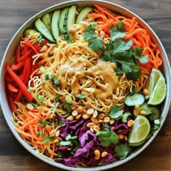- 8 oz rice noodles - 1 red bell pepper, thinly sliced - 1 cup shredded carrots - 1 cup cucumber, julienned - 1 cup red cabbage, shredded - 1/2 cup fresh cilantro, chopped - 1/4 cup green onions, sliced - 1/2 cup roasted peanuts, roughly chopped In this salad, rice noodles serve as the base. They soak up the flavors well. Fresh veggies add crunch and color. Red bell pepper gives sweetness. Carrots add a nice pop of orange. Cucumber refreshes every bite. Red cabbage brings a lovely crunch. Fresh herbs like cilantro brighten the dish. Green onions add a mild onion flavor. Roasted peanuts give a delicious crunch and nuttiness. - 1/4 cup peanut butter (creamy) - 2 tablespoons soy sauce - 1 tablespoon sesame oil - 1 tablespoon honey or maple syrup - 2 tablespoons lime juice - 1 teaspoon sriracha (adjust for heat preference) - 1-2 tablespoons warm water (to thin dressing as needed) The dressing makes the salad shine. Peanut butter is rich and creamy. Soy sauce adds a savory touch. Sesame oil brings a nutty flavor. Honey or maple syrup balances the salt. Lime juice adds tang. Sriracha gives a kick; adjust it for heat. Warm water helps reach the perfect texture. You can find the full recipe with measurements and instructions. To start, you will need to cook the rice noodles. Follow the package instructions closely. Usually, you boil water and add the noodles. Cook them until they are soft but still firm. Then, drain the noodles. Next, rinse the noodles under cold water. This step is key. Rinsing helps to prevent the noodles from sticking together. Once rinsed, set them aside while you prepare the dressing and salad. For the dressing, gather these ingredients: - 1/4 cup peanut butter (creamy) - 2 tablespoons soy sauce - 1 tablespoon sesame oil - 1 tablespoon honey or maple syrup - 2 tablespoons lime juice - 1 teaspoon sriracha (adjust for heat preference) - 1-2 tablespoons warm water (to thin dressing as needed) In a mixing bowl, whisk together the peanut butter, soy sauce, sesame oil, honey or maple syrup, lime juice, and sriracha. You can use a fork or a small whisk. If the dressing is too thick, add warm water one tablespoon at a time. Mix well until you reach your desired consistency. You want it smooth but not too runny. Now, it’s time to bring it all together! In a large serving bowl, combine the cooked noodles and chopped vegetables: - 1 red bell pepper, thinly sliced - 1 cup shredded carrots - 1 cup cucumber, julienned - 1 cup red cabbage, shredded - 1/2 cup fresh cilantro, chopped - 1/4 cup green onions, sliced Gently mix all the ingredients. This step ensures that every bite has a bit of everything. Next, pour the peanut dressing over the noodles and vegetables. Toss the salad gently. You want to make sure everything gets a nice coating of that delicious dressing. For a final touch, you can top the salad with chopped roasted peanuts. This adds an extra crunch, making it even more enjoyable. If needed, adjust the seasoning with more soy sauce or lime juice. Now you are ready to enjoy your fresh and flavorful Thai peanut noodle salad! To get the most authentic taste, choose high-quality peanut butter. Look for the kind that contains only peanuts and salt. This gives a rich and natural flavor. Next, balance your dressing. Use fresh lime juice for brightness and sriracha for a kick. Adjust these to match your taste. A little tartness and spice make all the difference. Prep your vegetables in advance. Slice your bell peppers, shred your carrots, and julienne your cucumber. You can store these in the fridge until you’re ready to use them. Also, store your noodles separately. This keeps them from clumping together. Rinse them under cold water after cooking. This helps keep them light and fluffy. For a great presentation, serve the salad in a large bowl or platter. Garnish with extra cilantro and peanuts on top. This adds color and texture. You can also add lime wedges on the side. They look nice and give a fresh burst of flavor. For those who love crunch, try adding crispy shallots or sesame seeds as a garnish. Enjoy this fresh and colorful dish! {{image_2}} You can easily boost the protein in your Thai Peanut Noodle Salad. Grilled chicken, shrimp, or tofu add great flavor and texture. If you want a vegetarian option, tofu works well. You can pan-fry it for a crispy edge. For an easy method, use pre-cooked shrimp. Just toss them in with the other ingredients. Feel free to mix in other vegetables too. Snap peas, carrots, or bell peppers add crunch and color. You can also use seasonal veggies like zucchini or radishes. This keeps the salad fresh and exciting. Look for what’s in season at your local market. Each season brings new flavors to explore. If you want a lower-calorie dressing, try using less peanut butter. You can mix in more lime juice or vinegar for tang. For a vegan version, swap honey with maple syrup or agave nectar. These options still keep it sweet while making it plant-based. Adjust the sriracha to make it milder or spicier based on your taste. For the full recipe, check out the detailed steps earlier in the article. Your Thai peanut noodle salad can stay fresh in the fridge for about three to five days. To keep it tasty, store it in an airtight container. This helps lock in flavors and prevents it from drying out. If you add the dressing right away, it may get soggy. Instead, keep the dressing separate until you’re ready to eat. Freezing this salad is not ideal, but you can do it. However, some ingredients won't hold up well. If you choose to freeze it, make sure to use a freezer-safe container. This will help avoid freezer burn. When you want to eat it, thaw it in the fridge overnight. Avoid refreezing after thawing, as it can change the texture. Enjoy it fresh for the best flavor! To make this salad vegan, swap a few key ingredients. Use maple syrup instead of honey. This keeps the sweetness but makes it plant-based. You can also replace the soy sauce with tamari for a gluten-free option. If you want a creamier dressing, you can use almond or cashew butter instead of peanut butter. Lastly, check your rice noodles. Some brands are vegan, while others may have egg. Look for 100% rice noodles. Yes, you can make the salad ahead of time. Prepare it up to a day in advance. Store the salad and dressing separately. This keeps the noodles and veggies crisp. When you are ready to eat, mix them together. If you want to store it longer, keep the salad in the fridge for up to three days. It may lose some crunch but will still taste great. You can serve this salad with many side dishes. Grilled chicken or shrimp pairs well for added protein. You can also enjoy it with spring rolls for a light meal. For a fresh touch, serve with lime wedges. These add brightness to the flavors. Another great option is a light soup, like miso or vegetable broth. These sides will round out your meal perfectly. Enjoy your culinary adventure with this Thai Peanut Noodle Salad! Thai peanut noodle salad is fresh, flavorful, and easy to make. We covered key ingredients, the dressing, and step-by-step instructions. You learned how to add proteins and other vegetables for variety. Remember to store it correctly to keep it fresh. This salad is versatile, quick, and perfect for busy days. Enjoy making it your own, and share it with friends and family. With these tips, you’ll create a dish everyone will love. Now, get cooking and relish each bite!